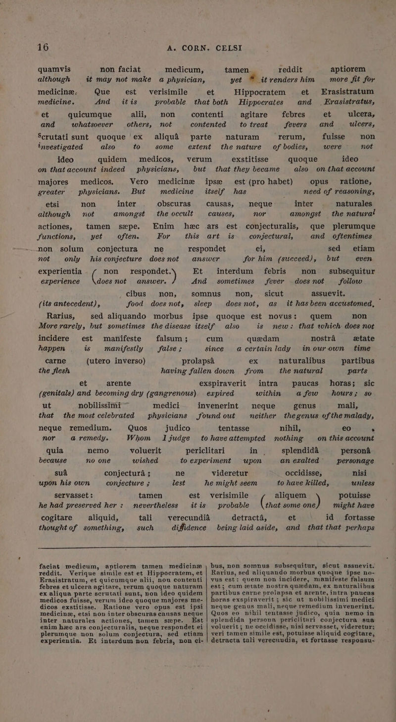 quamvis non faciat although Que verisimile And quicumque whatsoever est it is medicine, medicine. et and alii, others, non not aliqua some Scrutati sunt quoque ex tnvestigated also to ideo quidem medicos, on that account indeed physicians, Vero medicine But medicine inter amongst medicos. physicians. majores greater obscuras the occult non not etsi although actiones, Enim hec Junctions, tamen spe. yet often. For this conjectura ne his conjecture does not non solum not only experientia Et experience non does not respondet. answer. cibus non, (its antecedent), food does not, Rarius, sed aliquando morbus manifeste manifestly est is incidere happen falsum ; false ; carne the flesh (utero inverso) et arente (genitals) and becoming dry (gangrenous) ut nobilissimi ~ that the most celebrated medici physicians neque remedium. nor @ remedy. Quos Whom voluerit wished judico I judge quia because nemo no one sua upon his own conjectura ; conjecture ; ne lest servasset : est he had preserved her : tamen nevertheless tali such cogitare aliquid, thought of something, aptiorem more fit for Erasistratum _ Krasistratus, et and tamen. reddit yet * it renders him Hippocratem et and et ulcera, ulcers, febres Severs agitare to treat fuisse were non not naturam the nature ‘rerum, of bodies, quoque ideo also on that account exstitisse that they became ipse est’ (pro habet) itself has causas, CAUSES, opus ratione, need of reasoning, naturales the natura! inter amongst que plerumque and oftentimes neque nor ars est conjecturalis, art is conjectural, etiam even sed but subsequitur follow assuevit. it has been accustomed, ei, for him (succeed), interdum _ febris sometimes fever non does not sicut as non, does not, quem non new: that which does not nostra ztate in ourown time partibus parts horas; hours ; is cum queedam a certain lady naturalibus the natural ex sic so intra within paucas expired a few neque genus mali, neither thegenus of the malady, nihil, tentasse eo . on this account splendida persona an exalted personage in . upon nisi unless potuisse might have occidisse, to have killed, aliquem ) that some one et id fortasse and that that perhaps videretur verisimile probable detracta, being laid aside, faciat medicum, aptiorem tamen medicinz reddit. Verique simile est et Hippocratem, et Erasistratum, et quicumque alii, nou contenti febres et ulcera agitare, rerum quoque naturam ex aliqua parte scrutati sunt, non ideo quidem medicos fuisse, verum ideo quoque majores me- dicos exstitisse. Ratione vero opus est ipsi medicine, etsi non inter obscuras causas neque inter naturales actiones, tamen sepe. Est enim hee ars conjecturalis, neque respondet ei plerumque non solum conjectura, sed etiam experientia. Et interdum non febris, non ci- bus, non somnus subsequitur, sicut assnevit. Rarius, sed aliquando morbus quoqne ipse no- vus est: quem non incidere, manifeste falsum est; cum etate nostra quedam, ex naturalibus partibus carne prolapsa et arente, intra paucas horas exspiraverit 5 sic ut nobilissimi medici neque genus mali, neque remedium invenerint. Quos eo nihil tentasse judico, quia nemo in splendida persona periclitari conjectura sua voluerit ; ne occidisse, nisi servasset, videretur; veri tamen simile est, potuisse aliquid cogitare, detracta tali verecundia, et fortasse responsu-