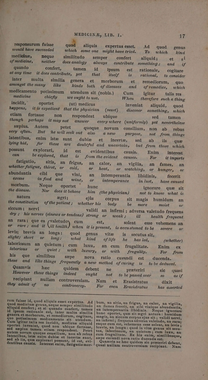 responsurum fuisse aul aliquis _expertusesset. Ad quod genus would have succeeded which some one might have tried. To which kind medicinz, neque similitudo semper confert aliquid; et si of medicine, neither doesanalogy always contribute something; and if quando confert, tamen id ipsum est rationale, cogitare atany time it does contribute, yet that ttself is rational, to consider inter multa similia genera et morborum et remediorum, quo amongst the many like Kinds both of diseases and of remedies, which medicamento potissimum utendum sit (nobis.) Cum igitur talis res medicine chiefly we ought to use. When therefore such a thing incidit, ° oportet (ut) medicus inveniat aliquid, quod happens, itis expedient that the physician (must) discover something, which etiam fortasse non respondeat ubique sed tamen though perhaps it maynot answer every where (uniformly) yet nevertheless sepius. Autem petet quoque novum consilium, non ab rebus very often. But he will seek out also a new purpose, not from things latentibus, enim iste sunt dubize et incerte, | sed...ab iis que lying hid, for these are doubtful and uncertain, but from those which possunt ex plorari, id est evidentibus causis. Enim interest can be explored, that is from the evident causes. For it imports fatigatio, Sitis, an frigus, an calor, an_ vigilia, am fames, an whether fatigue, thirst, or cold, or heat, or watching, or hunger, or abundantia cibi que vini, an _ intemperantia libidinis, fecerit excess in food and wine, or intemperance in lust, have caused morbum. Neque_ ooportet © hunc ignorare que sit the disease. Nor doesitbehove him (the physician) not to know what is natura egris ejis corpus sit magis humidum an the constitution of the patient ; whether his body be more moist or siccum; nervi validi an infirmi; adversa valetudo frequens dry ; his nerves (sinews or tendons) strong or weak; ill health frequent an frara; que ea /valetudo\ cum est, soleat esse vehemens an or rare; and it \ill health) when it is present, isaccustomed tobe severe ox levis; brevis an longa: quod genus vite is secutus sit, slight; short or long: what kind oflife he has ied, (whether) laboriosum an quietum; cum luxu, an cum frugalitate. Enim = ex laborious or quiet ; with luxury, or with frugality. For. from his que _ similibus szepe nova ratio curandi_ est ducenda. these and like things frequently anew method ofcuring is to be deduced. Quamvis hee quidem debent ne preteriri sic quasi However these things indeed ought not to be passed over SO as if recipiant nullam controversiam, Nam et Erasistratus dixit they admit of no controversy. For even Erasistratus has asserted lp a aR ee rum fuisse id, quod aliquis esset expertus. Ad |bum, an sitis, an frigus, an calor, an vigilia, quod medicinz genus, neque semper similitudo | an fames fecerit, an cibi vinique abundantia, aliquid confert; et si quando confert, tamen | an intemperantia libidinis. Neque ignorare id ipsum rationale est, inter multa similia | hune Oportet, que sit egri natura: humidum genera et morborum, et remediorum, cogitare, ; magis, an siccum corpus ejus sit ; validi nervi, quo potissimum medicamento sit utendum: an infirmi; frequens adversa valetudo, an rara; Cum igitur talis res incidit, medicus aliquid eaque cum est, vehemens esse soleat, an levis ; oportet inveniat, quod non ubique fortasse, | brevis, an longa: quod is vite genus sit secu- sed szpius tamen etiam respondeat. Petet | tus, laboriosum, an quietum; cum luxu, an autem novum quoque consilium, non ab rebus | cum frugalitate. Ex his enim, similibusque, latentibus, iste enim dubiw et incerte sunt, | swpe curandi nova ratio ducenda est. sed ab iis, que explorari possunt, id est, evi- Quamvis ne hac quidem sic preeteriri debent, dentibus causis. Interest enim, fatigatiomor- ! quasi nullam controversiam recipiant. Nam
