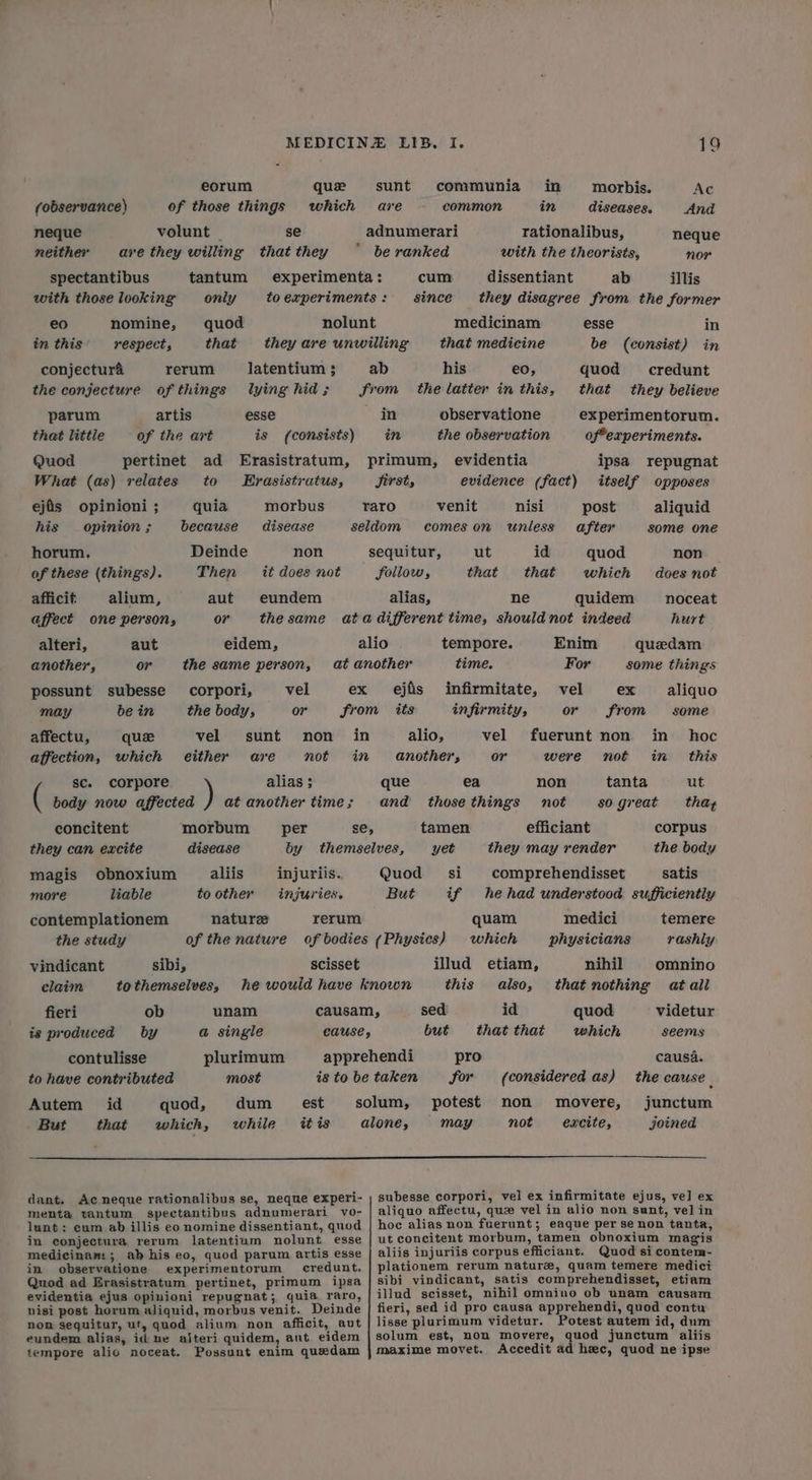 eorum que sunt communia in morbis. Ac (observance) of those things which are common in diseases. And neque volunt _ se adnumerari rationalibus, neque neither ave they willing thatthey ° be ranked with the theorists, nor spectantibus tantum experimenta: cum dissentiant ab illis with those looking only toexperiments: since they disagree from the former eo nomine, quod nolunt medicinam esse in tn this respect, that they are unwilling that medicine be (consist) in conjectura rerum latentium; ab his eo, quod = credunt the conjecture of things lying hid; from the latter in this, that they believe parum artis esse in observatione experimentorum. that littie of the art is (consists) in the observation offexperiments. Quod pertinet ad Erasistratum, primum, evidentia ipsa repugnat What (as) relates to Erasistratus, Sirst, evidence (fact) itself opposes ejis opinioni ; quia morbus Taro venit nisi post aliquid his opinion; because disease seldom comeson unless after some one horum. Deinde non sequitur, ut id quod non of these (things). Then it does not follow, that that which doesnot afficit: alium, aut eundem alias, ne quidem noceat affect one persons or the same ata different time, should not indeed hurt alteri, aut eidem, alio tempore. Enim quedam another, or the same person, at another time. For some things possunt subesse corpori, vel ex ejfis infirmitate, vel ex aliquo may be in the body, or from tts infirmity, or «from some affectu, que vel sunt non in alio, vel fuerunt non in hoc affection, which either are not in another, or were not im this sc. corpore alias ; que ea non tanta ut ( body now affected at another time; and thosethings not sogreat thay concitent morbum per se, tamen efficiant corpus they can excite disease by themselves, yet they may render the body magis obnoxium aliis injuriis. Quod si comprehendisset satis more liable to other injuries. But if hehad understood sufficiently contemplationem nature rerum quam medici temere the study of the nature of bodies (Physics) which physicians rashly vindicant sibi, scisset illud etiam, nihil omnino claim tothemselves, he would have known this also, that nothing atail fieri ob unam causam, sed id quod. videtur is produced by a single CAUSE y but thatthat which seems contulisse plurimum apprehendi pro causa. to have contributed most istobetaken for (considered as) the cause 4 Autem id quod, dum _ est solum, potest non movere, junctum But that which, while it is alone, may not excite, joined subesse corpori, vel ex infirmitate ejus, ve] ex aliquo affectu, qu vel in alio non sunt, vel in hoe alias non fuerunt; eaque per se non tanta, ut concitent morbum, tamen obnoxium magis aliis injuriis corpus efficiant. Quod si contem- plationem rerum nature, quam temere medici sibi vindicant, satis comprehendisset, etiam illud scisset, nihil omnino ob unam causam fieri, sed id pro causa apprehendi, quod contu dant. Ac neque rationalibus se, neque experi- menta tantum spectantibus adnumerari vo- lunt: cum ab illis eo nomine dissentiant, quod in conjectura rerum latentium nolunt esse medicinam; ab his eo, quod parum artis esse in observatione experimentorum § credunt. Quod ad Erasistratum pertinet, primum ipsa evidentia ejus opinioni repugnat; quia raro, nisi post horum aliquid, morbus venit. Deinde | fi é C 1 non sequitur, ut, quod alinm non afficit, aut | lisse plurimum videtur. Potest autem id, dum eundem alias, id ue ajteri quidem, aut eidem | solum est, non movere, quod junctum aliis tempore alio noceat. Possunt enim quedam | maxime movet. Accedit ad hxc, quod ne ipse