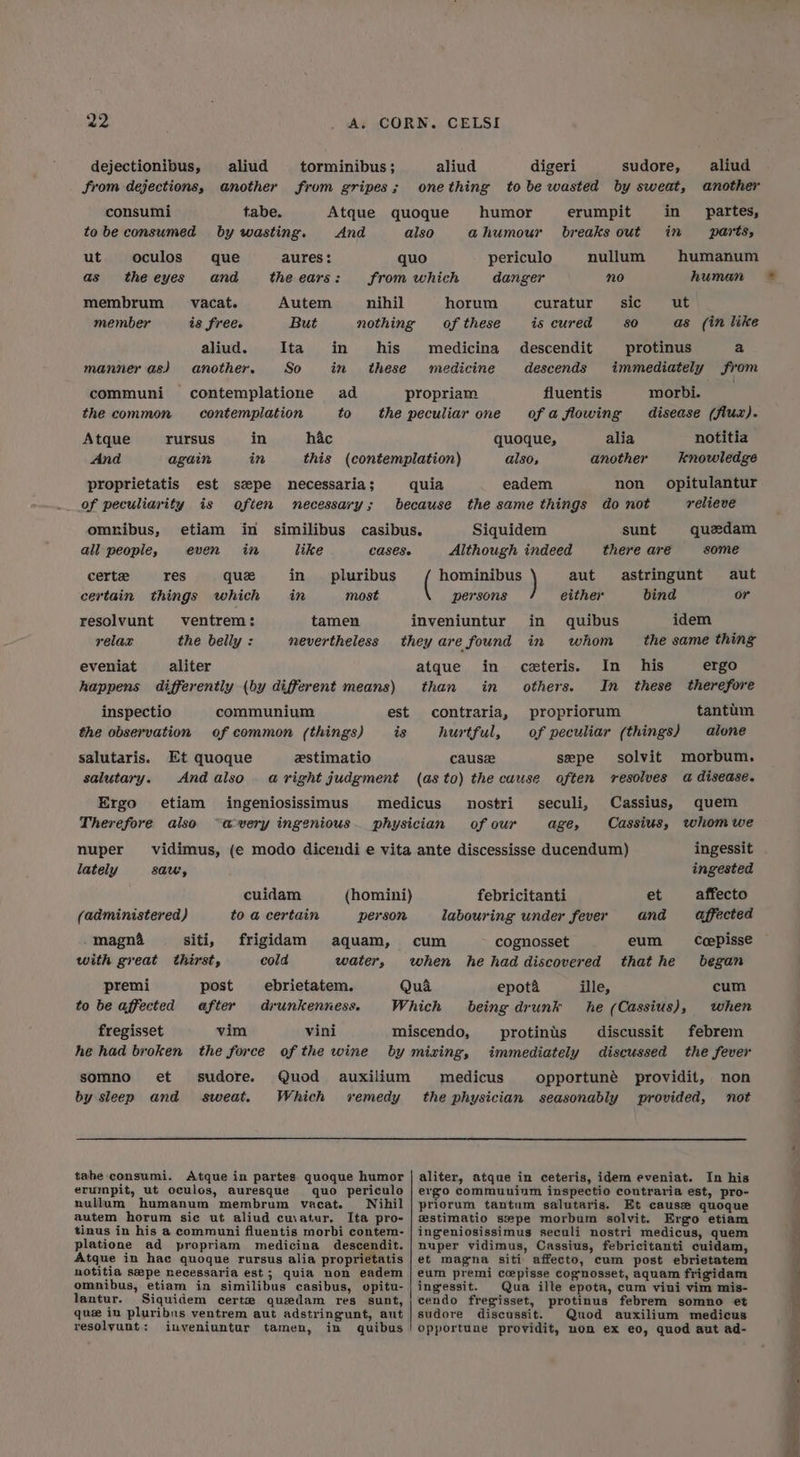 dejectionibus, aliud torminibus; aliud digeri sudore, aliud from dejections, another from gripes; onething tobe wasted by sweat, another consumi tabe. Atque quoque humor erumpit in partes, to be consumed by wasting. And also ahumour breaks out in parts, ut oculos que aures: quo periculo nullum humanum as theeyes and the ears: from which danger no human membrum__—-vacat. Autem nihil horum curatur sic ut member is frees But nothing ofthese is cured 80 as (in like aliud. Ita in his medicina descendit protinus a manner as) another. So in these medicine descends immediately from communi contemplatione ad propriam fluentis morbi. the common contemplation to the peculiar one ofa flowing disease (flux). Atque rursus in hac quoque, alia notitia And again in this (contemplation) also, another knowledge proprietatis est szpe necessaria; quia eadem non opitulantur of peculiarity is often necessary; because the same things do not relieve omnibus, etiam in similibus casibus. Siquidem sunt quedam all people, even in like CASES. Although indeed there are some certe res que in pluribus Gore aut astringunt aut certain things which in most persons either bind or resolvunt ventrem: tamen inveniuntur in quibus idem relax the belly : nevertheless they are found in whom the same thing eveniat aliter atque in ceteris. In _ his ergo happens differently (by different means) than in others. In these therefore inspectio communium est contraria, propriorum tantim the observation of common (things) is hurtful, of peculiar (things) alone salutaris. Et quoque estimatio cause sepe solvit morbum. salutary. Andalso . aright judgment (as to) the cause often resolves a disease. Ergo etiam ingeniosissimus medicus nostri seculi, Cassius, quem Therefore also “avery ingenious. physician ofour age, Cassius, whomwe nuper vidimus, (e modo dicendi e vita ante discessisse ducendum) ingessit lately sau, ingested cuidam (homini) febricitanti et affecto (administered) to a certain person labouring under fever and affected . magna siti, frigidam aquam, cum cognosset eum _ Ceepisse with great thirst, cold water, when he had discovered thathe began premi post ebrietatem. Qua epot& ille, cum to be affected after drunkenness. Which being drunk he (Cassius), when fregisset vim vini miscendo, protints discussit febrem he had broken the force of the wine by mixing, immediately discussed the fever somno et sudore. Quod auxilium medicus opportuné providit, non by sleep and sweat. Which vemedy the physician seasonably provided, not tabe consumi. Atque in partes. quoque humor | aliter, atque in ceteris, idem eveniat. In his erumpit, ut oculos, auresque quo periculo | ergo commuuium inspectio coutraria est, pro- nullum humanum membrum vacat. Nihil | priorum tantum salutaris. Et cause quoque autem horum sic ut aliud cu.atur. Ita pro- | estimatio s#pe morbum solvit. Ergo etiam tinus in his a communi fluentis morbi contem- | ingeniosissimus seculi nostri medicus, quem platione ad propriam medicina descendit. | nuper vidimus, Cassius, febricitanti cuidam, Atque in hac quoque rursus alia proprietatis | et magna siti affecto, cum post ebrietatem notitia sepe necessaria est; quia non eadem | eum premi ceepisse cognosset, aquam frigidam omnibus, etiam in similibus casibus, opitu- | ingessit. Qua ille epota, cum vini vim mis- lantur. Siquidem certe quedam res sunt, | cendo fregisset, protinus febrem somno et que in pluribus ventrem aut adstringunt, aut |sudore discussit. Quod auxilium medicus resolyunt: inveniuntur tamen, in quibus! opportune providit, non ex eo, quod aut ad-