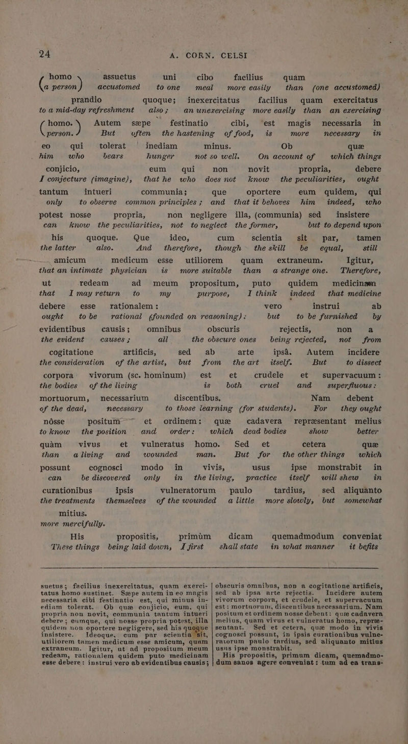 homo assuetus uni cibo facilius quam Gs anes accustomed toone meal more easily than (one accustomed) prandio quoque; inexercitatus facilius quam _ exercitatus to a mid-day refreshment also; anunezercising more easily than an exercising homo. Autem szpe festinatio cibi, ‘est magis mnecessaria in person. But often the hastening of food, is more necessary in eo qui _—_—tolerat inediam minus. Ob qu him who bears hunger not so well. On account of which things conjicio, eum qui non novit propria, debere I conjecture (imagine), thathe who doesnot know the peculiarities, ought tantum intueri communia; que oportere eum quidem, qui only to observe common principles; and that it behoves him indeed, who potest nosse propria, non negligere illa, (communia) sed insistere his quoque. Que ideo, cum scientia sit par, tamen the latter also. And therefore, though the skill be equal, still amicum medicum esse _ utiliorem quam = extraneum. Igitur, that an intimate physician is more suitable than a strange one. Therefore, ut redeam ad meum propositum, puto quidem medicinam that Imayreturn to my purpose, I think indeed that medicine debere esse rationalem: vero instrui ab ought tobe rational (fownded on reasoning) : but to be furnished by evidentibus causis ; omnibus obscuris rejectis, non a the evident causes 3 all __—i the obscure ones being rejected, not from cogitatione artificis, sed ab arte ipsa. Autem incidere the consideration of the artist, but from theart itself. But to dissect corpora: vivorum (sc. hominum) — est et crudele et supervacuum : the bodies of the living is both cruel and superfluous : Mortuorum, necessarium discentibus. Nam debent of the dead, necessary to those learning (for students). For they ought nosse positum ~~ et ordinem: que _ cadavera representant melius to know the position and order: which dead bodies show better quam vivus et vulneratus homo. Sed et cetera qua than aliving and wounded man. But for the other things which possunt cognosci modo in vivis, usus ipse monstrabit in can be discovered only in theliving, practice itself will shew in curationibus ipsis vulneratorum paulo tardius, sed aliquanto the treatments themselves of the wounded alittle more slowly, but somewhat mitius. more mercifully. His propositis, primum dicam quemadmodum conveniat These things being laid down, J first shall state in what manner it befits suetus; facilius inexercitatus, quam exerci- | obscuris omnibus, nop a cogitatione artificis, tatus homo sustinet. Sspe autem in eo magis | sed ab ipsa arte rejectis. Incidere autem necessaria cibi festinatio est, qui minus in- | vivorum corpora, et crudeie, et supervacuum ediam tolerat. Ob que conjicio, eum, qui | est: mortuorum, discentibus necessarium. Nam propria non novit, communia tantum intueri | positum et ordinem nosse debent: que cadavera debere ; eumque, qui nosse propria potest, illa | melius, quam vivus et vulneratus homo, repre- quidem non oportere negligere, sed his quoque | sentant. Sed et cetera, que modo in vivis insistere. Ideoque, cum par scientia sit, | cognosci possunt, in ipsis curationibus vulne- utiliorem tamen medicum esse amicum, quam |ravorum paulo tardius, sed aliquanto mitius extraneum. Igitur, ut ad propositum meum | usns ipse monstrabit. redeam, rationalem quidem puto medicinam | His propositis, primum dicam, quemadmo- esse debere: instrui vero ab evidentibus causis; | dum sanos agere conyeniat: tum ad ea trans-