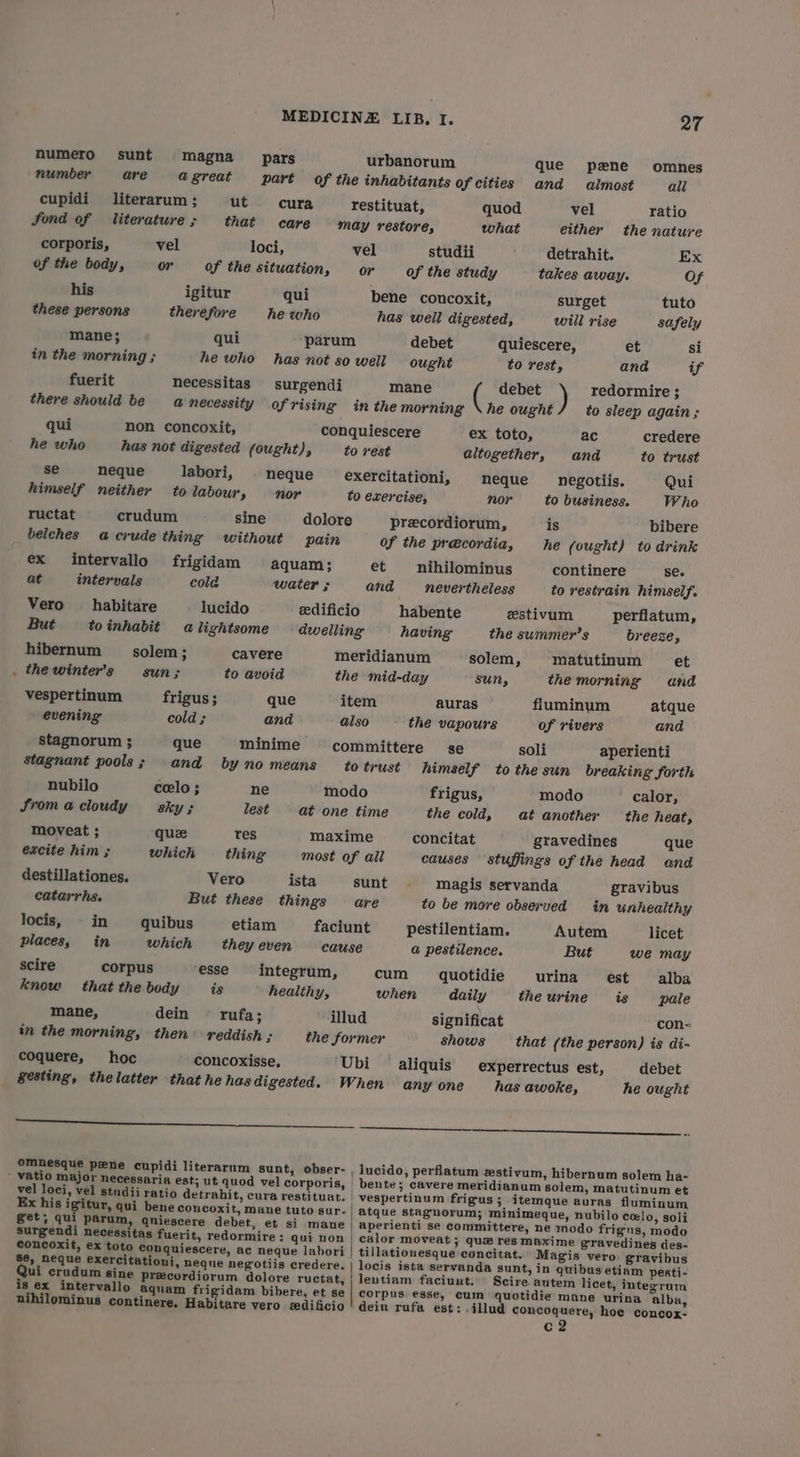 numero sunt magna pars urbanorum que pene omnes number are agreat part of the inhabitants of cities and almost ali cupidi literarum; ut cura restituat, quod vel ratio fond of literature; that care may restore, what either the nature corporis, vel loci, vel studii detrahit. Ex of the body, or of the situation, or of the study takes away. Of his igitur qui bene concoxit, surget tuto these persons therefore he who has well digested, will rise safely mane; qui parum debet quiescere, et si in the morning ; he who has not so well ought to rest, and if fuerit necessitas surgendi mane ( debet redormire ; there should be a necessity ofrising in the morning \ he ought to sleep again ; qui non concoxit, conquiescere ex toto, ac credere he who has not digested (ought), to rest altogether, and to trust se neque labori, neque =—exercitationi, neque _negotiis. Qui himself neither to labour, nor to exercise, nor to business. Who ructat crudum sine dolore precordiorum, is bibere belches a crude thing without pain of the precordia, he (ought) to drink ex intervallo frigidam aquam; et nihilominus continere Se. at intervals cola water ; and nevertheless to restrain himself. Vero _habitare lucido edificio habente eestivum perflatum, But toinhabit alightsome dwelling having the summer’s breeze, hibernum solem; cavere meridianum solem, matutinum et the winter's sun; to avoid the mid-day SUN, the morning and vespertinum frigus ; que item auras fluminum atque evening cold ; and also the vapours of rivers and stagnorum ; que minime ~committere se soli aperienti stagnant pools; and by no means to trust himself to the sun breaking forth nubilo celo ; ne modo frigus, modo calor, Sromacloudy sky; lest at one time the cold, at another the heat, moveat ; quee res maxime concitat gravedines que excite him ; which — thing most of all causes stuffings of the head and destillationes, Vero ista sunt . magis servanda gravibus catarrhs. But these things are to be more observed in unhealthy locis, in quibus etiam faciunt pestilentiam. Autem licet places, in which they even cause a pestilence. But we may scire corpus esse integrum, cum quotidie urina est alba know that the body is healthy, when daily the urine is pale mane, dein = rufa; illud significat con in the morning, then reddish A the former shows that (the person) is di- coquere, hoc concoxisse, ‘Ubi — aliquis _experrectus est, debet gesting, thelatter that he has digested. When anyone has awoke, he ought a ee omnesque pene cupidi literarnm sunt, obser- , lucido, perflatum zestivum, hibernum solem ha- vel loci, vel stndii ratio detrahit, cura restituat. | vespertinum frigus ; itemque auras fluminum Ex his igitur, qui bene concoxit, mane tuto sur- | atque stagnorum; minimeque, nubilo colo, soli get; qui parum, qniescere debet, et si mane | aperienti se committere, ne modo frigns, modo Surgendi necessitas fuerit, redormire: qui non | calor moveat ; que res maxime gravedines des- concoxit, ex toto Conquiescere, ac neque labori | tillationesque concitat.’ Magis vero gravibus Se, neque exercitationi, neque negotiis credere. locis ista servanda sunt, in quibus etiam pesti- ui crudum sine precordiorum dolore ructat, | leutiam faciunt. Scire autem licet, integrum is ex intervallo aquam frigidam bibere, et se | corpus esse, cum quotidie mane urina alba, nihilominus continere. Habitare vero edificio ‘dein rufa est: .illud concoquere, hoe concox- c2