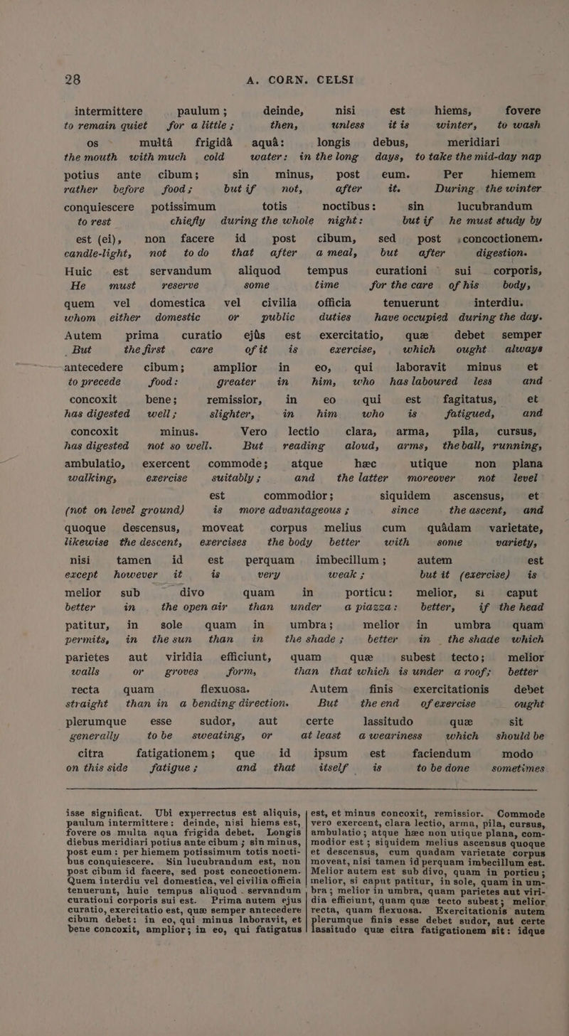 intermittere to remain quiet paulum ; for a little ; frigida cold then, aqua: water: Os multa the mouth with much sin but if cibum ; food ; potissimum ante before conquiescere to rest potius rather totis non facere not todo servandum VESEVVE vel domestica either domestic est (ei), candle-light, id post that after aliquod some est must Huic He quem whom civilia public ejis of it amplior greater vel or curatio care Autem _ But antecedere to precede prima the first cibum ; food: concoxit bene; has digested weil; est is in in in in remissior, slighter, concoxit has digested ambulatio, walking’, Vero But commode; suitably ; est is minus. not so weil. exercent exercise (not on level ground) quoque' descensus, likewise the descent, id it - divo the open air moveat exercises est is tamen however nisi except perquam very sub in melior better patitur, Permits, quam than in in sole the sun in in quam than efficiunt, form, quam flexuosa. than in a@ bending direction. viridia groves aut or parietes walls recta straight aut or sudor, sweating’, plerumque generally esse to be fatigationem ; fatigue ; id that citra on this side que and fovere to wash meridiari to take the mid-day nap Per hiemem During. the winter est it ig debus, nisi unless longis hiems, winter, post after noctibus : night : eum. it. sin lucubrandum butif he must study by sed post ,concoctionem. but = after digestion. curationi for the care cibum, a meal, sui of his tenuerunt interdiu. have occupied during the day. debet ought tempus time corporis, body, officia duties exercitatio, exercise, que which laboravit has laboured est fagitatus, is fatigued, pila, cursus, the ball, running, semper always et and et and minus less eo, him, qui who €0 him qui who clara, aloud, arma, arms, heec the latter siquidem since utique moreover non plana not level et and varietate, variety, ascensus, the ascent, melius cum better with imbecillum ; weak ; quadam some autem but it (exercise) est is porticu: a piazza: melior, better, in in Si caput if the head umbra quam _ the shade which melior better que subest melior better debet ought sit should be modo sometimes tecto; a roof; finis the end lassitudo a@ weariness est is Autem But exercitationis of exercise quee which faciendum to be done ipsum itself — isse significat. Ubi experrectus est aliquis, paulum intermittere: deinde, nisi hiems est, fovere os multa aqua frigida debet. Longis diebus meridiari potius ante cibum ; sin minus, pest eum: per hiemem potissimum totis nocti- us conquiescere. Sin lucubrandum est, non post cibum id facere, sed post concoctionem. Quem interdiu vel domestica, vel civilia officia curationi corporis sui est. Prima autem ejus curatio, exercitatio est, qua semper antecedere cibum debet: in eo, qui minus laboravit, et bene concoxit, amplior; in eo, qui fatigatus est, et minus concoxit, remissior. Commode vero exercent, clara lectio, arma, pila, cursus, ambulatio; atque he non utique plana, com- modior est ; siquidem melius ascensus quoque et descensus, cum quadam varietate corpus moveat, nisi tamen id perquam imbecillum est. Melior autem est sub divo, quam in porticu; melior, si caput patitur, insole, quam in um- bra; melior in umbra, quam parietes aut viri- dia efficiunt, quam que tecto subest; melior. recta, quam flexuosa. Exercitationis autem plerumque finis esse debet sudor, aut certe lassitudo que citra fatigationem sit: idque