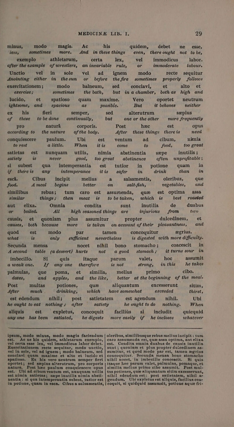 minus, modo magis. Ac his quidem, debet ne esse, less, sometimes more. And inthese things even, thereought not to be, exemplo athletarum, certa lex, vel immodicus labor. after the example of wrestlers, aninvariable rule, or immoderate labour. Unctio vel in sole vel ad ignem modo recte sequitur Anointing either in thesun or before thefire sometimes properly follows exercitationem ; modo balneum, sed conclavi, et alto et exercise ; sometimes the bath, but inachamber, bothas high and lucido, et spatioso quam maxime. Vero oportet neutrum ightsome, and spacious as possible. But it behoves neither ex his fieri semper, sed alterutrum sepius of these tobedone continually, but one or the other more frequently pro natura corporis. Post hee est opus according to the nature of the body. After these things thereis need conquiescere paulum. Ubi est ventum ad cibum, nimia to rest a little. When itis come to food, too great satietas est nunquam utilis, nimia abstinentia sepe inutilis ; satiety as never good, too great abstinence often unprofitable ; si subest qua intemperantia est tutior in potione quam _ in if thereis any intemperance itis safer in drink than in esca. Cibus incipit melius a salsamentis, oleribus, que food. Ameal begins better on salt-fish, vegetables, and similibus rebus; tum caro est assumenda, que est optima assa similar things; then meat is tobetaken, which is best roasted aut _elixa. Omnia condita sunt inutilia de duabus or boiled. All high seasoned things are injurious from two causis, et quoniam plus _ assumitur propter dulcedinem, _ et causes,- both because more is taken onaccount of their pleasantness, and quod est modo par tamen concoquitur gegrius. what is only sufficient nevertheless is digested with more difficulty. Secunda mensa nocet nihil bono stomacho; coacescit in A second table (a dessert) hurts not a@ good stomach; it turns sour in imbecillo. Si quis itaque parum valet, hoc assumit a weak one. If any one _ therefore is not strong, in this he takes palmulas, que poma, et __ similia, melius primo cibo. dates, and apples, and_ the like, better at the beginning of the meal. Post multas potiones, qu aliquantum excesserunt sitim, After much drinking, which have somewhat exceeded thirst, est edendum nihil; post satietatem est agendum nihil. Ubi he ought toeat nothing; after satiety he ought todo nothing. When aliquis est expletus, concoquit facilius si includit quicquid anyone has been satiated, he digests more easily if he incloses whatever ipsum, modo minus, modo magis faciendum | oleribus, similibusque rebus meliusincipit ; tum est. Acne his quidem, athletarum exemplo, | caro assumenda est, que assa optima, aut elixa vel certa esse lex, vel immodicus labor debet. | est. Condita omnia duabus de causis inutilia Exercitationem recte sequitur, modo unctio, | sunt; quoniam et plus propter duicedinem as- vel in sole, vel ad ignem; modo balneum, sed | sumitur, et quod modo par est, tamen egrius conclayi quam maxime et alto et lucido et | concoquitur. Secunda mensa bono stomacho spatioso. Ex his vero neutrum semper fieri | nihil nocet, in imbecillo coacescit. Si quis oportet; sed sxpins alterutrum, pro corporis | itaque hoc parum valet, palmulas, pomaque, et natura. Post hee paulum conquiescere opus | similia melinus primo cibo assumit. Post mul- est. Ubiad cibum ventum est, nunquam ntilis | tas potiones, que aliquantum sitim excesserunt, est nimia satietas; szpe inutilis nimia absti- | nihil edendumest: post satietatem, nihil a- nentia: si qua intemperantia subest, tutior est }gendum. Ubi expletus est aliquis, facilius con- in potione, quam in esca. Cibusa salsamentis, | coquit, si quidquid assumsit, potione aque fri-