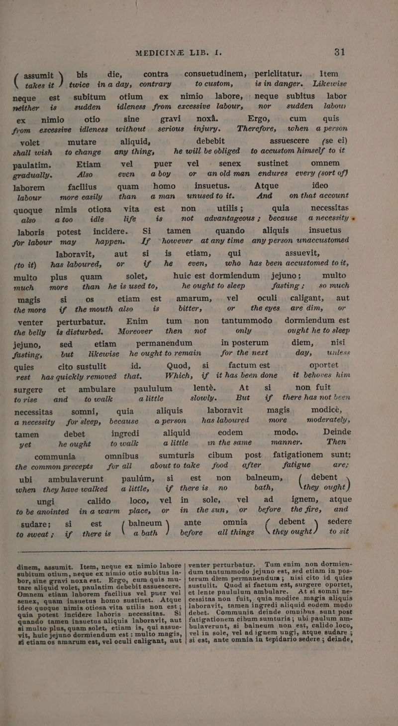 contra contrary pei ig | bis die, takes it twice ina day, est © subitum neither is sudden ex nimio otio sine from excessive idleness without mutare aliquid, to change any thing, vel puer even a boy quam homo than aman quoque nimis otiosa vita est also a too idle life is laboris potest incidere. Si for labour may happen. If laboravit, aut si has laboured, or if plus quam solet, more than he is used to, si os etiam the more if the mouth also venter perturbatur. Enim the belly is disturbed. Moreover jejuno, sed etiam JSasting, but likewise quies cito sustulit id. vest has quickly removed that. et and ( neque otium ex gravi volet shall wish paulatim. gradually. laborem labour he Etiam Also facilius more easily is (to it) he multo much magis est is bi tum then ambulare to walk surgere to vise paululum a little aliquis a person necessitas somni, a necessity for sleep, debet he ought quia because ingredi to walk tamen yet omnibus for ail paulum, communia the common precepts ubi ambulaverunt when they have walked alittle, ungi calido loco, to be anointed inawarm place, sudare;__ si est ( to sweat; if there is si if vel or ) balneum a bath dinem, assumit. Item, neque ex nimio labore subitum otium, neque ex nimio otio subitus la- bor, sine gravi noxaest. Ergo, cum quis mu- tare aliquid volet, paulatim debebit assuescere. Omnem etiam laborem facilius vel puer vel senex, quam insuetus homo sustinet. Atque ideo quoque nimis otiosa vita utilis non est ; quia potest incidere laboris necessitas. Si quando tamen insuetus aliquis laboravit, aut si multo plus, quam solet, etiam is, qui assue- vit, huic jejuno dormiendum est : multo magis, si etiamos amarum est, vel oculi caligant, aut I. 31 consuetudinem, to custom, periclitatur. is in danger. Item Likewise neque subitus nor sudden labore, labor labour nox4. INJULY debebit will be obliged vel or Ergo, cum quis Therefore, when a person assuescere (se ei) to accustom himself to it senex sustinet omnem anold man endures every (sort of) insuetus. unused to it. utilis ; advantageous ; quando ideo on that account Atque And quia because necessitas @ necessity aliquis insuetus etiam, even, qui assuevit, who has been accustomed to it, multo so much jejuno; fasting ; oculi caligant, the eyes are dim, tantummodo only in posterum for the next si factum est if it has been done lenté. At slowly. But laboravit has laboured vel or aut tter, ov dormiendum est ought he to sleep diem, day; non not nisi Unters oportet it behoves him non fuit there has not been si if magis more modice, moderately , Deinde Then fatigationem sunt; Satigue are; ( debent they ought ignem, the fire, debent they ought modo. MANNe?. eodem wn the same cibum post food after non balneum, no bath, ad before ( est vel or sole, atque and sedere to sit omnia all things venter perturbatur. Tum enim non dormien- dum tantummodo jejuno est, sed etiam in pos- terum diem permanendum; nisi cito id quies sustulit. Quod si factum est, surgere oportet, et lente paululum ambulare. At si somni ne- cessitas non fuit,. quia modice magis aliquis laboravit, tamen ingredi aliquid eodem modo debet. Communia deinde omnibus sunt post fatigationem cibum sumturis; ubi paulum am- bulaverunt, si balneum non est, calido loco, vel in sole, vel adignem ungi, atque sudare ; si est, ante omnia in tepidario sedere ; deinde,