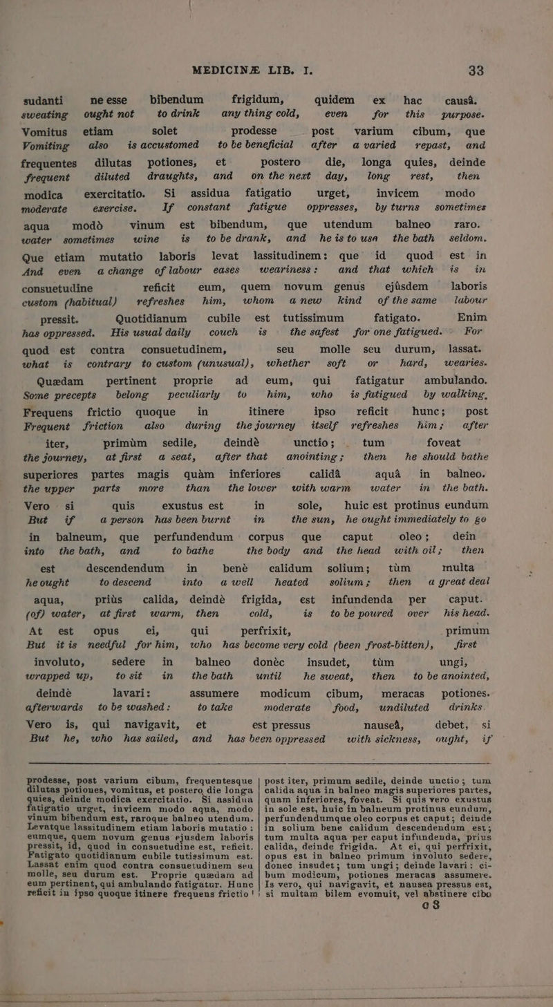 sudanti neesse bibendum frigidum, quidem ex hac _ causa. sweating ought not to drink any thing cold, even for this purpose. Vomitus etiam solet prodesse post varium cibum, que Vomiting also isaccustomed tobe beneficial after avaried repast, and frequentes dilutas potiones, et postero die, longa quies, deinde frequent diluted draughts, and onthe neat day, long rest, then modica exercitatio. Si assidua fatigatio urget, invicem modo moderate exercise. If constant fatigue oppresses, by turns sometimes aqua modd vinum est bibendum, que utendum balneo raro. water sometimes wine is tobedrank, and heistousa the bath seldom. Que etiam mutatio laboris levat lassitudinem: que id quod est in And even achange oflabour eases weariness: and that which is in consuetudine reficit eum, quem novum genus_ ejisdem laboris custom (habitual) refreshes him, whom anew kind of thesame Jubour pressit. Quotidianum cubile est tutissimum fatigato. Enim has oppressed. His usual daily couch is the safest for one fatigued. For quod est contra consuetudinem, seu molle seu durum, lassat. what is contrary to custom (unusual), whether soft or hard, wearies. Quedam pertinent proprie ad eum, gui fatigatur ambulando. Some precepts belong peculiarly to him, who is fatigued by walking, Frequens frictio quoque in itinere ipso __reficit hunc; post Frequent friction also during the journey itself refreshes him; after iter, primim sedile, deindé unctio; . tum foveat the journey, at first a seat, after that anointing; then he should bathe superiores partes magis quam _ inferiores calida aqua in balneo. the upper parts more than the lower with warm water in the bath. Vero’ si quis exustus est in sole, huic est protinus eundum But if a person has been burnt in the sun, he ought immediately to ge in balneum, que perfundendum corpus que _ caput oleo ; dein into the bath, and to bathe the body and the head with oil; then est descendendum in bené calidum solium; tum multa he ought to descend into a well heated solium; then a great deal aqua, priis calida, deinde frigida, est infundenda per caput. (of) water, at first warm, then cold, is tobe poured over his head. At est opus ei, qui perfrixit, primum But itis needful forhim, who has become very cold (been frost-bitten), Sirst involuto, sedere in balneo donéc insudet, tum ungi, wrapped Ups to sit in the bath until he sweat, then _ to be anointed, deinde lavari: assumere modicum cibum, meracas_ potiones. afterwards tobe washed: to take moderate food, undiluted drinks. Vero is, qui navigavit, et est pressus nausea, debet, si But he, who has sailed, and _ has been oppressed with sickness, ought, if prodesse, post varium cibum, frequentesque | post iter, primum sedile, deinde unctio; tum dilutas potiones, vomitus, et postero die longa | calida aqua in balneo magis superiores partes, uies, deinde modica exercitatio. Si assidua | quam inferiores, foveat. Si quis vero exustus atigatio urget, invicem modo aqua, modo | in sole est, huic in balneum protinus eundum, vinum bibendum est, raroque balneo utendum. | perfundendumque oleo corpus et caput; deinde Levatque lassitudinem etiam laboris mutatio: | in solium bene calidum descendendum est; eumque, quem novum genus ejusdem laboris | tum multa aqua per caput infundenda, prius pressit, id, quod in consuetudine est, reficit. | calida, deinde frigida. At ei, qui perfrixit, Fatigato quotidianum cubile tutissimum est. | opus est in balneo primum involuto sedere, Lassat enim quod contra consuetudinem seu | donec insudet; tum ungi; deinde lavari: ci- molle, seu durum est. Proprie quedam ad | bum modicum, potiones meracas assumere. eum pertinent, qui ambulando fatigatur. Hunc | Is vero, qui navigavit, et nausea pressus est, reficit in ipso quoque itinere frequens frictio') si multam bilem evomuit, vel abstinere cibo cs