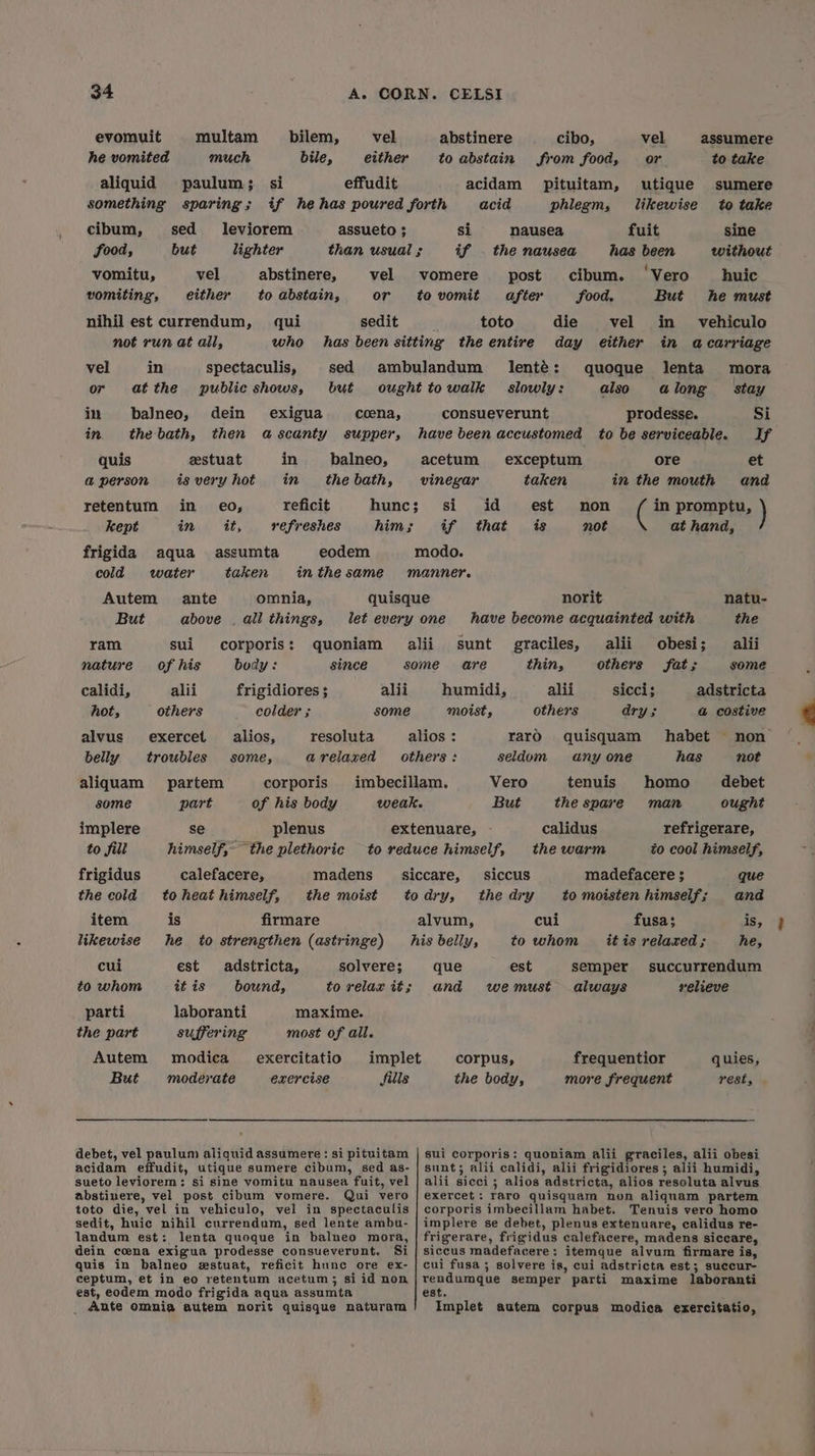 evomuit multam bilem, vel abstinere cibo, vel assumere he vomited much bile, either toabstain from food, or to take aliquid paulum; si effudit acidam pituitam, utique sumere something sparing; if he has poured forth acid phlegm, likewise to take cibum, sed leviorem assueto ; si nausea fuit sine food, but lighter than usual ; if . the nausea has been without vomitu, vel abstinere, vel vomere post cibum. ‘Vero huic vomiting, either to abstain, or tovomit after food. But he must nihil est currendum, qui sedit toto die vel in vehiculo not run at all, who has been sitting the entire day either in acarriage vel in spectaculis, sed ambulandum lenté: quoque lenta mora or atthe public shows, but oughttowalk slowly: also along stay in baJneo, dein exigua ccena, consueverunt prodesse. Si in. thebath, then ascanty supper, have been accustomed to be serviceable. If quis zstuat in __ balneo, acetum exceptum ore et a@person isveryhot in thebath, vinegar taken in the mouth and retentum in _ eo, reficit hunc; si id est non in promptu, ) Kept in at, refreshes him; if that is not at hand, frigida aqua assumta eodem modo. cold water taken inthesame manner. Autem ante omnia, quisque norit natu- But above . all things, let every one have become acquainted with the ram sui corporis: quoniam alii sunt graciles, alii obesi; alii nature of his body: since some are thin, others fat; some calidi, alii frigidiores ; alii humidi, alii sicci; adstricta hot, others colder ; some moist, others dry; @ costive alvus exercet aalios, resoluta alios : rarO. quisquam habet non belly troubles some, arelaxed others: seldom anyone has not aliquam partem corporis imbecillam. Vero tenuis homo _ debet some part of his body weak. But the spare man ought implere se plenus extenuare, calidus refrigerare, to fill himself, the plethoric to reduce himself, the warm to cool himself, frigidus calefacere, madens_ siccare, siccus madefacere que the cold toheathimself, the moist todry, thedry tomoistenhimself; and item is firmare alvum, cui fusa; is, likewise he to strengthen (astringe) his belly, to whom it is relaxed; he, cui est adstricta, solvere; que est semper succurrendum to whom tt is bound, to relax tt; and wemust always relieve parti laboranti maxime. the part suffering most of all. Autem modica_ exercitatio implet corpus, frequentior quies, But moderate exercise fills the body, more frequent rest, debet, vel paulum aliquid assumere: si pituitam | sui corporis: quoniam alii graciles, alii obesi acidam effudit, utique sumere cibum, sed as- | sunt; alii calidi, alii frigidiores; alii humidi, sueto leviorem: si sine vomitu nausea fuit, vel | alii sicci ; alios adstricta, alios resoluta alvus abstinere, vel post cibum vomere. Qui vero | exercet: raro quisquam non aliquam partem toto die, vel in vehiculo, vel in spectaculis | corporis imbecillam habet. Tenuis vero homo sedit, huic nihil currendum, sed lente ambu- | implere se debet, plenus extenuare, calidus re- landum est: lenta quoque in balneo mora, | frigerare, frigidus calefacere, madens siccare, dein ccna exigua prodesse consueverunt. Si | siccus madefacere: itemque alvum firmare is, quis in balneo estuat, reficit hune ore ex- | cui fusa; solvere is, cui adstricta est; succur- ceptum, et in eo retentum acetum; siid non|rendumque semper parti maxime laboranti est, eodem modo frigida aqua assumta est. _ Ante omnia autem norit quisque naturam Implet autem corpus modica exercitatio,