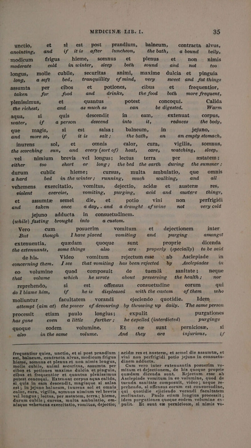 unctio, et si est post prandium, balneum, contracta alvus, anointing, and if itis after luncheon, the bath, abound belly, modicum frigus hieme, somnus et plenus et non nimis moderate cold in winter, sleep both sound and not too longus, molle _ cubile, securitas animi, maxime dulcia et pinguia longs a soft bed, tranquillity of mind, very sweet and fat things assumta per cibos et potiones, cibus et frequentior, taken for food and drinks, the food both more frequent, plenissimus, et quantus potest concoqui. Calida the richest, and as much as can be digested. Warm aqua, si quis descendit in eam, extenuat corpus, water, if @ person descend into it, reduces the body, que magis, si est salsa 5 balneum, in jejuno, and more 80, if it is salt ; the bath, on an empty stomach, inurens sol, et omnis calor, cura, Vigilia, somnus, the scorching sun, and every (sortof) heat, care, watching, sleeps vel nimium brevis vel longus; lectus terra per zestatem ; either too shové or long; thebed the earth during the summer; durum cubile hieme; cursus, multa ambulatio, que omnis a hard bed inthe winter; running, much walking, and all yehemens._exercitatio, vomitus, dejectio, acide et austere Tes, violent CXErCiSe, vomiting, purging, acid and austere things, et assumtz semel die, et potio vini non perfrigidi and taken once aday,.and adraught of wine not very cold jejuno adducta in consuetudinem. (while) fasting brought into a@ custom. Vero cum posuerim vomitum et dejectionem inter But though I have placed vomiting and purging amongst extenuentia, quedam quoque sunt proprie dicenda the extenuants, some things also are properly (specially) to be said de his. Video vomitum rejectum esse ab Asclepiade in concerning them. I see that vomiting has been rejected by Asclepiades in eo volumine quod composuit de tuenda sanitate ; neque that volume which he wrote about preserving the health; nor reprehendo, si est offensus consuetudine eorum qui do I blame him, if, heis displeased with the custom of them who moliuntur facultatem vorandi ejeciendo quotidie. Idem attempt (aim at) the power of devouring by throwing up daily. The same person processit etiam paulo longius ; expulit purgationes has gone even a little farther; he expelled (interdicted) purgings quoque eodem volumine. Et exe sunt . perniciose, si also in the same volume. And they are _— injurious, if ee -O0Or>HOoO|]?$MNOIDMN frequentior quies, unctio, et si post prandium | acids: res et austerz, et semel die assumtm, et est, balneum, contracta alvus, modicum frigus | vini non perfrigidi potio jejuno in consuetu- hieme, somnus et plenus et non nimis longus, | dinem adducta. molle cubile, animi securitas, assumta per Cum vero inter extenuantia posuerim vo- cibos et potiones maxime dulcia et pinguia, | mitum et dejectionem, de his quoque proprie cibus et frequentior et quantus plenissimus | quedam dicenda sunt, Rejectum esse ab potest concoqui. Extenuat corpus aqua calida, | Asclepiade vomitum in eo volumine, quod de si quis in eam descendit, magisque si salsa | tuenda sanitate composuit, video; neque re- est; in jejuno balneum, inurens sol et omnis | prehendo, si offensus eorum est consuetudine, calor, cura, vigilia, somnus nimium vel brevis | qui quotidie_ ejiciendo vorandi facultatem vel longus; lectus, per zstatem, terra; hieme, | moliuntur. Paulo etiam longius processit ; durum cubile ; cursus, multa ambulatio, om- | idem purgationes quoque eodem volumine ex- nisque vehemens exercitatio, vomitus, dejectio; ' pulit. Ht sunt ex perniciose, si nimis va-