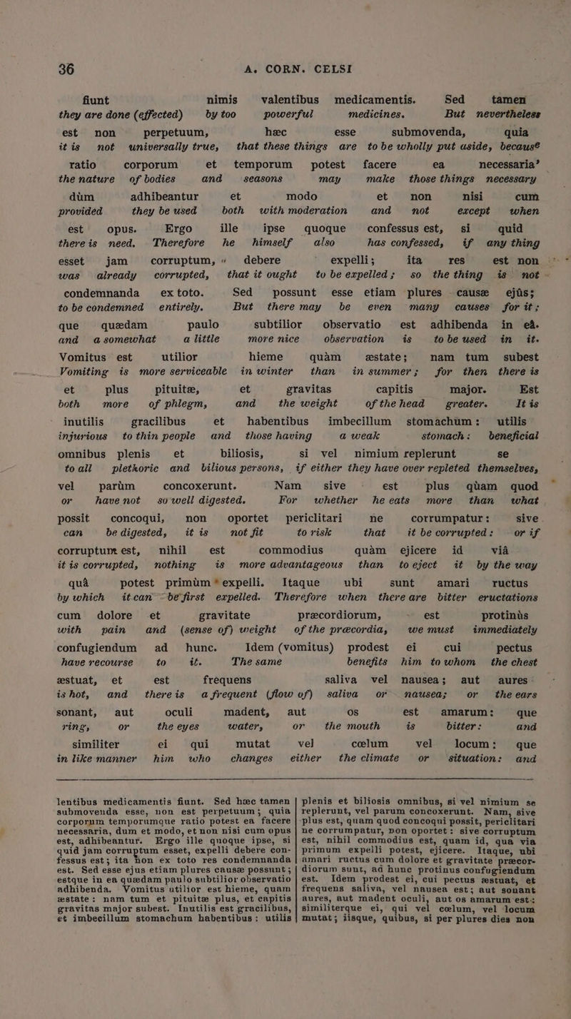 fiunt nimis valentibus medicamentis. Sed tamen they are done (effected) by too powerful medicines. But nevertheless est non perpetuum, hec esse submovenda, quia itis not universally true, that these things are tobe wholly put aside, becaus® ratio corporum et temporum potest facere ea necessaria’ the nature of bodies and seasons may make those things necessary dium adhibeantur et modo et non nisi cum provided they be used both with moderation and not except when est opus. Ergo ille ipse quoque confessus est, si quid thereis need. Therefore he himself also has confessed, if any thing esset jam corruptum, » debere expelli; ita res est non was already corrupted, that it ought tv beexpelled; so the thing is not - condemnanda _—_ ex toto. Sed possunt esse etiam plures -cause ejis; to be condemned entirely. But there may be even many causes for it; que quedam paulo subtilior observatio est adhibenda in e4. and asomewhat a little more nice observation is tobe used in it. Vomitus est utilior hieme quam estate ; nam tum _ subest Vomiting is more serviceable in winter than in summer; for then there is et plus pituite, et gravitas capitis major. Est both more of phlegm, and the weight of thehead = greater. It is inutilis gracilibus et habentibus imbecillum stomachum: utilis injurious tothin people and _ those having a weak stomach: beneficial omnibus plenis et biliosis, si vel nimium replerunt se toall pletkoric and bilious persons, if either they have over repleted themselves, vel partum concoxerunt. Nam sive est plus qutam quod or have not so well digested. For whether heeats more than what, possit concoqui, non _ oportet _periclitari ne corrumpatur : sive can be digested, it is not fit to risk that it be corrupted: or if corruptumest, nihil est commodius quam ejicere id via it is corrupted, nothing is more advantageous than toeject it by the way qua potest primtim*expelli. Itaque ubi sunt amari ructus by which itcan -be first expelled. Therefore when there are bitter eructations cum dolore -et gravitate precordiorum, est protinis with pain and (sense of) weight of the precordia, we must immediately confugiendum ad _ hune. Idem (vomitus) prodest ei cui pectus have recourse to it. The same benefits him towhom _ the chest estuat, et est frequens saliva vel nausea; aut aures ishot, and thereis afrequent (flowvf) saliva or nausea; or the ears sonant, aut oculi madent, aut Os est amarum: que TINS, or the eyes watery or the mouth is bitter: and similiter ei qui mutat ve] coelum vel locum: que in like manner him who changes either theclimate or _ situation: and lentibus medicamentis fiunt. Sed hc tamen submovenda esse, non est perpetuum; quia corporum temporumque ratio potest ea facere necessaria, dum et modo, et non nisi cum opus est, adhibeantur. Ergo ille quoque ipse, si quid jam corruptum esset, expelli debere con- fessus est; ita ton ex toto res condemnanda est. Sed esse ejus etiam plures causz possunt ; estque in ea quedam paulo subtilior observatio adhibenda, Vomitus utilior est hieme, quam wstate: nam tum et pituite plus, et capitis gravitas major subest. Inutilis est gracilibus, et imbecillum stomachum habentibus; utilis plenis et biliosis omnibus, si vel nimium se replerunt, vel parum concoxerunt. Nam, sive plus est, quam quod concoqui possit, periclitari ne corrumpatur, pon oportet : sive corruptum est, nihil commodius est, quam id, qua via primum expelli potest, ejicere. Itaque, ubi amari ructus cum dolore et gravitate przcor- diorum sunt, ad hune protinus confugiendum est. Idem prodest ei, cui pectus festuat, et frequens saliva, vel nausea est; aut sonant aures, aut madent oculi, aut os amarum est-: similiterque ei, qui vel celum, vel locum mutat; iisque, quibus, si per plures dies non