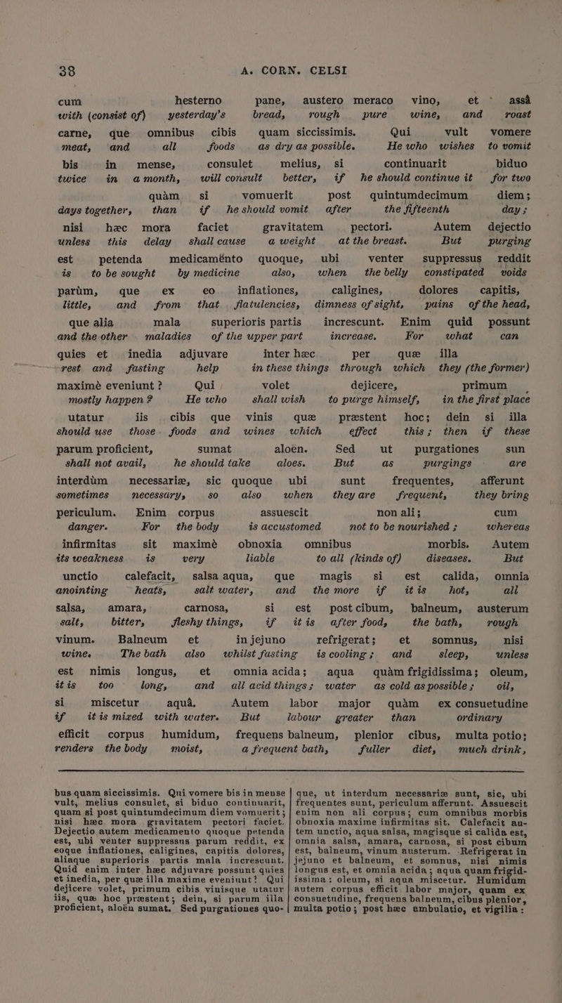 cum hesterno pane, austero meraco_ vino, et ° ass&amp; with (consist of) yesterday’s bread, rough pure wine, and roast came, que omnibus _ cibis quam siccissimis. Qui vult vomere meat, ‘and all foods as dry as possible. He who wishes to vomit bis in mense, consulet melius, si continuarit biduo twice in amonth, will consult better, if he should continue it for two quam si vomuerit post quintumdecimum diem ; days together, than if heshould vomit after the fifteenth day ; nisi hee mora faciet gravitatem pectori. Autem dejectio unless this delay shall cause a weight at the breast. But purging est petenda medicaménto quoque, ubi venter suppressus reddit is tobesought by medicine alsos when the belly constipated voids parim, que ex eo. _inflationes, caligines, dolores _ capitis, little, and from that. fiatulencies, dimness of sight, puins of the head, que alia mala superioris partis increscunt. Enim quid possunt and the other | maladies of the upper part increase. For what can quies et inedia adjuvare inter hec per que illa rest and fasting help in these things through which they (the former) maximé eveniunt ? Qui volet dejicere, primum | mostly happen ? He who shall wish to purge himself, in the first place utatur iis cibis que vinis que prestent hoc; dein si illa should use those. foods and wines which effect this; then if these parum proficient, sumat aloén. Sed ut purgationes sun shall not avail, he should take aloes. But as purgings are interdum necessarie, sic quoque ubi sunt frequentes, afferunt sometimes NECESSATY 5 80 also when they are Frequent, they bring periculum. Enim_ corpus assuescit non ali; cum danger. For the body is accustomed not to be nourished ; whereas infirmitas sit maximé obnoxia omnibus morbis. Autem its weakness is very liable to all (kinds of) diseases. But unctio calefacit, salsa aqua, que magis si est calida, omnia anointing heats, salt water, and themore if itis hot, ali salsa, amara, carnosa, si est postcibum, balneum, austerum salt, bitter, Sleshy things, if itis after food, the bath, rough vinum. Balneum et in jejuno refrigerat ; et somnus, nisi wine, The bath also whilst fusting iscooling; and sleep, unless est nimis longus, et omnia acidas; aqua quam frigidissima; oleum, it is too long’, and all acidthings; water as cold as possible ; oil, si miscetur aqua. Autem labor major quam _ ex consuetudine if itis mized with water. But labour greater than ordinary efficit corpus humidum, frequens balneum, plenior cibus, multa potio; venders the body moist, a frequent bath, fuller diet, much drink, bus quam siccissimis. Qui vomere bis inmense | que, ut interdum necessarize sunt, sic, ubi vult, melius consulet, si biduo continuarit, | frequentes sunt, periculum afferunt. Assuescit quam si post quintumdecimum diem vomuerit; | enim non ali corpus; cum omnibus morbis nisi hee mora gravitatem pectori ftaciet. |} obnoxia maxime infirmitas sit. Calefacit au- Dejectio autem medicamento quoque petenda | tem unctio, aqua salsa, magisque si calida est, est, ubi venter suppressus parum reddit, ex | omnia salsa, amara, carnosa, si post cibum eoque inflationes, caligines, capitis dolores, | est, balneum, vinum austerum. -Refrigerat in aliaque superioris partis mala increscunt. | jejuno et balneum, et somnus, nisi nimis Quid enim inter hee adjuvare possunt quies | longus est, et omnia acida; aqua quam frigid- et inedia, per que illa maxime eveniunt? Qui] issima: oleum, si aqua miscetur. Humidum dejicere volet, primum cibis vinisque utatur | autem corpus efficit labor major, quam ex iis, qua hoc prestent; dein, si parum illa | consuetndine, frequens balneum, cibus plenior, proficient, aloéa sumat. Sed purgationes quo- | multa potio; post hec ambulatio, et vigilia -