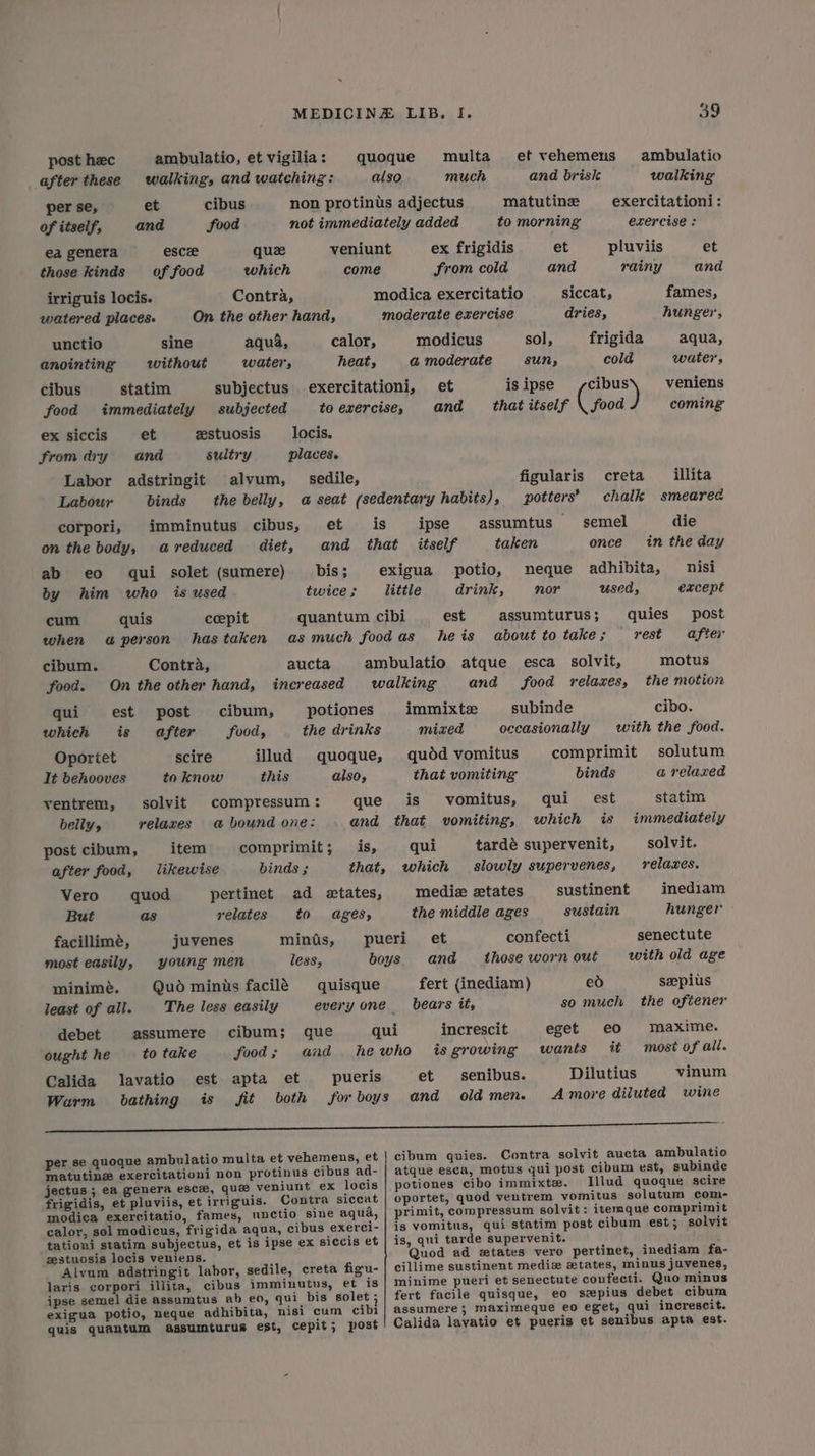 post hec ambulatio, et vigilia: quoque multa et vehemens ambulatio after these walking, and watching: also much and brisk walking per se, et cibus non protinus adjectus matutine exercitationi: of itself, and food not immediately added to morning exercise : ea genera esce quze veniunt ex frigidis et pluviis et those kinds of food which come from cold and rainy and irriguis locis. Contra, modica exercitatio siccat, fames, watered places. On the other hand, moderate exercise dries, hunger, unctio sine aqua, calor, modicus sol, frigida aqua, anointing without water, heat, a moderate SUN, cold water, cibus statim subjectus exercitationi, et is ipse cibus veniens food immediately subjected to exercises and that itself \ food coming ex siccis et zstuosis _locis. from dry and sultry places. Labor adstringit alvum, - sedile, figularis creta illita Labour binds the belly, a seat (sedentary habits), potters’ chalk smeared corpori, imminutus cibus, et is ipse assumtus ' semel die on the body, avreduced diet, and that itself taken once in the day ab eo qui solet (sumere) bis; exigua potio, neque adhibita, nisi by him who is used twice; little drink, nor used, except cum quis coepit quantum cibi est assumturus; quies post when a person hastaken as much foodas he is about to take; rest after cibum. Contra, aucta ambulatio atque esca solvit, motus food. On the other hand, increased walking and food relaxes, the motion qui est post cibum, potiones immixte subinde cibo. which is after food, the drinks mized occasionally with the food. Oportet scire illud quoque, qudd vomitus comprimit solutum It behooves to know this also, that vomiting binds a relazed ventrem, solvit compressum: que is vomitus, qui est statim beliys velaxes a bound one: and that vomiting, which is immediately post cibum, item comprimit; is, qui tardé supervenit, solvit. after food, likewise binds ; that, which slowly supervenes, relaxes. Vero quod pertinet ad etates, medie tates sustinent inediam But as relates to ages, the middle ages sustain hunger facillimé, juvenes minis, pueri et confecti senectute most easily, young men less, boys and those worn out with old age minimé. Qudmints facilé quisque fert (inediam) ed seepius least of all. The less easily every one bears it, so much the oftener debet assumere cibum; que qui increscit eget eO maxime. ought he to take food; and hewho isgrowing wants it most of all. Calida lavatio est apta et pueris et senibus. Dilutius vinum Warm bathing is fit both for boys and old men. Amore diluted wine per se quoque ambulatio multa et vehemens, et | matutine exercitationi non protinus cibus ad- jectus ; ea genera esc, que veniunt ex locis frigidis, et pluviis, et irriguis. Contra siccat modica exercitatio, fames, unctio sine aqua, calor, sol modicus, frigida aqua, cibus exerci- tationi statim subjectus, et is ipse ex siccis et zstuosis locis veniens. Alvum adstringit labor, sedile, creta figu- laris corpori illita, cibus imminutus, et is ipse semel die assumtus ab eo, qui bis solet ; exigua potio, neque adhibita, nisi cum cibi quis quantum assumturus est, cepit; post cibum quies. Contra solvit aucta ambulatio atque esca, motus qui post cibum est, subinde potiones cibo immixte. Illud quoque scire oportet, quod ventrem vomitus solutum com- primit, compressum solvit: itemque comprimit is vomitus, qui statim post cibum est; solvit is, qui tarde supervenit. ; Quod ad tates vero pertinet, inediam fa- cillime sustinent medie etates, minus juvenes, minime pueri et senectute confecti. Quo minus fert facile quisque, eo sepius debet cibum assumere ; maximeque eo eget, qui increscit. Calida lavatio et pueris et senibus apta est.