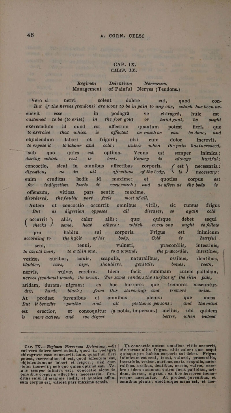 CAP. IX. CHAP. IX. Regimen Dolentium Nervorum. Management of Painful Nerves (Tendons.) Vero si nervi solent dolere cui, quod con- But if the nerves (tendons)' are wont to be in pain to any one, which has been ac- suevit esse in podagra ve chiragra, huic est customed tobe (toarise) in the foot gout or hand gout, he ought exercendum id quod _ est affectum quantum potest fieri, que to exercise that which is affected as muchas can be done, and objiciendum labori et frigori; nisi cum dolor increvit, to expose it to labour and cold ; unless. when the pain hasincreused, sub quo quies est optima. Venus est semper inimica; during which rest is best. Venery is always hurtful ; concoctio, sicut in omnibus affectibus corporis, est necessaria : digestion; as in all affections of the body, is necessary : enim cruditas ledit id maxime; et quoties corpus est for indigestion hurts it very much; and asoftenas the body is offensum, vitiosa pars sentit maxime. disordered, thefaulty part feels most of all, Autem ut concoctio occurrit omnibus _ vitiis, sic rursus_ frigus But as digestion opposes all diseases, 80 again cold ( occurrit aliis, calor aliis : que quisque debet sequi checks some, heat others : which every one ought to follow pro habitu sui corporis. Frigus est inimicum according to the habit of his body. Cold is hurtful seni, tenui, vulneri, precordiis, intestinis, to an old man, to a thin one, to a@ wound, the precordia, intestines, vesicee, auribus, coxis, scapulis, naturalibus, ossibus, dentibus, bladder, ears, hips, shoulders, genitals, bones, teeth, nervis, vulva, cerebro. Idem facit summam cutem pallidam, nerves (tendons) womb, the brain. The same renders the surface of the skin pale, aridam, duram, nigram; ex hoc horrores que tremores nascuntur. dry, hard, black ; from this shiverings and tremors arise. At prodest juvenibus et omnibus plenis: que mens But it benefits youths and all plethoric persons : and themind est erectior, et concoquitur (a nobis, imperson.) melius, ubi quidem is more actives and we digest better, when indeed Car. IX.—Regimen Nervorum Dolentium. —S1| Ut concoctio autem omnibus vitiis occurrit, cui vero dolere nervi solent, quod in Leip di sic rursus aliis frigus, aliis calor: que sequi chiragrave esse consuevit, huic, quantum fieri | quisque pro habitu corporis sui debet. Frigus potest, exercendum id est, quod affectum est, | inimicum est seni, tenut, vulneri, precordiis, objiciendumque labori et frigori; nisi eum | intestinis, vesice, auribus,coxis, scapulis, natu- dolor inerevit ; sub quo quies optima est. Ve- | ralibus, ossibus, dentibus, nervis, vulvse, cere- nus semper inimica est; concoctio sicut in| bro: idem summam cutem facit pallidam, ari- omnibus corporis affectibus necessaria. Cru-| dam, duram, nigram: ex hoc horrores tremo-” ditas enim id maxime ledit, et quoties offen-| resque nascuntur. At prodest juvenibus, et sum corpus est, vitiosa pars maxime sentit. omnibus plenis: erectiorque mens est, et me-