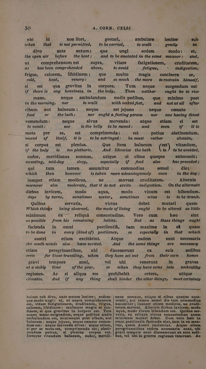 ubi id non licet, gestari, ambulare leniter sub when that is not permitted, to be carried, to walk gently in divo ante zestum $ que ungi eodem modo: et, the open air before the heat ; and to be anointed in the same manner: and, ut comprehensum est supra, vitare fatigationem, cruditatem, as has been comprehended above, to avoid fatigue, * indigestion, frigus, calorem, libidinem ; que multo magis continere se, cold, heat, venery : and somuch the more torestrain himself, si est qua gravitas in corpore. Tum neque surgendum est if thereis any heaviness, in the body. Then neither ought he to rise mane, neque ambulandum nudis pedibus, que minime post in the morning, nor to walk with naked feet, and notatall after cibum aut balneum: neque est jejuno neque ceenato food or the bath: nor ought a fasting person nor one having dined vomendum : neque alvus movenda: atque etiam si est to vomit: nor is the belly tobe moved: and even if itis mota per se, est comprimenda: — est potius abstinendum, moved of itself, itis to be astringed: he must vather abstain; si corpus est plenius. Que item balneum be, vitandum, if the body is too plethoric. And _ likewise the bath is / to be avoided, sudor, meridianus somnus, utique si cibus quoque antecessit ; sweating, mid-duy sleeps especially if food also has preceded ; qui tum tamen assumitur commodius semel die; which then however is taken more advantageously once in the day ; insuper etiam © modicus, ne moveat cruditatem. Alternis moreover also moderate, that it donot excite indigestion. On the alternate diebus invicem, modo aqua, modo vinum est ~ bibendum. days by turns, sometimes water, sometimes wine is tobe drank. Quibus servatis, victus debet mutari quam Which things being observed, the mode ofliving ought to be altered as little minimum ex reliqua consuetudine. Vero cum heec sint as possible from his remaining habits. But . as_ these things ought facienda in omni pestilentia, tum maxime in eA quam to be done in every (Kind of) pestilence, _ 80 especially in that which austri etiam excitarint. Atque eadem sunt necessaria the south winds also have excited. And the same things are necessary etiam peregrinantibus, ubi discesserunt ex suis sedibus even for those travelling, when they have set out from thetroun homes gravi tempore anni, vel ubi venerunt in graves at asickly time of the year, or when they havecome into unhealthy regiones. Ac si aliqua_ res prohibebit cetera, utique climates. And if any thing shall hinder the other things, most certainly ‘ aaa TRIE T WSEAS GE EI a bulare sub divo, ante estum leniter; eodem- }anus somnus, utiyue si cibus quoque ante- que modo ungi: et, ut supra comprehensum | cessit; qui tamen semel die tum commodius est, vitare fatigationem, cruditatem, frigus, | assumitur; insuper etiam modicus, ne crudi- calorem, libidinem: multoque magis se con- | tatem moveat. Alternis diebus invicem, modo tinere, si qua gravitas in corpore est. Tum | aqua, modo vinum bibendum est. Quibus ser- meque mane surgendum, neque pedibus nudis| vatis, ex reliqua victus consuetudine quam ambulandum est, minimeque post cibum, aut |minimum mutari debet. Cum vero hee in balneum: neque jejuuo, neque cenato vomen- | omni pestilentia facienda sint, tum in ea max- dum est: neque movenda alvus: atque etiam, | ime, quam Austri excitarint. Atque etiam si per se motaest, comprimenda est; absti- | peregrinantibus eadem necessaria sunt, ubi nendum potius, si plenius corpus est.|gravi tempore anni discesserunt ex suis sedi- Itemque vitandum balneum, sudor, meridi-! bus, vel ubiin graves regiones venerunt. Ac