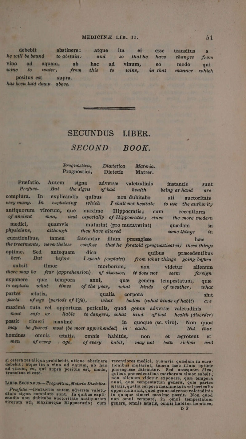 debebit he will be bound — vino ad aquam, wine to water, Srom positus est supra. has been laid down above. abstinere : to abstain: ab atque and hac this 51 transitus changes modo manner ita ei so thathe vinum, wine, esse have eo in that a From qui to which SECOND Prognostica, Prognostics, Autem But explicandis explaining que and quamvis physicians, although curationibus, tamen the treatments, nevertheless optime. Sed antequam best. But before subsit timor there may be fear (apprehension) exponere quez tempora to explain what times partes etatis, parts ofage (periods of life), - maximé most safe or possit timeri may homines men Przfatio. Preface. complura. In very many. In antiquorum virorum, of ancient men, medici, signa the signs quibus which maxime mutarint fateantur confess dico anni, liable maximé omnis of every omnis of every etatis, . age, 8i cetera res aliqua prohibebit, utique abstinere debebit: atque ita a vino ad aquam, ab hac ad yinum, eo, qui supra positus est, modo, transitus ei esse. ; LIBER SECUNDUS.—Prognostica, Materia Dietetica. Prafatio.—INsTANTIs autem adverse valetu- dinis signa complura sunt. In quibus expli- eandis non dubitabo auctoritate antiquorum virorum uti, maximeque Hippocratis; cum BOOK. Materia. Matter. instantis being at hand uti auctoritate to use the authority valetudinis health non dubitabo f shall not hesitate Hippocratis ; sunt are recentiores the more modern cum since in an (pro mutaverint) quedam some things heec quibus from what things non it does not genera tempestatum, kinds of weather, corpora bodies (what kinds of habit) genus adverse valetudinis kind ofbad health (disorder) quoque (sc. viro). Non quod each. Not that egrotent et sicken and preecedentibus going before videtur alienum seem foreign que what que what sint are in in et both non habit, may not recentiores medici, quamvis queedam in cura- tionibus mutarint, tamen hee illum optime presagisse fateantur. Sed antequam dico, quibus precedentibus morborum timor subsit ; non alienum videtur exponere, que tempora anni, que tempestatum genera, que partes a@tatis, qualia corpora maxime tuta vel periculis opportuna sint, quod genus adverse valetudinis in quoque timeri maxime possit. Non quod non omni tempore, in omni tempestatum genere, omnis xtatis, omnis habitus homines, D2