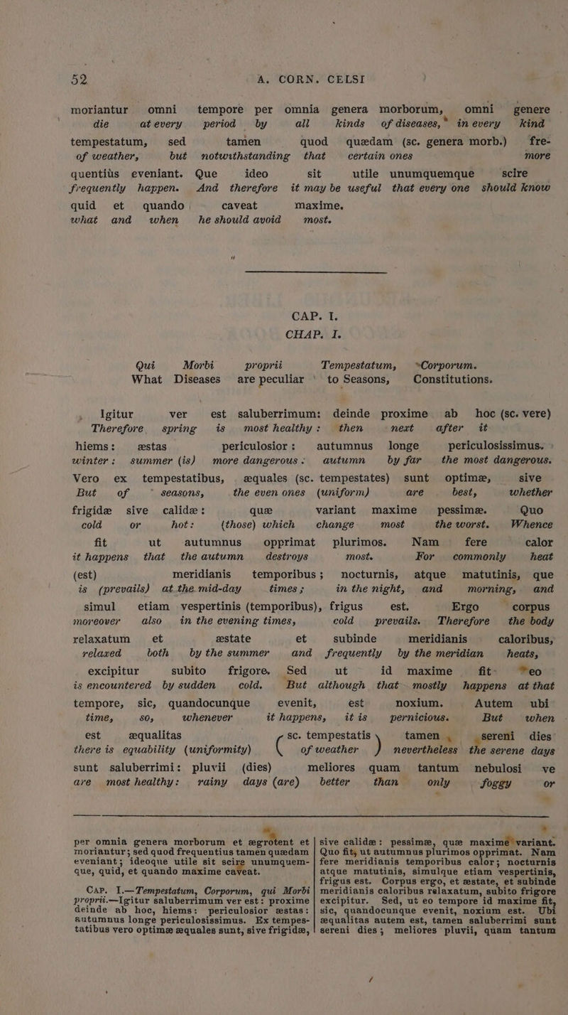omni at every moriantur die tempestatum, of weather, period by sed tamen but notwithstanding Que ideo And therefore caveat he should avoid quentils eveniant. Frequently happen. quid et what and quando when genere kind fre- more scire omni kinds of diseases, * in every certain ones utile unumquemque Qui Mori What Diseases proprit are peculiar Igitur Therefore hiems : winter : ver spring is zestas summer (is) periculosior : more dangerous - Vero But frigid cold fit it happens (est) meridianis is (prevails) at the mid-day ex of sive or tempestatibus, ~ S€ASONS, the even ones calide : que hot: (those) which autumnus the autumn ut that times ; simul moreover also et both in the evening times, relaxatum relaxed zstate by the summer excipitur subito is encountered by sudden tempore, time, est there is equability (uniformity) et frigore. cold. quandocunque whenever Sed But sic, SOs sunt saluberrimi: are most healthy: pluvii (dies) rainy days (are) Tempestatum, to Seasons, ~Corporum. Constitutions. deinde proxime then next autumnus autumn ab hoc (sc. vere) after it periculosissimus. » the most dangerous. optime, best, longe by far sunt are sive whether Quo Whence calor heat que and ~ corpus the body caloribus, heats, (uniform) maxime most pessime. the worst. Nam fere For commonly atque and plurimos. most. nocturnis, in the night, matutinis, morning's Ergo Therefore meridianis by the meridian ut id maxime fit: ‘“®eo although that mostly happens at that est noxium. Autem _ ubi it is pernicious. But when _sereni dies nevertheless the serene days quam tantum nebulosi than only Soggy est. cold prevails. subinde ve or id better per omnia genera morborum et wees et moriantur; sed quod frequentius tamen quedam eveniant; ideoque utile sit scire unumquem- que, quid, et quando maxime caveat. Cap. I.—Tempestatum, Corporum, qui Morbi propri.—Igitur saluberrimum ver est: proxime deinde ab hoc, hiems: periculosior estas: autumnus longe periculosissimus. Ex tempes- tatibus vero optime zquales sunt, sive frigide, sive calidm: pessime, que maxime variant. Quo fit, ut autumnus plurimos opprimat. Nam fere meridianis temporibus cebees nocturnis atque matutinis, simulque etiam vespertinis, frigus est. Corpus ergo, et estate, et subinde meridianis caloribus relaxatum, subito frigore excipitur. Sed, ut eo tempore id maxime fit sic, spendirnsane evenit, noxium est. Ubi itas autem est, tamen saluberrimi sunt eequa sereni dies; meliores pluvii, quam tantum