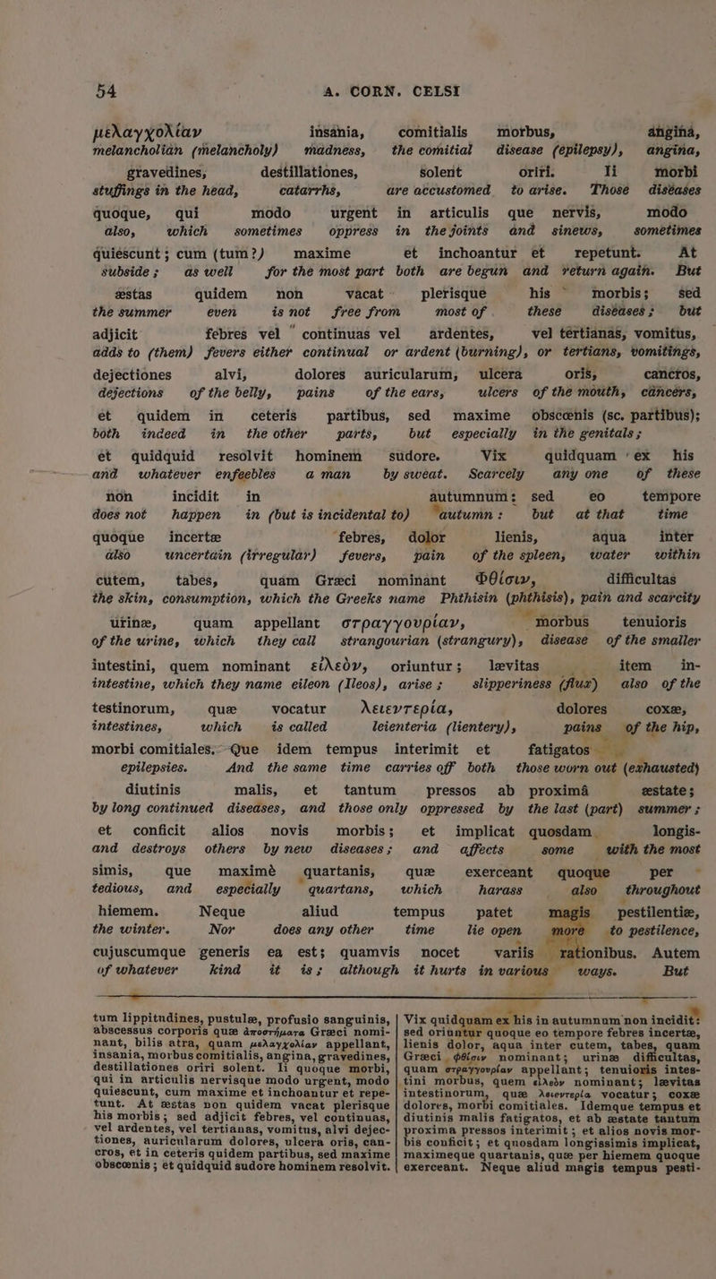 perayxoXtay insahia, comitialis © morbus, angina, melancholian (melancholy) madness, the comitial disease (epilepsy), angina, gravedines, destillationes, solent oriri. li morbi stuffings in the head, catarrhs, are accustomed toarise. Those diséases quoque, qui modo urgent in articulis que nervis, modo also, which sometimes oppress in thejoints and sinews, sometimes quiescunt ; cum (tum?) maxime et inchoantur et repetunt. At for the most part both are begun and ‘return again. But non plerisque his ~ morbis; sed the summer is not free from most of . these diseases; but adjicit febres vel “ continuas vel ardentes, vel tértianas, vomitus, adds to (them) fevers either continual or ardent (burning), or tertians, vomitings, ulcera oris, cancros, ulcers of the mouth, cancers, obsceenis (sc. partibus); in the genitals ; subside ; as well estas quidem vacat - even auricularum, of the ears, dolores pains alvi, of the belly, quidem both indeed et quidquid resolvit and whatever enfeebles non incidit. does not happen dejectiones dejections sed maxime but especially sudore. Vix by sweat. Scarcely in autumnum: sed in (but is incidental to) “autumn: but ‘febres, dolor lienis, fevers, pain of the spleen, water within cutem, tabes, quam Greci nominant O0iow, difficultas the skin, consumption, which the Greeks name Phthisin (phthisis), pain and scarcity %. ceteris the other in in et partibus, parts, quidquam ‘ex his any one of these eo tempore at that time aqua inter hominem aman incerte uncertain (irregular) quoque also Wiese pace oTpayyoupiav, -Morbus _tenuioris strangourian (strangury), disease of the smaller urine, of the urine, quam which appellant they call item in- also of the levitas intestini, quem nominant ¢iAedy, oriuntur; _e slipperiness (flux) intestine, which they name eileon (Ileos), arise ; testinorum, intestines, vocatur is called dolores cox, Dain, _ of the hip, on fatigatos Fh we AEvevTEpla, which leienteria (lientery), Que idem tempus interimit et And the same time carries off both those worn out (exhausted) diutinis malis, et tantum pressos ab proxima estate ; by long continued diseases, and those only oppressed by the last (part) summer ; quee morbi comitiales, epilepsies. et conficit alios novis morbis; et implicat quosdam. longis- and destroys others by new diseases; and affects some with the most simis, que maximé quartanis, quee exerceant quoque per ~ tedious, and especially quartans, which harass also throughout 2 es : 7 4 s : hiemem. Neque aliud tempus patet ig: pestilentiz, the winter. Nor does any other time lie open to pestilence, * cujuscumque generis ea est; quamvis nocet variis rationibus. Autem of whatever kind it iss although it hurts in a al WAYS. But ne wiped ~ oo) ae a Ee ao CCC tum lippitndines, pustule, profusio sanguinis, | Vix quidquam ex his in autumnum non inciait? abscessus corporis qux drocrjuara Greci nomi- | sed oriu r quoque eo tempore febres incerta, nant, bilis atra, quam psdayyodiav appellant, insania, morbus comitialis, angina, gravedines, destillationes oriri solent. li quoque morbi, qui in articulis nervisque modo urgent, modo quiescunt, cum maxime et inchoantur et repe- tunt. At xstas non quidem vacat plerisque his morbis; sed adjicit febres, vel continuas, vel ardentes, vel tertianas, vomitus, alvi dejec- tiones, auricularum dolores, ulcera oris, can- cros, et in ceteris quidem partibus, sed maxime obscoenis ; et quidquid sudore hominem resolvit. lienis dolor, aqua inter cutem, tabes, quam Greci $@ov nominant; urine difficultas, quam ozpayyovplay appellant; tenuioris intes- intestinorum, quz Asevrepla vocatur; coxe dolores, morbi comitiales. Idemque tempus et diutinis malis fatigatos, et ab estate tantum ga pressos interimit ; et alios novis mor- is conficit; et quosdam longissimis implicat, maximeque quartanis, que per hiemem quoque exerceant. Neque aliud magis tempus pesti-