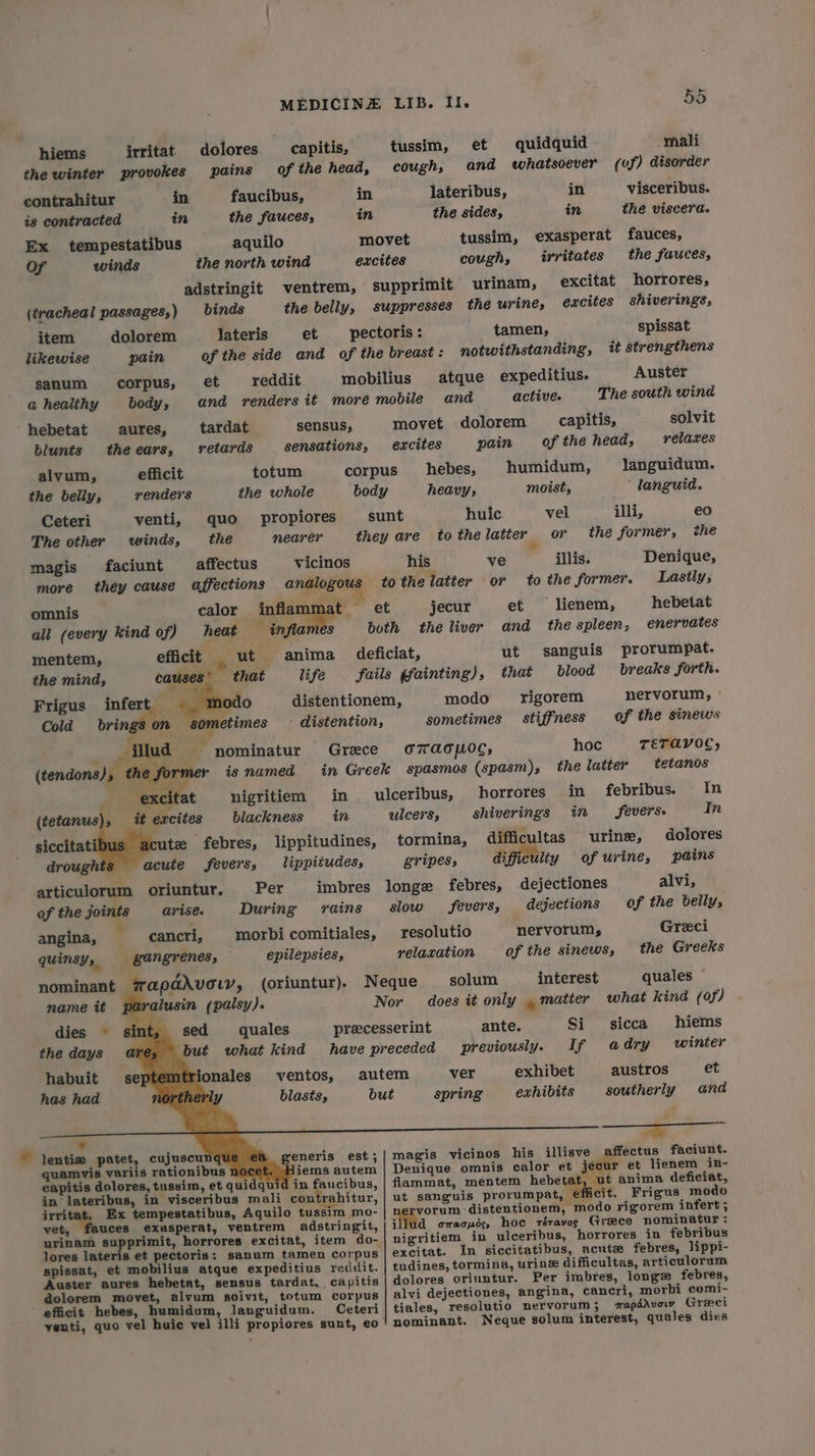 hiems irritat dolores capitis, tussim, et quidquid mali the winter provokes pains of the head, cough, and whatsoever (of) disorder contrahitur in faucibus, in lateribus, in visceribus. is contracted in the fauces, in the sides, in the viscera. Ex tempestatibus aquilo movet tussim, exasperat fauces, of winds the north wind excites cough, irritates the fauces, adstringit ventrem, supprimit urinam, excitat horrores, (tracheal passages,) binds the belly, suppresses the urine, excites shiverings, item dolorem lateris et _ pectoris: tamen, spissat likewise pain of the side and of the breast: notwithstanding, it strengthens sanum corpus, et reddit mobilius atque expeditius. Auster a healthy body, and renders it more mobile and active. The south wind hebetat aures, tardat sensus, movet dolorem capitis, solvit blunts theears, retards sensations, excites pain of the head, relaxes alvum, efficit totum corpus hebes, humidum, languidum. the belly, renders the whole body heavy, moist, languid. Ceteri venti, quo propiores sunt huic vel jlli, €0 The other winds, the nearer they are tothelatter or the former, the » magis faciunt affectus vicinos his ve illis. Denique, more they cause affections analogous to the latter or tothe former. Lastly, omnis calor inflam nat et jecur et lienem, _hebetat all (every kind of) heat — inflames both the liver and the spleen, enervates mentem, efficit ut. anima deficiat, ut sanguis prorumpat. the mind, causes” that life fails ffainting), that blood breaks forth. Frigus infert_ nodo distentionem, modo rigorem nervorum, » Cold brings on ‘sometimes - distention, sometimes stiffness of the sinews illud “nominatur Grece o7aopoc, hoc TETAVOC, (tendons) the former is named in Greek spasmos (spasm), the latter tetanos excitat nigritiem in ulceribus, horrores in febribus. In é a (éetanus), it excites blackness in ulcers, shiverings in fevers In siccitat tz febres, lippitudines, tormina, difficultas urine, dolores drough acute fevers, lippitudes, gripes, difficulty of urine, pains articulorum oriuntur. Per imbres longe febres, dejectiones alvi, of the joi arise. During rains slow fevers, dejections of the belly, angina, cancri, morbi comitiales, resolutio nervorum, Greci quinsy, gangrenes, epilepsies, relaxation of the sinews, the Greeks 7 apadvouy, (oriuntur). Neque solum interest quales © paralusin (palsy). Nor does it only _ matter what kind (of) nominant name it dies ~ sed quales preecesserint ante. Si sicca hiems the days but what kind have preceded previously. If «@ dry winter habuit septemtrionales ventos, autem ver exhibet austros et has had 1 blasts, but spring exhibits southerly and . 2 lentia patet, cujuscung ea generis est;| magis vicinos his illisve affectus faciunt. quamvis variis rationibus nocet jiems autem | Denique omnis calor et jecur et lienem in- capitis dolores, tussim, et quidquid in ‘aucibus, | flammat, mentem hebet , ut anima deficiat, in lateribus, in visceribus mali contrahitur, | ut sanguis prorumpat, effcit. Frigus modo irrit Ex tempestatibus, Aquilo tussim mo- nggvorum distentionem, modo rigorem infert ; vet, fauces exusperat, ventrem adstringit, | illud oracyos hoe réravop Greece nominatur : urinam supprimit, horrores excitat, item do-| nigritiem in ulceribus, horrores in febribus lores lateris et pectoris: sanum tamen corpus | excitat- In siccitatibus, acute febres, lippi- spissat, et mobilius atque expeditius reddit. | tudines, tormina, urine difficultas, articulorum Auster aures hebetat, sensus tardat. capitis | dolores oriuntur. Per imbres, longe febres, dolorem movet, alyum soivit, totum corpus | alvi dejectiones, angina, cancri, morbi comi- eficit hebes, humidum, languidum. Ceteri | tiales, resolutio nervorum; apddvoy Grivci venti, quo vel huic vel illi propiores sunt, eo nominant. Neque solum interest, quales dies