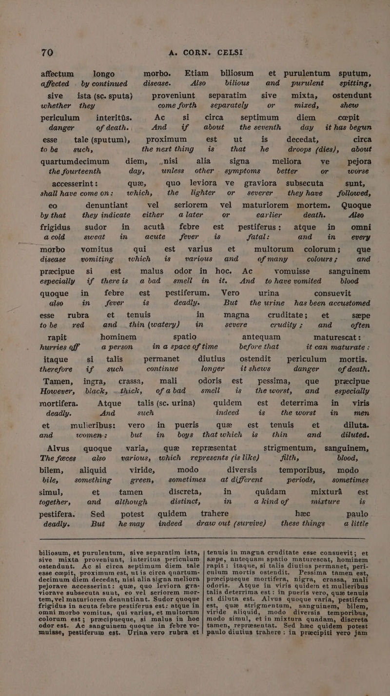morbo. disease. affectum affected by continued sive _ista (sc. sputa) whether they periculum interitis. danger of death. esse _ tale (sputum), to be such, quartumdecimum the fourteenth accesserint : shall have come on: denuntiant they indicate in in longo proveniunt come forth Ac si And if proximum the neat thing _ nisi unless diem, day; que, which, vel either quo the €o by that frigidus a cold morbo disease febre Sever acuta acute est is sudor sweat qui which malus a bad est is vomitus vomiting si est if there is febre fever et and precipue especially quoque also esse to be rapit hurries off itaque therefore Tamen, However’, roortifera. Atque deadly. And et mulieribus: and women : smell in in deadly. tenuis thin (watery) spatio rubra rea hominem a@ person permanet continue talis such si if ingra, black, crassa, mali thick, of abad talis (sc. urina) such in pueris in boys vero but varia, Various, Alvus que The feces bilem, bile, simul, together, quoque also viride, modo green, aliquid something et and Sed But tamen although potest he may distinct, quidem indeed pestifera. deadly. et purulentum sputum, and purulent spitting, mixta, ostendunt mized, shew bilious sive or separatim separately coepit it has begun circa about pejora worse sunt, followed, Quoque Also omni every multorum colorum; que of many colours s and vomuisse sanguinem to have vomited blood consuevit has been accustomed et szepe and often maturescat : it can maturate : diem day decedat, droops (dies), meliora ve better or subsecuta they have maturiorem mortem. earlier death. atque and circa about est is septinum the seventh is he ut that signa or vel or est is severer in in pestiferus : fatal: et and Ac it. And Vero But magna severe urina the urine cruditate ; crudity ; antequam before that ostendit it shews est is periculum mortis. danger of death. precipue especially in _viris in men diluta. diluted. sanguinem, blood, modo sometimes est is paulo a little pessima, the worst, deterrima the worst tenuis et thin and que and est is est is quidem indeed que that which strigmentum, Jilth, temporibus, periods, mixtura mixture diversis at different in quadam in a kind of hec these things biliosum, et purulentum, sive separatim ista, sive mixta proveniunt, interitus periculum ostendunt. Ac si circa septimum diem tale esse coepit, proximum est, ut is circa qnartum- decimum diem decedat, nisi alia signa meliora pejorave accesserint: que, quo leviora gra- viorave subsecuta sunt, eo vel seriorem mor- tem, vel maturiorem denuntiant. Sudor quoque frigidus in acuta febre pestiferus est: atque in omni morbo vomitus, qui varius, et multorum colorum est; precipueque, si malus in hoc odor est. Ac sanguinem quoque in febre vo- muisse, pestiferum est. Urina vero rubra et tenuis in magna cruditate esse consuevit; et Sepe, antequam spatio maturescat, hominem rapit ; itaque, si talis diutius permanet, peri- culum mortis ostendit. Pessima tamen est, precipueque mortifera, nigra, crassa, mali odoris. Atque in viris quidem et mulieribus talis deterrima est: in pueris vero, que tenuis et diluta est. Alvus quoque varia, pestifera est, que strigmentum, sanguinem, bilem, viride aliquid, modo diversis temporibus, modo simul, et in mixtura quadam, discreta tamen, representat. Sed hee quidem potest paulo diutius trahere: in precipiti yero jam