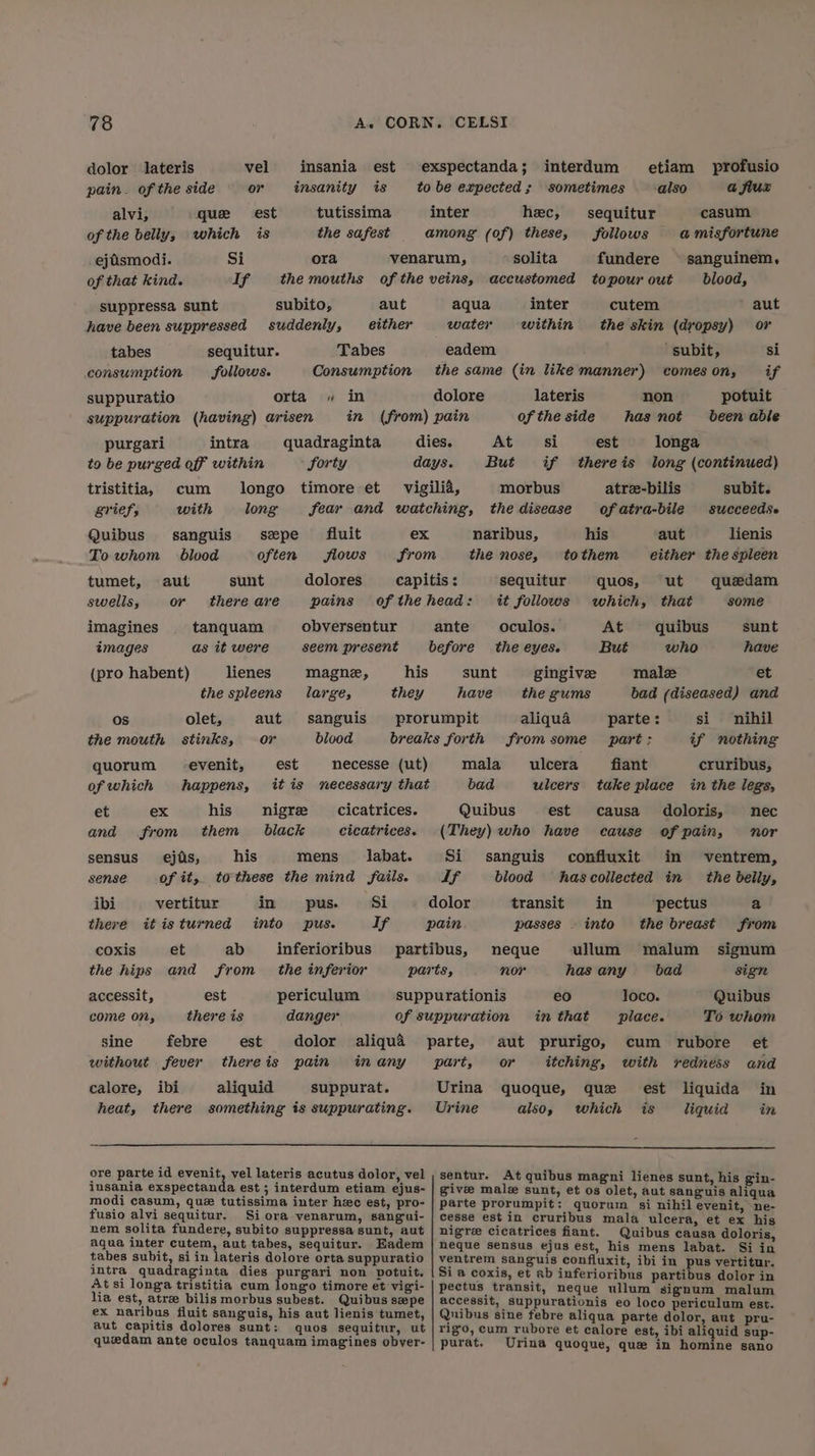 dolor lateris vel imsania est exspectanda; interdum etiam profusio pain. of the side or insanity is tobe expected; sometimes also a flux alvi, que est tutissima inter hec, sequitur casum of the belly, which is the safest among (of) these, follows a misfortune ejismodi. Si ora venarum, solita fundere sanguinem, of that kind. If the mouths of the veins, accustomed topourout blood, suppressa sunt subito, aut aqua inter cutem aut have been suppressed suddenly, either water within the skin (dropsy) or tabes sequitur. Tabes eadem subit, si consumption follows. Consumption the same (in like manner) comeson, if suppuratio orta « in dolore lateris non potuit suppuration (having) arisen in (from) pain ofthe side has not been able purgari intra quadraginta dies. At > si est longa to be purged off within forty days. But if thereis long (continued) tristitia, cum longo timore et vigilia, morbus atre-bilis subit. grief, with long fear and watching, thedisease ofatra-bile succeedse Quibus sanguis spe fluit ex naribus, his aut lienis To whom blood often flows Srom the nose, tothem either the spleen tumet, aut sunt dolores capitis : sequitur quos, ut quedam swells, or there are pains of thehead: it follows which, that some imagines tanquam obversentur ante _oculos. At quibus sunt images as it were seem present before the eyes. But who have (pro habent) lienes magne, his sunt gingivee male et the spleens large, they have the gums bad (diseased) and Os olet, aut sanguis prorumpit aliqua parte: si nihil the mouth stinks, or blood breaks forth fromsome part: if nothing quorum evenit, est necesse (ut) mala ulcera fiant cruribus, of which happens, itis necessary that bad ulcers take place in the legs, et ex his nigre cicatrices. Quibus est causa doloris, nec and from them black cicatrices. (They) who have cause of pain, nor sensus ejiis, his mens labat. Si sanguis confluxit in ventrem, sense of it, tothese the mind fails. If blood = hasecollected in the belly, ibi vertitur in pus. Si dolor transit in pectus a there itisturned into pus. If pain passes _ into the breast from coxis et ab _inferioribus partibus, neque ullum malum signum the hips and from _ the inferior parts, nor has any bad sign accessit, est periculum suppurationis eo loco. Quibus come on, there is danger of suppuration inthat place. To whom sine febre est dolor aliqua parte, aut prurigo, cum rubore et without fever thereis pain inany part, or itching, with redness and calore, ibi aliquid suppurat. Urina quoque, que est liquida in heat, there something is suppurating. Urine also, which is liquid in ore parte id evenit, vel lateris acutus dolor, vel ; sentur. At quibus magni lienes sunt, his gin- insania exspectanda est ; interdum etiam ejus- | give male sunt, et os olet, aut sanguis aliqua modi casum, que tutissima inter hec est, pro- | parte prorumpit: quorum si nihil evenit, ne- fusio alvi sequitur. Si ora venarum, sangui- | cesse est in cruribus mala ulcera, et ex his nem solita fundere, subito suppressa sunt, aut | nigre cicatrices fiant. Quibus causa doloris aqua inter cutem, aut tabes, sequitur. Eadem | neque sensus ejus est, his mens labat. Si in tabes subit, si in lateris dolore orta suppuratio | ventrem sanguis confluxit, ibi in pus vertitur. intra quadraginta dies purgari non potuit. | Si a coxis, et ab inferioribus partibus dolor in At si longa tristitia cum longo timore et vigi- | pectus transit, neque ullum signum malum lia est, atree bilis morbus subest. Quibus sepe | accessit, suppurationis eo loco periculum est. ex naribus fluit sanguis, his aut lienis tumet, | Quibus sine febre aliqua parte dolor, aut pru- aut capitis dolores sunt: quos sequitur, ut | rigo, cum rubore et calore est, ibi aliquid sup- quedam ante oculos tanquam imagines obyer- | purat. Urina quoque, que in homine sano