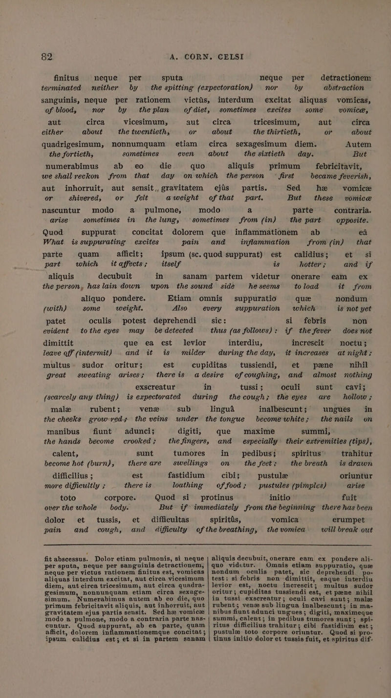 finitus neque per sputa neque per detractionem terminated neither by the spitting (expectoration) nor by abstraction sanguinis, neque per rationem victtis, interdum excitat aliquas vomicas, of blood, nor by the plan of diet, sometimes excites some vomice, aut circa vicesimum, aut circa tricesimum, aut circa either about the twentieth, or about the thirtieth, ov about quadrigesimum, nonnumquam etiam circa sexagesimum diem. Autem the fortieth, sometimes even about the sixtieth day. But numerabimus ab eo die quo aliquis primum febricitavit, we shall reckon from that day onwhich the person © first became feverish, aut inhorruit, aut sensit,,gravitatem ejis partis. Sed he vomice or shivered, or felt aweight ofthat part. But these vomice nascuntur modo a pulmone, modo a parte contraria. arise sometimes in thelung, ‘sometimes from (in) the part opposite. Quod suppurat concitat dolorem que inflammationem ab ea What is suppurating excites pain and inflammation from (in) that parte quam afficit ; ipsum (sc. quod suppurat) est calidius; et si part which itaffects; itself is hotter ; and if aliquis decubuit in sanam partem videtur onerare eam ex the person, haslain down upon the sound side heseems to load it from aliquo pondere. Etiam omnis suppuratio quee nondum (with) some weight. Also every suppuration which is not yet patet oculis potest deprehendi sic: si febris non evident tothe eyes may be detected thus (as follows): if the fever does not dimittit que ea est levior interdiu, increscit noctu ; leave off (intermit) . and it is milder during theday, it increases at night; multus. sudor oritur; est cupiditas tussiendi, et pzne nihil great sweating arises; thereis adesire ofcoughing, and almost nothing exscreatur in tussi ; oculi sunt cavi; (scarcely any thing) is expectorated during thecough; theeyes are hollow; malz rubent ; ven sub lingua inalbescunt; ungues in the cheeks growveds the veins under the tongue becomewhite; thenails on manibus fiunt adunci; digiti, que maxime summi, the hands become crooked; the fingers, and especially their extremities (tips), calent, sunt tumores in pedibus; spiritus trahitur become hot (burn), there are swellings on the feet ; the breath is drawn difficilius ; est fastidium cibi; pustule oriuntur more difficultly ; there is loathing offood; pustules (pimples) arise toto corpore. Quod si protinus initio fuit over the whole body. But: if immediately from the beginning there has been dolor et tussis, et difficultas spiritis, vomica erumpet pain and cough, and difficulty ofthe breathing, the vomica will break out fit abscessus. Dolor etiam pulmonis, si neque | aliquis decubuit, onerare eam ex pondere ali- per sputa, neque per sanguinis detractionem, | quo videtur. Omnis etiam suppuratio, que neque per victus rationem finitus est, vomicas | nondum ocnlis patet, sic deprehendi. po- aliquas interdum excitat, aut circa vicesimum | test: sifebris non dimittit, eaque interdiu diem, aut circa tricesimum, aut circa quadra- | levior est, noctu increscit; multus sudor gesimum, nonnunquam etiam circa sexage- | oritur; cupiditas tussiendi est, et pene nihil simum. Numerabimus autem ab eo die, quo | in tussi exscreatur; oculi cavi sunt; male primum febricitavit aliquis, aut inhorruit, aut rubent 5 vene sub lingua inalbescunt; in ma- gravitatem ejus partis sensit. Sed he vomice | nibus fiunt adunci ungues; digiti, maximeque modo a pulmone, modo a contraria parte nas- | summi, calent; in pedibus tumores sunt; spi- cuntur. Quod suppurat, ab ea parte, quam | ritus difficilius trahitur; cibi fastidium est; afficit, dolorem inflammationemque concitat; | pustule toto corpore oriuntur. Quod si pro- ipsum calidius est; et si in partem sanam | tinus initio dolor et tussis fuit, et spiritus dif-