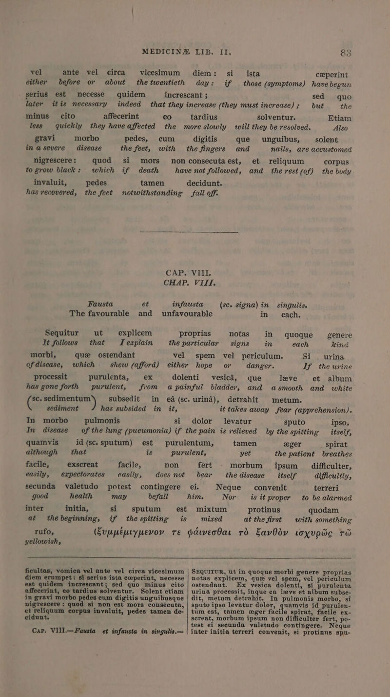 vel ante vel circa vicesimum diem: si ista ceperint either before or about thetwentieth day: if those (symptoms) have begun serius est mnecesse quidem increscant ; sed quo later itis necessary indeed that they increase (they must increase); but the minus cito affecerint. eo tardius solventur. Etiam less quickly they haveaffected the more slowly will they be resolved. Also gravi morbo pedes, cum digitis que unguibus, solent in @ severe disease the feet, with the fingers and nails, are accustomed nigrescere : quod si mors nonconsecutaest, et reliquum corpus to grow black: which if death have not followed, and the rest (of) the budy- invaluit, pedes tamen decidunt. has recovered, the feet notwithstanding fail off: CAP AVI. CHAP. Vill. Fausta et infausta (sc. signa) in singuliss The favourable and unfavourable in each. Sequitur ut explicem proprias notas in quoque _ genere It follows that JTexplain the purticulary signs in each kind morbi, quz ostendant vel spem vel periculum. Si . urina of disease, which shew (afford) either hope or danger. If the urine processit purulenta, ex dolenti vesica, que leve et album has gone forth purulent, from a painful bladder, and asmooth and white 43 sedimentum subsedit in ea (sc. urina), detrahit metum. sediment has subsided in it, it takes away fear (apprehension). In morbo pulmonis si dolor levatur sputo ipso, In disease of the lung (pueumonia) if the pain is relieved by the spitting itself, quamvis id (sc.sputum) est purulentum, tamen zeger spirat although that is purulent, yet the patient breathes facile, exscreat _— facile, non fert morbum ipsum difficulter, easily, expectorates easily, does not bear the disease _ itself difficultly, secunda valetudo potest contingere ei. Neque _ convent terreri good health may befall him. Nor is it proper to be alarmed inter initia, si sputum est mixtum protinus quodam at thebeginning, if the spitting is mized at the first with something rufo, (Zuppéptypevoy re pavecOar 7d EavOdy toyvpde Th yellowish, ficultas, vomica vel ante vel circa vicesimum | SEQUITUR, ut in quoque morbi genere proprias diem erumpet: si serius ista ceeperint, necesse | notas explicem, que vel spem, vel periculum est quidem increscant; sed quo minus cito | ostendant. Ex vesica dolenti, si purulenta affecerint, eo tardius solventur. Solent etiam | urina processit, inque ea leve et album subse- in gravi morbo pedes cum digitis unguibusque | dit, metum detrahit. In pulmonis morbo, si nigrescere ; quod si non est mors consecuta, | sputo ipso levatur dolor, conan sae id purulen- et reliquum corpus invaluit, pedes tamen de- | tum est, tamen eger facile spirat, facile ex- cidunt. screat, morbum ipsum non difficulter fert, po- test ei secunda valetudo contingere. Neque Cap. VIII.—Fausia et infausta in singulis.— | inter initia terreri convenit, si protinus spu-