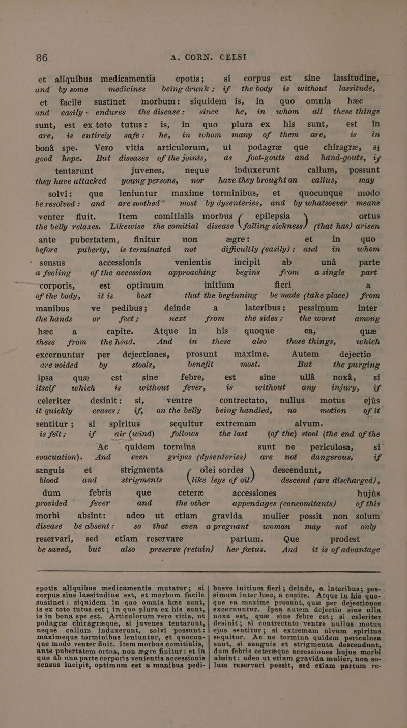 et aliquibus medicamentis epotis ; si corpus est sine _ lassitudine, ana by some medicines being drunk; if thebody is without lassitude, et facile sustinet morbum: siquidem is, in quo omnia hee and easily~ endures the disease: since he, in whom all _ these things sunt, est ex toto tutus: is, in quo plura ex his _ sunt, est in are, is entirely safe: he, in whom many of them are, is in bona spe. Vero vitia articulorum, ut podagre que _ chiragre, sj good hope. But diseases of the joints, as foot-gouts and hand-gouts, if tentarunt juvenes, neque induxerunt callum, possunt they have attacked young persons, nor havetheybroughton callus, may solvi: que leniuntur maxime torminibus, et quocunque modo be resolved: and are soothed” most by dysenteries, and by whatsoever means venter fluit. Item comitialis morbus epilepsia ) ortus the belly relaxes. Likewise the comitial disease \ falling sickness/ (that has) arisen ante pubertatem, finitur non eegre ¢ et in quo before puberty, is terminated not difficultly (easily); and in whom sensus accessionis venientis incipit ab una parte a feeling of the accession approaching begins from asingle part corporis, est optimum jnitium fieri a of the body, it is best that the beginning be made (take place) from manibus ve pedibus; deinde a lateribus; pessimum inter the hands or feet; next from the sides ; the worst among heec a capite. Atque in his quoque ea, que these from the head. And in these also those things, which excernuntur per dejectiones, prosunt maxime, Autem dejectio are voided by stools, benefit most. But the purging ipsa que est sine febre, est sine ulla =noxa,_—_ si itself which is without fever, is without any injury, if celeriter desinit; si, ventre contrectato, nullus motus ejais it quickly ceases; if, onthe belly being handied, no motion of it sentitur; si spiritus sequitur extremam alyvum. is felt ; if air (wind) follows the last (of the) stool (the end of the Ac quidem tormina sunt ne _ periculosa, si evacuation). And even gripes (dysenteries) are not dangerous, if senguis et strigmenta olei sordes descendunt, blood and strigments (ine leys of oil descend (are discharged), dum febris que ceterze accessiones hujis provided fever and the other appendages (concomitants) of this morbi absint: adeo ut etiam gravida mulier possit non solum disease be absent: so that even apregnant woman may not only reservari, sed etiam reservare partum. Que prodest be saved, but also preserve (retain) her foetus. And it is of advantage epotis aliquibus medicamentis mutatur; si | busve initium fieri; deinde, a lateribus; pes- corpus sine lassitudine est, et morbum facile | simum inter hee, a capite. Atque in his quo- sustinet : siquidem in quo omnia hee sunt, | que ea maxime prosunt, que per dejectiones is ex toto tutus est; in quo plura ex his sunt, | excernuntur. Ipsa autem dejectio sine ulla is in bona spe est. Articulorum vero vitia, ut} noxa est, que sine febre est; si celeriter podagre chiragreque, si juvenes tentarunt, | desinit; si comtrectato ventre nullus motus meque callum induxerunt, solvi possunt:| ejus sentitur; si extremam alvyum spiritus maximeque torminibus leniuntur, et quocun-| sequitur. Ac ne tormina quidem periculosa que modo venter fluit. Item morbus comitialis, | sunt, si sanguis et strigmenta descendunt, ante pubertatem ortus, non egre finitur: et in | dum febris ceterseque accessiones hujus morbi quo ab una parte corporis venientis accessionis | absint: adeo ut etiam gravida mulier, non go- sensus incipit, optimum est a manibus pedi- | lum reservari possit, sed etiam partum re-