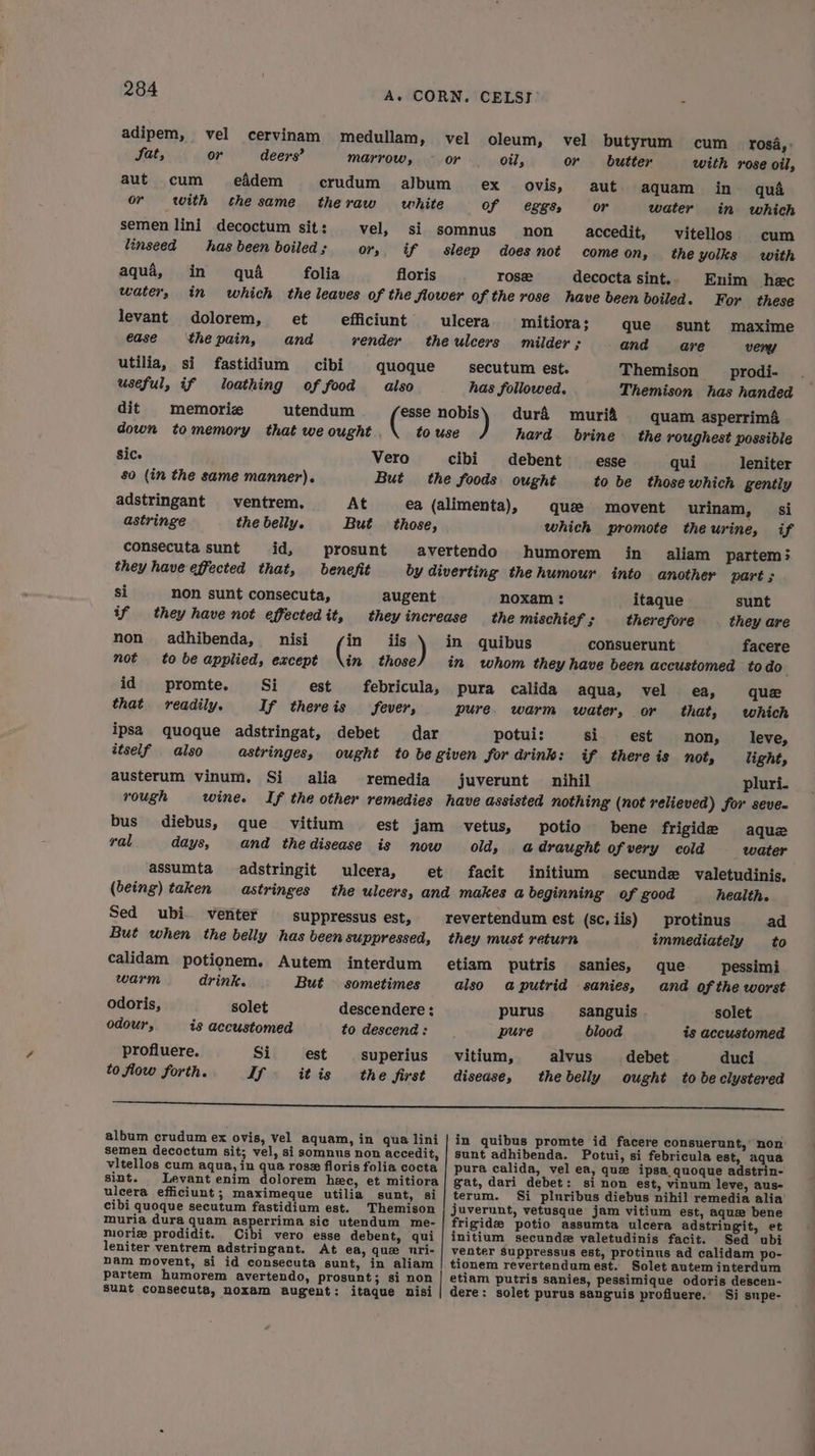 adipem, vel cervinam medullam, vel oleum, vel butyrum cum rosa,’ Sat, or deers? marrow, or oi, or butter with rose oil, aut cum eddem crudum album ex ovis, aut aquam in qua or with the same theraw white Of egEss or water in which semen lini decoctum sit: vel, si somnus non accedit, vitellos cum linseed has been boiled; or, if sleep doesnot comeon, the yolks with aqua, in qua folia floris rose decocta sint.. Enim hec water, in which the leaves of the fower of the rose have been boiled. For these levant dolorem, et efficiunt ulcera mitiora ; que sunt maxime ease ‘thepain, and vender theulcers milder ; and are very utilia, si fastidium cibi © quoque secutum est. Themison __ prodi- useful, if loathing of food also has followed. Themison has handed dit memorize utendum esse nobis) dur& muri& quam asperrima down tomemory that we ought , to use hard brine the roughest possible Sic. Vero cibi debent esse qui leniter so (in the same manner). But the foods ought to be those which gently adstringant ventrem. At ea (alimenta), que movent urinam, si astringe the belly. But _ those, which promote theurine, if consecuta sunt id, prosunt avertendo humorem in aliam partem ; they have effected that, benefit by diverting thehumour into another part ; si non sunt consecuta, augent noxam : itaque sunt if they have not effectedit, they increase the mischief ; therefore they are non adhibenda, nisi in iis ) in quibus consuerunt facere not to be applied, except \in those in whom they have been accustomed to do id promte. Si est = febricula, pura calida aqua, vel ea, que that readily. If thereis fever, pure. warm water, or that, which ipsa quoque adstringat, debet dar potui: si est non, lieve, ttself also astringes, ought to be given for drink: if there is not, light, austerum vinum. Si alia remedia juverunt nihil pluri-. rough wine. If the other remedies have assisted nothing (not relieved) for seve- bus diebus, que vitium est jam vetus, potio bene frigide aque ral days, and thedisease is now old, a draught of very cold water assumta adstringit ulcera, et facit initium secunde valetudinis. (being) taken astringes the ulcers, and makes a beginning of good health. Sed ubi venter suppressus est, revertendum est (sc,iis) protinus ad But when the belly has been suppressed, they must return immediately to calidam potionem. Autem interdum etiam putris sanies, que Pessimi warm drink. But sometimes also aputrid sanies, and of the worst odoris, solet descendere ; purus sanguis solet odour, is accustomed to descend: pure blood is accustomed profiuere. Si est superius vitium, alvus debet duci to flow forth. If itis the first disease, thebelly ought to beciystered SS ee ee eee ee album crudum ex ovis, vel aquam, in qua lini | in quibus promte id facere consuerunt,’ non semen decoctum sit; vel, si somnus non accedit, | sunt adhibenda. Potui, si febricula est, aqua vitellos cum aqua, in qua rose floris folia cocta pura calida, vel ea, que ipsa quoque adstrin- sint. Levant enim dolorem hee, et mitiora gat, dari debet: si non est, vinum leve, aus- ulcera efficiunt; maximeque utilia sunt, si|terum. Si pluribus diebus nihil remedia alia cibi quoque secutum fastidium est. Themison juverunt, vetusque jam vitium est, aque bene muria dura quam asperrima sic utendum me- frigidz potio assumta ulcera adstringit, et moriz prodidit. Cibi vero esse debent, qui initium secunde valetudinis facit. Sed ubi leniter ventrem adstringant. At ea, que uri- | venter Suppressus est, protinus ad calidam po- nam movent, si id consecuta sunt, in aliam | tionem revertendumest. Solet autem interdum partem humorem avertendo, prosunt; si non | etiam putris sanies, pessimique odoris descen- Sunt consecuta, noxam augent: itaque nisi | dere: solet purus sanguis profluere. Si supe-