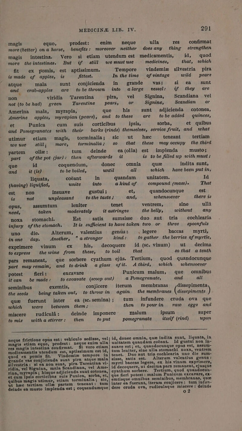 neque frictione opus est: vehi : magis etiam equo, prodest: neque enim ulla res magis intestina confirmat. Si vero etiam medicamentis utendum est, aptissimum est id, quod ex pomis fit. Vindemis tempore in grande vas conjicienda sunt pira atque mala silvestria: siea non sunt, pira. Tarentina vi- ridia, vel Signina, mala Scandiana, vel Ame- rina, myrapia; hisque adjicienda sunt cotonea, et cum ipsis corticibns suis Punica, sorba, et, quibus magis utimur, etiam torminalia; sic, ut hee tertiam olle partem teneant: tum deinde ea musto implenda est ; coquendumque MEDICINE LIB. IV. 291 - magis equo, prodest: enim neque ulla res confirmat more (better) on a@ horse, benefits: moreover neither does any thing strengthen magis intestina. Vero si etiam utendum est medicamentis, id, quod more theintestines. But if still we must use medicines, that, which fit ex pomis, est aptissimum. Tempore vindemie silvestria pira is made of apples, is fittest. In the time of vintage wild pears atque mala sunt conjicienda in grande vas: si ea sunt and crab-apples are tobethrown into a large vessel: if they are non viridia Tarentina pira, vel Signina, Scandiana_ vel not (to be had) green Tarentine pears s or Signine, Scandian or Amerina mala, myrapia, que his sunt adjicienda cotonea, Amerine apples, myrapian (pears), and to these are tobe added quinces, et Punica cum suis corticibus ipsis, sorba, et quibus and Pomegranates with their barks (rinds) themselves, service fruit, and what utimur etiam magis, torminalia; sic ut heec teneant tertiam we use Still ; more, torminalia; 80 that these may occupy the third partem olle : tum deinde ea (olla) est implenda musto; part of the pot (jar): then afterwards itt is to be filled up with must ; que id coquendum, donec omnia quee indita sunt, and it (is) to be boiled, until all which have been put in, liquata, coéant in quandam unitatem. Id (having) liquified, unite into a kind of compound (mass)« That est non insuave gustui ; et, quandocunque est is not unpleasant to the taste ; and, whensoever there is opus, assumtum leniter tenet ventrem, sine ulla need, taken moderately it astringes the belly, without any noxa stomachi. Est satis sumsisse duo aut tria cochlearia injury of the stomach. It is sufficient to have taken two or three spoonfuls uno die. Alterum, valentius genus: . legere baccas myrti, inone day. Another, “ astronger kind: to gather the berries of myrtle, exprimere vinum ex his, | decoquere id (sc. vinum) ut decima toexpress thewine from these, to boil that so that atenth pars remaneat, que sorbere cyathum ejis. Tertium, quod quandocunque part may remain, and todrink a gluss ofit. Athird, which whensoever potest fieri: excavare Punicum malum, que omnibus itcan be made: to excavate (scoop out) a Pomegranate, and ail seminibus exemtis, conjicere iterum membranas dissepimenta the seeds being taken out, to throw in again the membranes \ dissepiments ) que fuerunt inter ~ ea (sc. semina) ; tum infundere cruda ova que which were between them; then to pourin raw eggs and miscere rudiculd: deinde imponere malum ipsum super to miz witha stirrer: then to put pomegranate itself (vind) upon sunt, liquata, in unitatem quandam coéant. Id gustui non in- suave est; et, quandocunque opus est, assum- tum leniter, sine ulla stomachi noxa, ventrem tenet. Duo aut tria cochlearia uno die sum- sisse, satis est. Alterum valentius genus: myrti baccas legere, ex his vinum exprimere, id decoquere, ut decima pars remaneat, ejusque cyathum sorbere. Tertium, quod quaudocun- que fieri potest: malum Punicnm excavare, ex- emtisque omnibus seminibus, membranas, qu inter ea fuerunt, iterum conjicere: tum infun- dere cruda ova, rudiculaque miscere: deinde