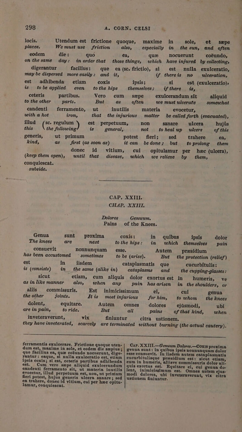 locis. Utendum est frictione quoque, maxime in sole, et szepe places. We must use friction also, especially in the sun, and often eodem die : quo ea; que nocuerunt coéundo, on the same day: inorder that those things, which have injured by collecting, digerantur facilius: que ea (sc. frictio), si est nulla exulceratio, may be dispersed more easily: and it, if thereis no ulceration, est adhibenda etiam coxis ipsis ; si est (exulceratio)> is tobeapplied even tothe hips themselves ; if there is, ceteris partibus. Vero cum _ szpe exulcerandum sit aliquid to the other parts. But as often we must ulcerute somewhat candenti ferramento, ut inutilis materia evocetur, with @ hot irons that the injurious matter be called forth (evacuated), illud (sc. regulum est perpetuum, non sanare ulcera hujis this the following is general, not tohealup ulcers of this generis, ut primum potest fieri; sed trahere ea, kind, as Sirst (as soon as) it can bedones but to prolong them donec id vitium, cui opitulamur per hec (ulcera), (keep them open), until that disease, which we relieve by them, conquiescat. subside. CAP, XXIII. CHAP, XXIII. Dolores Genuum, Pains of the Knees. Genua sunt proxima coxis: in quibus ipsis dolor The knees are next tothe hips: in which themselves pain consuevit nonnunquam esse. Autem presidium has been accustomed sometimes to be (arise). But the protection (relief) est in iisdem cataplasmatis que cucurbitulis: is (consists) in _ the same (alike in) cataplasms and the cupping-glasses: sicut etiam, cum aliquis dolor exortus est in humeris, ve as in like manner also, when any pain hasarisen in the shoulders, or aliis commissuris. Est inimicissimum ei, cui genua the other joints. Lt is most injurious for him, to whom __ the knees dolent, equitare. Autem omnes dolores ejismodi, ubi are in pain, to ride. But all pains of that kind, when inveteraverunt, vix finiuntur citra ustionem. te a ee ee ferramentis exulcerare. Frictione quoque uten- { Cap. XXIII.—Genuum Dolores.—Coxis proxima dum est, maxime in sole, et eodem die sepius ; | genua sunt: in quibus ipsis nonnunquam dolor quo facilius ea, que coéundo nocuerunt, dige- | esse consuevit. In iisdem autem cataplasmatis rantur: eaque, si nulla exulceratio est, etiam cucurbitulisque presidium est: sicut etiam, ipsis coxis; si est, ceteris partibus adhibenda | cum in humeris, aliisve commissuris dolor ali- est. Cum vero sepe aliquid exulcerandum | quis exortus est. Equitare ei, cui genua do- candenti ferramento sit, ut materia inutilis lent, inimicissimum est. Omnes autem ejus- evocetur, illud perpetuum est, non, ut prinium | modi dolores, ubi inveteraverunt, vix citra fieri potest, hujus generis ulcera sanare ; sed | ustionem finiuntur. ea trahere, donec if vitium, cui per hec opitu- lamur, conquiescat.