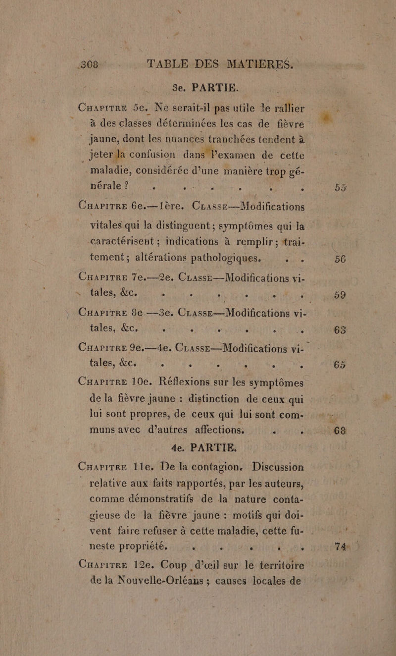 Se. PARTIE. Cuarrrre 5e, Ne serait-il pas utile le rallier = à des classes déterminées les cas de fièvre ‘ jaune, dont les nuances tranchées tendent à jeter la confusion dans l'examen de cette maladie, considérée d’une manière trop gé- nérale? . AE : ; : CHaAPiTRE 6e.—1ère. Crasse—Modifications vitales qui la distinguent ; symptômes qui la -caractérisent ; indications à remplir ; trai- tement; altérations pathologiques. te 2e. CLasse—Modifications vi- =. : tales, &amp;c. -e 0 e à. e e CHAPITRE 7e. L. 2 , CHapirre 8e —3e. CLasse—Modifications vi- tales, &amp;c. e e e 3 e@ e e CuapiTREe Je.—4e. CLasse—Modifications vi- tales, &amp;c. à j : , , CHariTRe 10e. Réflexions sur les symptômes de la fièvre jaune : distinction de ceux qui Jui sont propres, de ceux qui lui sont com- muns avec d’autres affections, à , 4e. PARTIE, Cuapirre lle, De la contagion. Discussion . relative aux faits rapportés, par les auteurs, comme démonstratifs de la nature conta- gieuse de la fièvre jaune : motifs qui doi- vent faire refuser à cette maladie, cette fu- neste propriété. . ‘ . F4 Cnarirre 12e. Coup d'œil sur le territoire de la Nouvelle-Orléans ; causes locales de 56 63 74