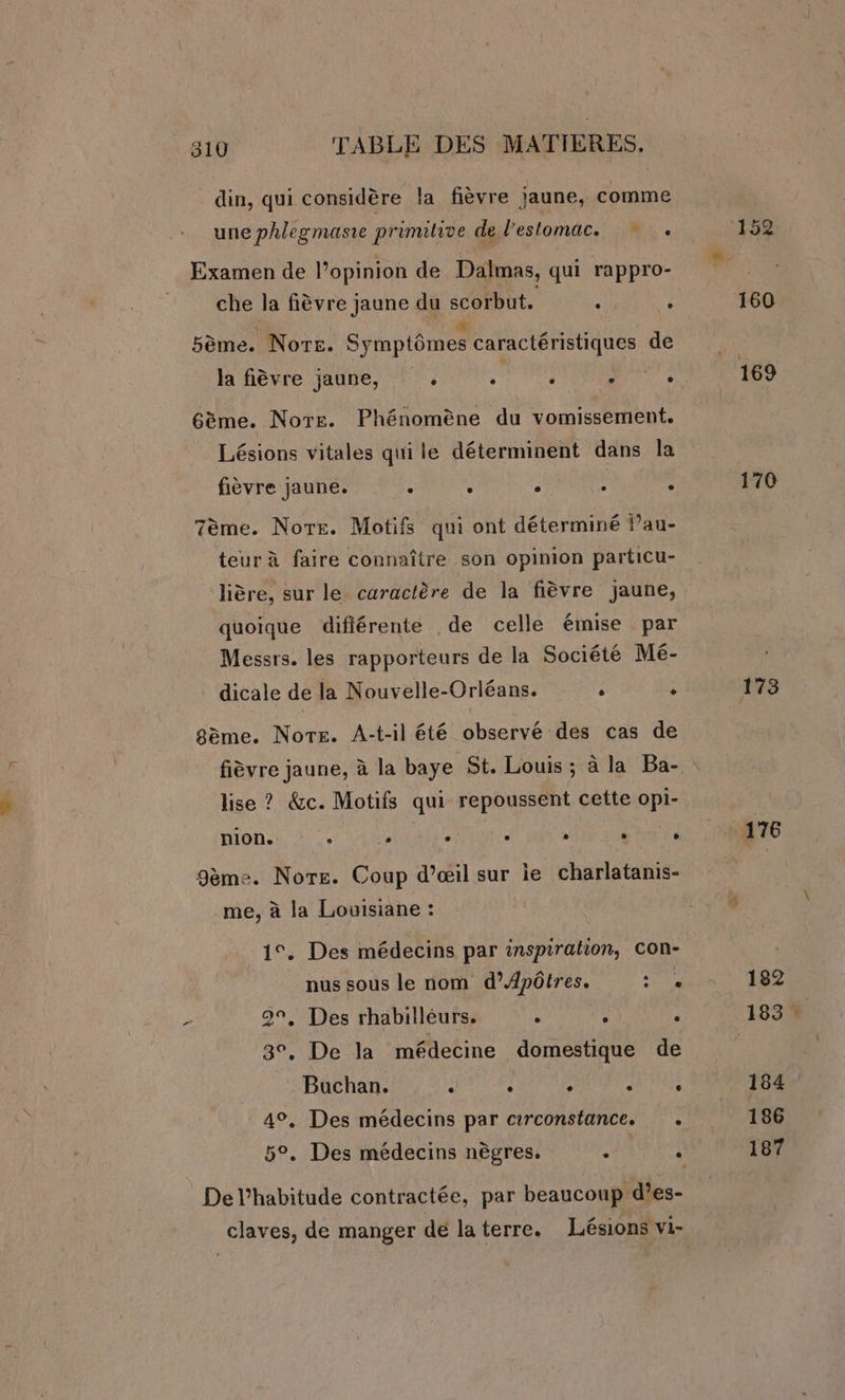 din, qui considère la fièvre jaune, comme une phlegmasre primitive de l'estomac. Examen de l'opinion de Dalmas, qui rappro- che la fièvre jaune du scorbut. ‘ ‘ } 1 A | ® # ° 5ème. Norte. Symptômes caractéristiques de la fièvre jaune, . : ; : Écu Gème. NoTe. Phénomène du vomissement. Lésions vitales qui le déterminent dans la fièvre jaune. A d : ; ; 7ème. Norte. Motifs qui ont déterminé Pau- teur à faire connaître son opinion particu- lière, sur le caractère de la fièvre jaune, quoique diflérente de celle émise par Messrs. les rapporteurs de la Société Mé- dicale de la Nouvelle-Orléans. ‘ è gème. NoTe. A-t-il été observé des cas de lise ? &amp;c. Motifs qui repoussent cette opi- nion. : 1 ; ; : K \ 9ème. Nore. Coup d’œil sur ie charlatanis- me, à la Louisiane : 1°. Des médecins par inspiration, con- 2°, Des rhabilléurs. . Fe . 3°, De la médecine domestique de Buchan. : : , pi ST 4°, Des médecins par circonstance. + De l'habitude contractée, par beaucoup d’es- claves, de manger dé laterre. Lésions vi- 170 173