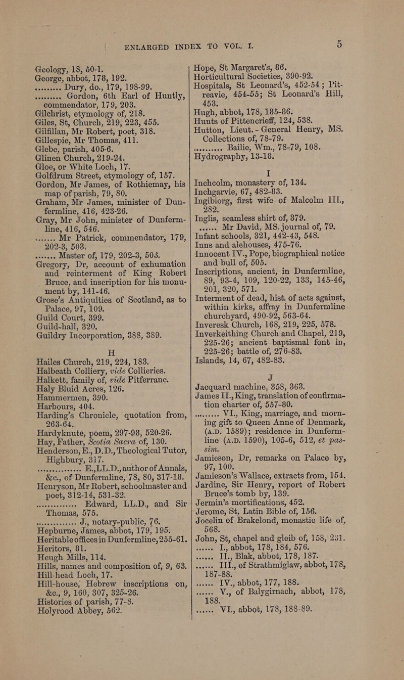 George, abbot, 178, 192. ae ree Dury, do., 179, 198-99. Guise Gordon, 6th Earl of Huntly, commendator, 179, 203. Gilchrist, etymology of, 218. Giles, St, Church, 219, 223, 455. Gilfillan, Mr Robert, poet, 318. Gillespie, Mr Thomas, 411. Glebe, parish, 405-6. Glinen Church, 219-24. Gloe, or White Loch, 17. Golfdrum Street, etymology of, 157. Gordon, Mr James, of Rothiemay, his map of parish, 79, 80. Graham, Mr James, minister of Dun- fermline, 416, 423-26. Gray, Mr John, minister of Dunferm- line, 416, 546. Mr Patrick, commendator, 179, 202-3, 503. ; Reesate Master of, 179, 202-3, 503. Gregory, Dr, account of exhumation and reinterment of King Robert Bruce, and inscription for his monu- ment by, 141-46. Grose’s Antiquities of Scotland, as to Palace, 97, 109. Guild Court, 399. Guild-hall, 320. Guildry Incorporation, 388, 389. H Hailes Church, 219, 224, 183. Halbeath Colliery, vide Collieries. Halkett, family of, vide Pitferrane. Haly Bluid Acres, 126. Hammermen, 390. Harbours, 404. Harding’s Chronicle, quotation from, 263-64. Hardyknute, poem, 297-98, 520-26. Hay, Father, Scotia Sacra of, 130. Henderson, E., D.D., Theological Tutor, Highbury, 317. A eae E.,LU.D., author of Annals, &amp;c., of Dunfermline, 78, 80, 317-18. Henryson, Mr Robert, schoolmaster and poet, 312-14, 531-32. Edward, LL.D., and Sir Thomas, 575. [Saas eee J., notary-public, 76. Hepburne, James, abbot, 179, 195. Heritable offices in Dunfermline, 255-61. Heritors, 81. Heugh Mills, 114. Hills, names and composition of, 9, 63. Hill-head Loch, 17. Hill-house, Hebrew inscriptions on, &amp;e., 9, 160, 307, 325-26. Histories of parish, 77-8. Holyrood Abbey, 562. eeeceescceceres Horticultural Societies, 390-92. Hospitals, St Leonard’s, 452-54; Pit- reavie, 454-55; St Leonard’s Hill, 453. Hugh, abbot, 178, 185-86. Hunts of Pittencrieff, 124, 538. Hutton, Lieut.- General Henry, MS. Collections of, 78-79. Rinse sare Bailie, Wm., 78-79, 108. Hydrography, 13-18. Inchcolm, monastery of, 134. Inchgarvie, 67, 482-83. Ingibiorg, first wife. of Malcolm IIL, 282 Inglis, seamless shirt of, 379. Mr David, MS. journal of, 79. Inns and alehouses, 475-76. Innocent IV., Pope, biographical notice and bull of, 505. Inscriptions, ancient, in Dunfermline, 89, 93-4, 109, 120-22, 1383, 145-46, 201, 320, 571. Interment of dead, hist. of acts against, within kirks, affray in Dunfermline. churchyard, 490-92, 563-64. Inveresk Church, 168, 219, 225, 578. Inverkeithing Church and Chapel, 219, 225-26; ancient baptismal font in, 225-26; battle of, 276-83. Islands, 14, 67, 482-83. J Jacquard machine, 358, 363. James II., King, translation of confirma- tion charter of, 557-80. vatent ees VI., King, marriage, and morn- ing gift to Queen Anne of Denmark, (A.D. 1589); residence in Dunferm- line (A.D. 1590), 105-6, 512, e¢ pas- sim. Jamieson, Dr, remarks on Palace by, 97, 100. Jamieson’s Wallace, extracts from, 154. Jardine, Sir Henry, report of Robert Bruce’s tomb by, 139. Jermin’s mortifications, 452. Jocelin of Brakelond, monastic life of, 568. John, St, chapel and gleib of, 158, 231. I., abbot, 178, 184, 576. II., Blak, abbot, 178, 187. IIL., of Strathmiglaw, abbot, 178, -88. IV., abbot, 177, 188. V., of Balygirnach, abbot, 178, ‘VL, abbot, 178, 188-89. eaeeee