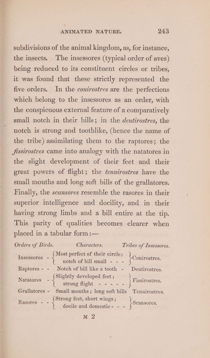 subdivisions of the animal kingdom, as, for instance, the insects. The insessores (typical order of aves) being reduced to its constituent circles or tribes, it was found that these strictly represented the five orders. In the conirostres are the perfections which belong to the insessores as an order, with the conspicuous external feature of a comparatively small notch in their bills; in the dentirostres, the notch is strong and toothlike, (hence the name of the tribe) assimilating them to the raptores; the Jissirostres came into analogy with the natatores in the slight development of their feet and their great powers of flight; the ¢enutrostres have the small mouths and long soft bills of the grallatores. Finally, the scansores resemble the rasores in their superior intelligence and docility, and in their having strong limbs and a bill entire at the tip. This parity of qualities becomes clearer when placed in a tabular form :— Orders of Birds. Characters. Tribes of Insessores. Most perfect of their circle; | notch of bill small - - - Raptores- - Notch of bill like atooth - Dentirostres. lightly developed feet ; Natatores - a ie) ie ePreret strong flight - - - - - Grallatores - Small mouths; long soft bills Tenuirostres. (8 feet, sh ings ; Reo te ene eet, short bie ; docile and domestic- - - Insessores - | } conirostres Fissirostres. | Scansores M 2