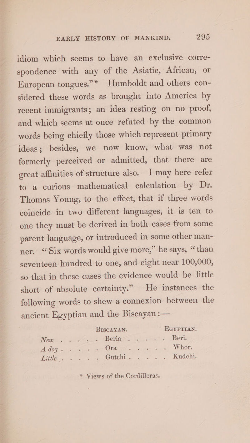 idiom which seems to have an exclusive corre- spondence with any of the Asiatic, African, or European tongues.”* Humboldt and others con-- sidered these words as brought into America by recent immigrants; an idea resting on no proof, and which seems at once refuted by the common words being chiefly those which represent primary ideas; besides, we now know, what was not formerly perceived or admitted, that there are great affinities of structure also. I may here refer to a curious mathematical calculation by Dr. Thomas Young, to the effect, that if three words coincide in two different languages, it is ten to one they must be derived in both cases from some parent language, or introduced in some other man- ner. “Six words would give more,” he says, “ than seventeen hundred to one, and eight near 100,000, so that in these cases the evidence would be little short of absolute certainty.” He instances the following words to shew a connexion between the ancient Egyptian and the Biscayan :— BIScAYAN. EGYPTIAN. Nese’ Jes Sib pea isles Beri. idee. cp ans doll OT SA oie doe opi. Ver. Pittle. =... , Gute. ..-/. . Kudehi. * Views of the Cordilleras.