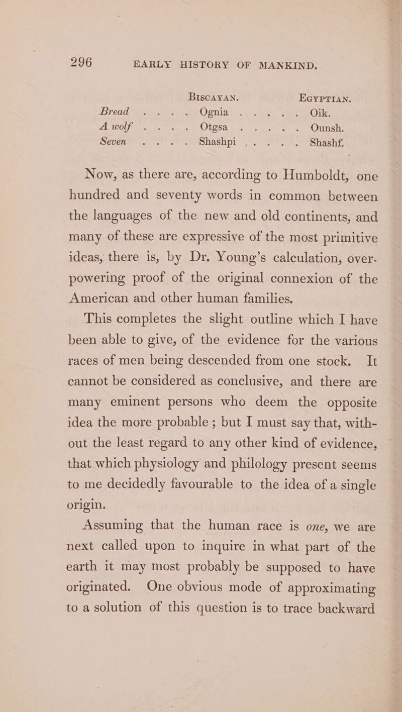 BIscayaAn. EGYPTIAN. Dredd! me tert ee ena. | Sj eke WOOL oe oe aca ORES 6 ig eee MOIR Sem se eshashpi | ” (Shaene Now, as there are, according to Humboldt, one hundred and seventy words in common between the languages of the new and old continents, and many of these are expressive of the most primitive ideas, there is, by Dr. Young’s calculation, over. powering proof of the original connexion of the American and other human families. This completes the slight outline which I have been able to give, of the evidence for the various races of men being descended from one stock. It cannot be considered as conclusive, and there are many eminent persons who deem the opposite idea the more probable ; but I must say that, with- out the least regard to any other kind of evidence, that which physiology and philology present seems to me decidedly favourable to the idea of a single origin. Assuming that the human race is one, we are next called upon to inquire in what part of the earth it may most probably be supposed to have originated. One obvious mode of approximating to a solution of this question is to trace backward