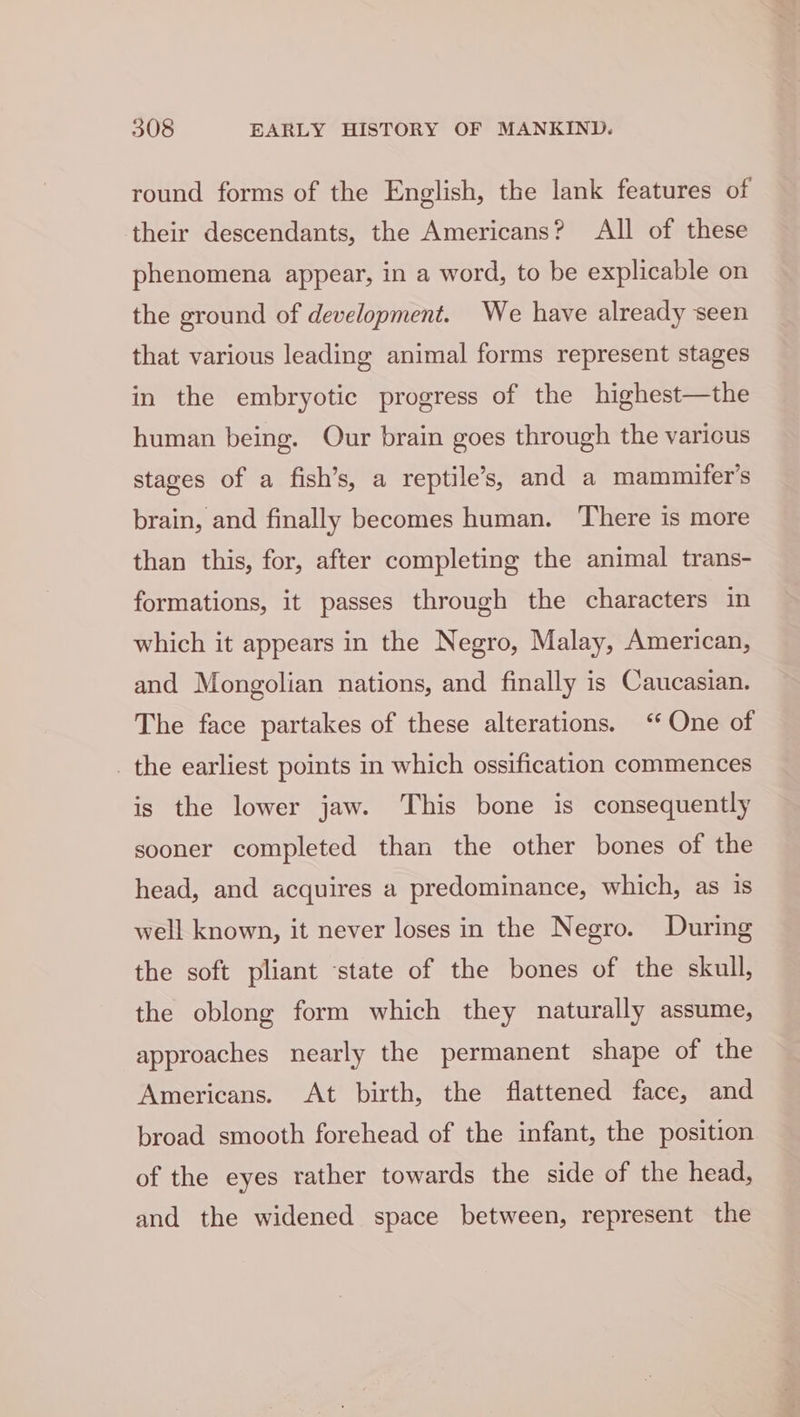 round forms of the English, the lank features of their descendants, the Americans? All of these phenomena appear, in a word, to be explicable on the ground of development. We have already seen that various leading animal forms represent stages in the embryotic progress of the highest—the human being. Our brain goes through the various stages of a fish’s, a reptile’s, and a mammifer’s brain, and finally becomes human. ‘There is more than this, for, after completing the animal trans- formations, it passes through the characters in which it appears in the Negro, Malay, American, and Mongolian nations, and finally is Caucasian. The face partakes of these alterations. ‘ One of _ the earliest points in which ossification commences is the lower jaw. This bone is consequently sooner completed than the other bones of the head, and acquires a predominance, which, as is well known, it never loses in the Negro. During the soft pliant ‘state of the bones of the skull, the oblong form which they naturally assume, approaches nearly the permanent shape of the Americans. At birth, the flattened face, and broad smooth forehead of the infant, the position of the eyes rather towards the side of the head, and the widened space between, represent the