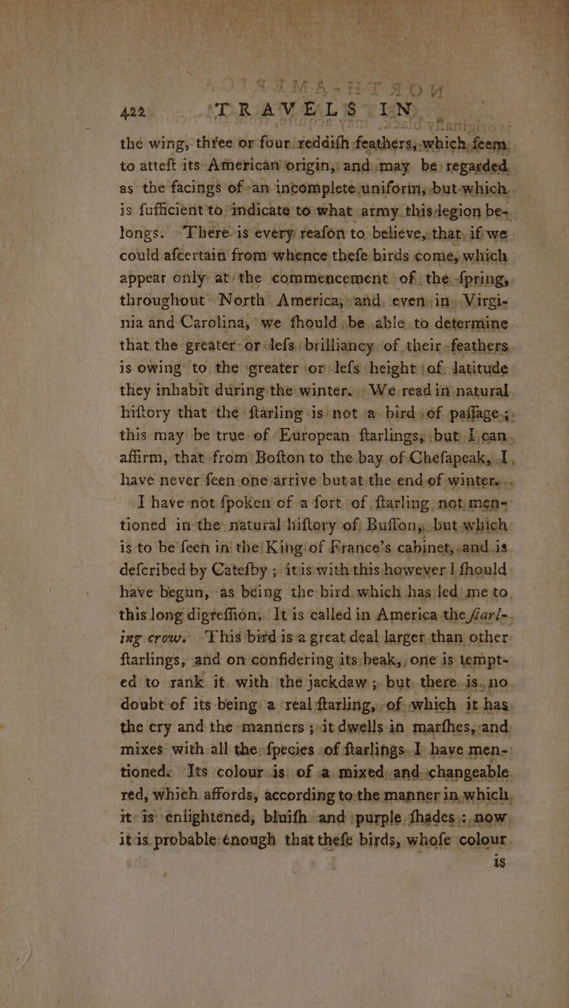 | 1 Au atts “ g a ae M 8 &gt; + don PAR pe | L.-T AOU 422 TRA v E L $ y N: “7 if Miz the wing, three or four: scddith: feathers, Mere fem, to atteft its American origin, and may be) regarded, longs. “There is every reafon to believe,:that, if we appear only at’ the commencement of the -fpring, throughout’ North America; and, even) in» Virgi- nia and Carolina, we fhould ;be able to determine is owing to the greater or lefs height iof latitude they inhabit during the winter... We read in natural. have never feen one arrive butat the end.of winter... Thave not fpoken of a fort of ftarling notimen- tioned in the natural hiftory of Buffon;but which: is to be feen in the King'of France’s cabinet, sand.is defcribed by Catefby ; itis with this however I fhould have begun, as being the bird which has led me to. ing crow. ‘This bird is a great deal larger than other ftarlings, and on confidering its beak,, one is tempt- ed to rank it with the jackdaw ; but. there. is. no doubt of its being: a real: ftarling, | of which it has the cry and the manners ; it dwells in marfhes,:and mixes with all the: fpecies of flarlings. I have men- tioned. Its colour is: of a mixed, and-:changeable red, which affords, according to the manner in which, it is enlightened, bluifh and :purple. fhades :.now itis probable énough that thefe birds, whofe colour. 4$ h