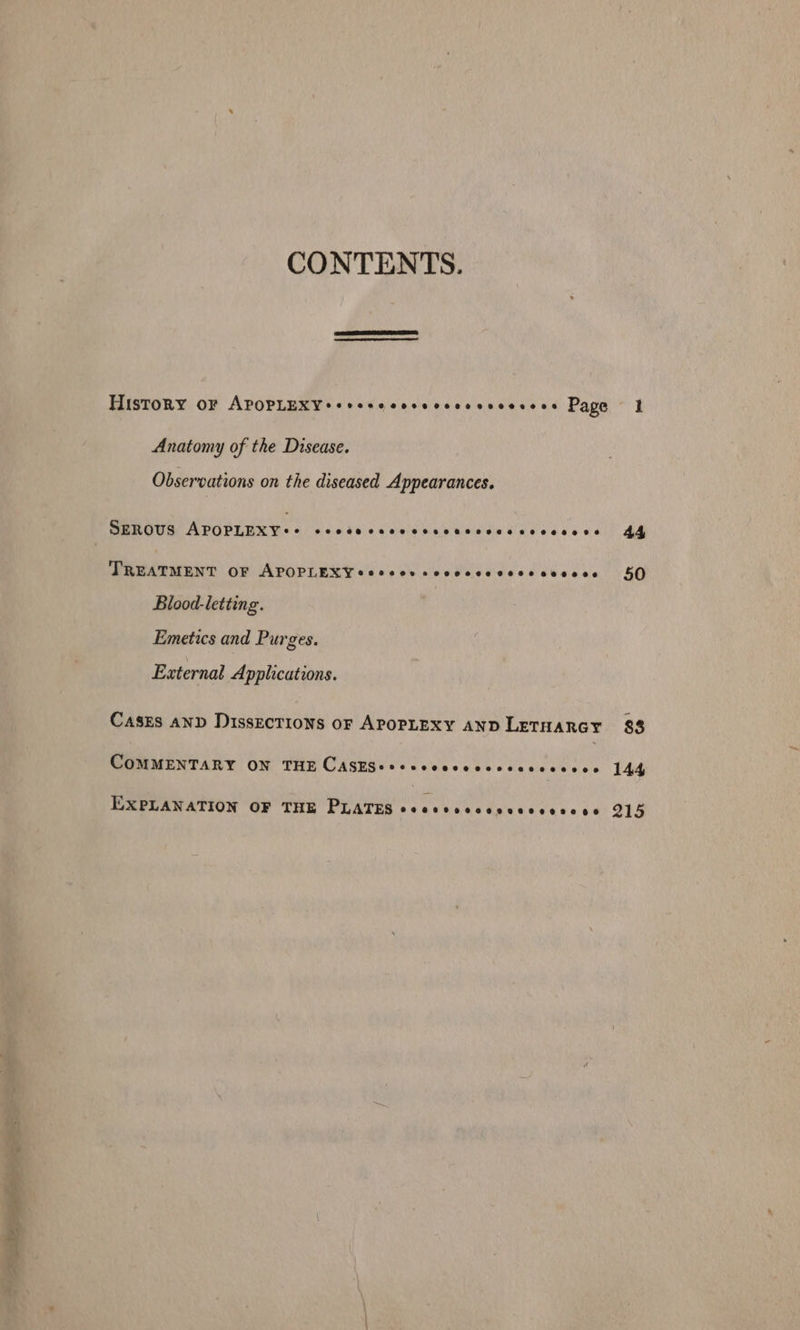 CONTENTS. History OF APOPLEM Ys be veeeclsiecceebeees ae Page I Anatomy of the Disease. Observations on the diseased Appearances. SEROUS APOPLEXY =e SCCHOCRCHOSSGHHLOROOHE HO AOOHESEO BE 44 TREATMENT OF APOPLEXYeecces ccocccecccccscess 80 Blood-letting. Emetics and Purges. External Applications. CasEs AND DissEcTIoNS oF APOPLEXY AND LETHARGY 88 COMMENTARY ON THE CASESe++scccceccccccsscees 144 EXPLANATION OF THE PLATES Peeeroecoesereesene BIH