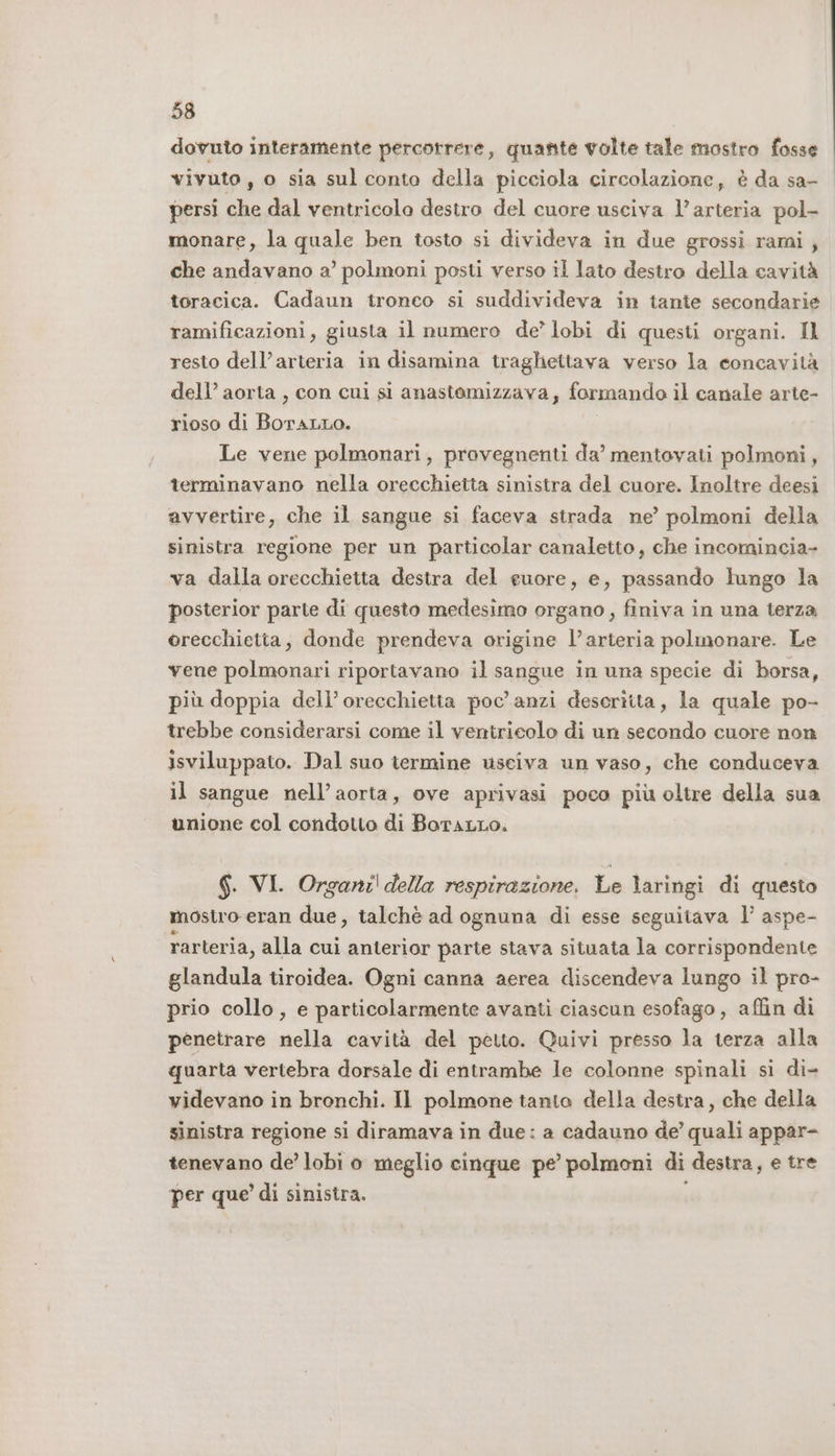 dovuto interamente percotrere, quante volte tale mostro fosse vivuto, o sia sul conto della picciola circolazione, è da sa- persi che dal ventricolo destro del cuore usciva l’arteria pol- monare, la quale ben tosto si divideva in due grossi rami, che andavano a’ polmoni posti verso il lato destro della cavità toracica. Cadaun tronco si suddivideva in tante secondarie ramificazioni, giusta il numero de’ lobi di questi organi. Il resto dell’arteria in disamina traghettava verso la concavità dell’ aorta , con cui si anastomizzava, formando il canale arte- rioso di BoraLno. Le vene polmonari, provegnenti da’ mentovati polmoni, terminavano nella orecchietta sinistra del cuore. Inoltre deesi avvertire, che il sangue si faceva strada ne’ polmoni della sinistra regione per un particolar canaletto, che incomincia- va dalla orecchietta destra del cuore, e, passando lungo la posterior parte di questo medesimo organo, finiva in una terza orecchietta, donde prendeva origine l’arteria polmonare. Le vene polmonari riportavano il sangue in una specie di borsa, più doppia dell’orecchietia poc'anzi descritta, la quale po- trebbe considerarsi come il ventricolo di un secondo cuore non isviluppato. Dal suo termine usciva un vaso, che conduceva il sangue nell’aorta, ove aprivasi poco più oltre della sua unione col condotto di Boraro. $. VI. Organi della respirazione. Le laringi di questo mostro eran due, talchè ad ognuna di esse seguitava l’ aspe- rarteria, alla cui anterior parte stava situata la corrispondente glandula tiroidea. Ogni canna aerea discendeva lungo il pro- prio collo , e particolarmente avanti ciascun esofago, affin di penetrare nella cavità del petto. Quivi presso la terza alla quarta vertebra dorsale di entrambe le colonne spinali si di- videvano in bronchi. Il polmone tanto della destra, che della sinistra regione si diramava in due: a cadauno de’ quali appar- tenevano de’ lobi o meglio cinque pe’ polmoni di destra, e tre per que di sinistra.