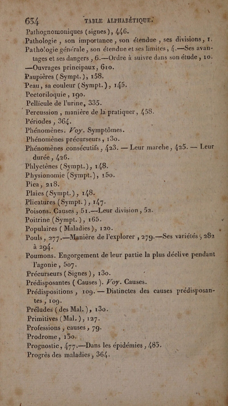 : ‘ua | RCI Pathog smomoniques (signes), 446. | Pathologie , son importance , son étendue , ses divisions, 1, Patho'ogie générale , son étendue et ses Nihiés , 4.—$es avan- tages et ses dangers , 6.—Ordre à suivre dans son étude, 10. —Ouvrages principaux, 6r0. 7 A7 Paupières (Sympt.}, 158. Peau, sa couleur (Sympt.), 145. ( : é Pectoriloquie , 190. Pellicule de l'urine, 335. T4 k Percussion , manière de la pratiquer, 458. Périodes , 364. | Phénomènes. foy. Symptômes. Phénomènes précurseurs , 190. Phénomènes consécutifs , 423. — Leur marche, 425. — Leur durée , 426. Phlyctènes (Sympt.), 148. Physionomie (Sympt.), 150 Pica, 219. Plaies (Sympt.), 148. . Plicatures (Sympt.) , 147. “ Poisons. Causes , 51.—Leur division, 52. Poitrine (Sympt.), 165. ‘ Populaires ( Maladies), 120. 4 Pouls, 277.—Manière de l’explorer , 279.—Ses variétés ; 282 à Fa | Poumons. Éngorgement de leur partie la plus déclive pendant l’agonie , 507. Précurseurs ( Signes ), 190. À Prédisposantes ( Causes ). Foy. Causes. Prédispositions , 109.— Distinctes des causes prédisposan- » tes , 109. | A Préludes (des Mal. ), 130. a Primitives (Mal. ), 127. Le * 50 i Professions ; causes , 79. L Prodrome, fre ke Prognostic, 477.—Dans les épidémies, 485. Progrès des maladies , 364, Î