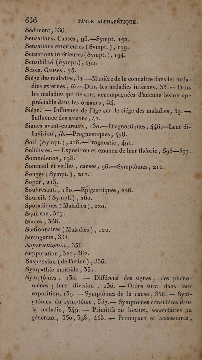 Sédiment , 336. TENTE Sensations. Causes , 96.—Sympt. 192. | # 3 Sensations extérieures (Sympt.), 199. # à Sensations intérieures (Sympt. » 194. “À Sensibilité (Sympt.) , 192. Sexes. Causes, 75. : é Siége des maladies, 3r.—Manière de le connaître dans les mala- dies externes , £b. —Dans les maladies internes, 33.— Dans les maladies qui ne sont accompagnées d’aucune lésion ap=. préciable dans les organes , 84. [SS Siége.. — Influence de l’âge sur le siége des a 39. = Influénce des saisons, Et Signes avant-coureurs , 130.—Diagnostiques , 4/6. “HU di- Invision , :5.—Prognostiques , 478. Soif (Sympt.) ,218.—Prognostic, 49t. | Solidistes. — Exposition et examen de leur théorie, S9-—5or. ; Somnolence , 195. Sommeil et veilles , causes , 96.—Symptômes , 210. Songes ( Sympt.), 211. | Sont 213. Soubresauts, 180.—Epigastriques , 226. Sourcils (Sympt.), 160. Se _Sporadiques ( Maladies ), 120. Squirrhe, 517. Stades , 368. Stationnaires ( Maladies ), 120. Strangurie , 396. Supervenientia , 356. Suppuration , 521; 982. | | Suspension (de l'urine) , 336. 1 | Sympathie morbide , 331. - * Symplômes , 130. — Différens des signes , des phéno- menes ; leur division ,/136. — Ordre suivi dans leur exposition, 139. — Symptômes de la cause , 356. — Syni- ptômes du symptôme , 357.— Symptômes considérés dans la maladie, 549. — Primitifs ou locaux, secondaires ou généraux, 350, 308 , 463. — Principaux et accessoires ; 4
