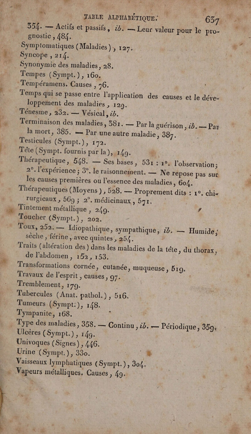 RE LES + M2 2 \  35%. — Actifs et passifs, 289 — Leur valeur pour le pro- gnostic , 484. : ; Symptomaliques (Maladies), 127, Syncope , 214. Synonymie des maladies , 28. Tempes (Sympt.), 160. loppement des maladies &gt; 129. Terminaison des maladies, 581. — Par la guérison , &amp;b,— Par la mort, 385. — Par une autre maladie , 387. Testicules (Sympt.), 172. Téte (Sympt. fournis par la), 149. 5 Thérapeutique, 548. — Ses bases, 531 : re, l'observation; 2°. l’expérience ; &amp;. le raisonnement. — Ne repose pas sur les causes premières ou l'essence des maladies, 604. Thérapeutiques ( Moyens ) , 528. — Proprement dits : 1°. chi- rurgicaux , 569 ; 2°. médicinaux , 971. Toucher (Sympt.), 202. Toux, 252: — Idiopathique, sympathique, :8. — Humide; sèche , férine ,.avec quintes , 25/. : Traits (altération dés) dans les maladies de la tête, du thorax, de l'abdomen, 152, 153. Transformations cornée, cutanée, muqueuse , b19. Travaux de l'esprit , causes &gt; 97: Tremblement, 179. | Tubercules (Anat. pathol.), 516. Tumeurs (Sympt:), 145. Type des maladies, 358. — Continu &gt; 10. — Périodique, 359, Ulcères (Sympt.) &gt; 149. Univoques (Signes) , 446. Urine (Sympt.), 330. Ut Vaisseaux lymphatiques (Sympt.), 304.