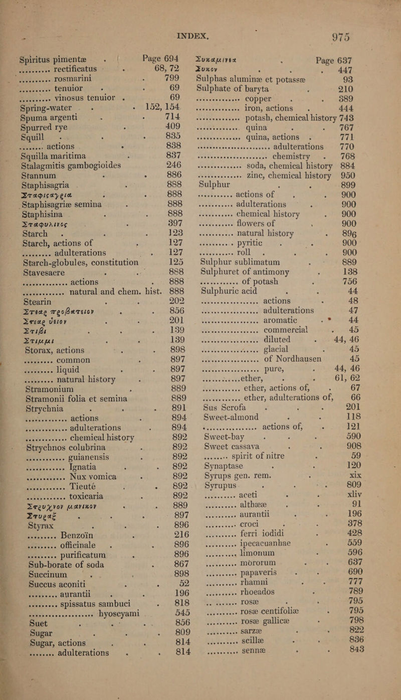 seseceeeee FeCtificatus - 68, 72 PLEe svi rosmarini 799 aia ast tenuior 69 ceeeeeseee Virlosus tenuior . 69 Spring-water 152, 154 Spuma argenti 714 Spurred rye : 409 Squill . . ; 835 geek « . actions . 838 Squilla maritima 837 Stalagmitis peeves 246 Stannum . 886 Staphisagria 888 Srapisayera 888 Staphisagrie semina 888 Staphisina 888 Sraguarves 397 Starch 123 Starch, actions of 127 oo eee adulterations 127 Starch-globules, constitution 125 Stavesacre ; 888 oa actions 888 ee natural and chem. hist. 888 Stearin 202 Breage reoBurstov 856 Serene vetor 201 EriBs 159 Stipes 139 Storax, actions 898 seosseeee COMMON 897 Been as liquid : 897 ho eee natural history 897 Stramonium ; 889 Stramonii folia et semina 889 Strychnia 891 See actions 894 Relais; an wae ss adulterations 894 eC eee chemical history 892 -Strychnos colubrina 892 BES cibees ie guianensis 892 Be ah od sixes Ignatia 892 Sha vace eke Nux vomica 892 Bde ceixepiv Tieute ; tea geoeee Pees oan. tOXiCATIA 892 Sreuxyvoy mavenay 889 Zrvexe 897 Styrax - 896 Baie wase Benzoin 216 Bt vese officinale 896 Efeys ess purificatum 896 Sub-borate of soda 867 Succinum 898 Succus aconiti 52 Pages ose: aurantii 196 mua . spissatus sambuci 818 Bab eas tap sossnans hyoscyami 545 Suet oer 856 Sugar 809 Sugar, actions 814 seeseeee adulterations 814 975 Xuxoy 2 447 Sulphas alumine et potasse 93 Sulphate of baryta 210 WUaaide olsen copper 389 eae evawens ves iron, actions 444 a oetwnn oageae potash, chemical pee 743 eeseet sGieues quina 767 ase hvpiens aie +» quina, actions 771 ee ees err Er adulterations 770 COR EY chemistry 768 A eee an soda, chemical history 884 Macks icots zine, chemical history 950 Sulphur : 899 Ay?) eae actions of 900 OS epee adulterations 900 Ben vad ee chemical history 900 i ee flowers of 900 Ite acts © natural history 896 Bene anis pyritic 900 Feteniecus roll 900 Sulphur sublimatum 889 Sulphuret of antimony 138 Beans of potash 756 ee acid 44 .. actions 48 Sin sic phx tye chia adulterations 47 CE Seasiaae desiee aromatic oH 44 .se. COMMercial 45 ..... diluted 44, 46 ... glacial 45 . of Nordhausen 45 Eleni deste nd oa Baler ey 44, 46 ou... ether, 61, 62 .. ether, actions of, 67 ee . ether, adulterations of, 66 Sus Scrofa 201 Sweet-almond 118 HED a, ocd Ace HCHO OH 12] Sweet-bay 590 Sweet cassava 908 pists spirit of nies 59 Synaptase 120 Syrups gen. rem. xix Syrupus 809 siiescass aceti xliv RS oe althzeee 91 Ret car aurantil 196 Nees «Saint croci 378 oP Pope ferri iodidi 428 Kidde vines ipecacuanhae 559 ese skey limonum 596 Corfe mororum 637 eetairsas papaveris 690 Sa dss rhamni 777 Mi ere rhoeados 789 Rata sence rose 795 neo rose centifoliz 795 ilo. vacwe rose gallice 798 wae dee sarze 822 Sede. hres scille 836 Apacer senne 843