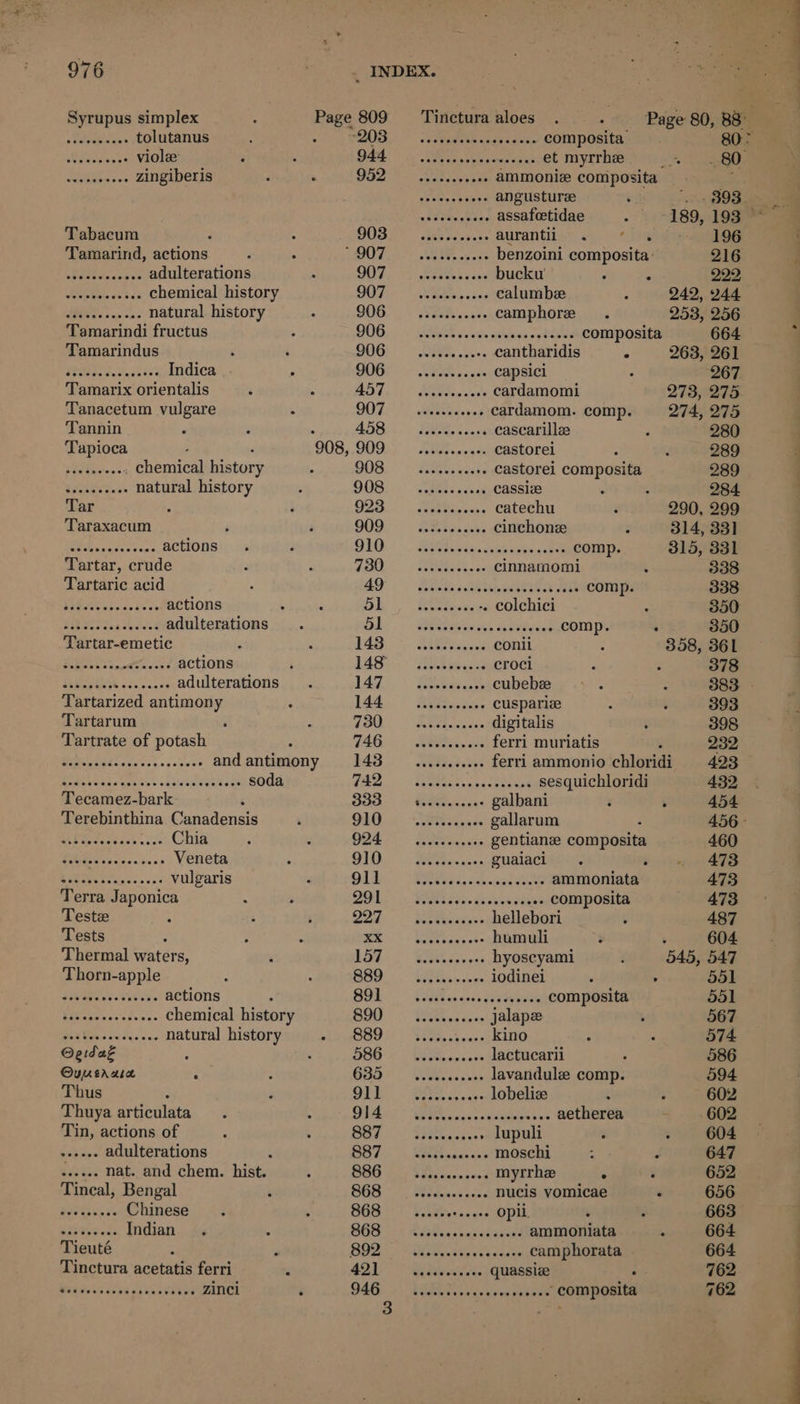 Syrupus simplex iT saita des tolutanus Ae viole Se aria zingiberis Tabacum Tamarind, actions .. adulterations Me hel vase chemical history eeseeeeeeeee Natural history Tamarindi fructus Tamarindus ‘ ‘ a ek aE ES Indica : Tamarix orientalis Tanacetum vulgare ‘ Tannin Tapioca . . seats . chemical history We 5 natural history Taraxacum ‘ Se stacavec vans actions Tartar, crude Tartaric acid vee .. actions a PESTS SKS adulterations Tartar-emetic Ft [= AP gery actions ee eve S200 adulterations Tartarized antimony Tartarum Tartrate of potash Rea eee asc eet cb kle .- soda Tecamez-bark Terebinthina Canadensis Oe es Pe ae Chia eeeeyasesaes. sso VUl aris Terra Japonica Teste Tests ; Thermal waters, Thorn-apple Seman aeie cy « actions : .. chemical history “AY eee natural history Ogidag 3 Ouueraa . Thus Thuya articulata Tin, actions of bietac adulterations : eon nat. and chem. hist. Tincal, Bengal ‘ eg A Chinese Tinctura acetatis ferri i Tinctura aloes Page 80, 88° 203. ° ivipaditecesraecae composita 80> O44 Sy snipe tee et myrrhe 80 [a ee Aad aT ammoniz composita ; apetensanes angusturee . - 893 bv oes thes assafeetidae 189, 193 DOS 27 ink scesese aurantii . ~~ 196 WOT AEA oes benzoini composita: 216 GOT, on eeakes vane bucku’ - 222 DOT) takin s ches calumbee 242, 244 GOB) | Wee cas: camphor 2537256 DOG, ir FORE oes alas composita 664 DOG!) OR eo. cantharidis 5 263, 261 DOG Eo ERR suds capsici 267 AST.) SR te cardamomi 273,°275 DOT sea ewes cardamom. comp. 274, 275 SB. Fe hc wase cascarillee 280 DOOR). Peat vne es castorel 289 SOS. Sees vast castorei composita 289 OOS), > aa has cassie 284. SE SPY («ma catechu 290, 299 O00. HBs, se0 cinchonz 314, 331 910 St slob vie -. comp. 315, 331 ts) 6 Ss oy eee cinnamomi 338 49 Send oo REEL, CARN .. comp. 338 51 Redesvs isa COLCHICN 350 Gh. - - Pie icwns devtwect comp ‘ 350 143.) SO conii 358, 361 LAS-y: Waoeec croci 378 JAZ, \ Ghee cubebee 383 - 144. AUR: cuspariz 393 TOO ERR ites digitalis 398 74G.5- RRR se ferri muriatis 232 1436) Baas ferri ammonio chloridi 423 42. Sees. sha tauuse sesquichloridi 432 Sad: WHS sigs galbani 454 910 Sesseees Qallarum 456° D045 EIR cs gentianz composita 460 O10... Reee co guaiaci 473 2 I: A ammoniata 473 291, Pie dias aes composita 473 DOT) > Beeehaetss hellebori 487 SS eee humuli ‘ , 604 bO1. 2 SRR exe hyoscyami 345, 547 oe): a ee iodinei , 551 Sok! | CaM. aos seen composita 551 BOO.) <7 Wteeas ies jalapee 567 BS 8 | SER Scns kino 574 DEO eases en lactucarii 086 GSO | ORs lavandule comp. 594 OE. WRB seas. lobelize 602 DIAG RR acess ovteaees aetherea 602 SO.) Fike: » lupuli 604 cot aamemec <1 SEPM moschi J 647 BBG fe Siiiarnevsd myrrhe ° 652 RGB i. Wiiasanses nucis vomicae . 656 B68 i Flies .cecs opii. 663 S68 «Bias cctanntias ammoniata 664 BOD Ss Sa tans tetaue camphorata 664 MO iol quassiz oe 762 GAG. RORRT ps envio saieee ‘composita 762 ee ee ee