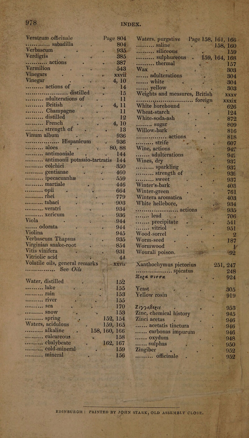 eeertossse eerrerece Page 804 bikesss sé... Sabadilla 804. Verbascum : 9385 Verdigris a 385. Siseeseeose ACTIONS . » + 887 _. Vermilion RBS 543 | - Vinegars : : ewe cle VEE Vinegar : : 4,10 Soh doaiac actions of . - 14 Be ReRe Cu aK ve. cto oa distilled ‘ 15 Kedar ece. adulteratione OfeKs'.. 11 So a British ° 4,11 Paceeees’ Champagne 1] esveseeee distilled 12 Ruseaues French ; F 4,10 supe hines strength of . : 13 Vinum album 936 SER ep ty Hispanicum 936 BREE aloes : 80, 88 sustade te antimoniale 144 aveeveec’ ‘antimonii potassio-tartratis 144 ne Sas yee colchici ‘ . 350 chia .... gentianae 460 a are ipecacuanhz 559 SE By. martiale ° 446 ain ton's 7 opii ° 664 sande .- Thei 4779 beesssses tabaci 903 . +.» Veratri 934 Ns eae xericum 936 Viola : : 944 Riess odorata : ‘ 944 ~ Violina é 945 Verbascum Thapsus 935 Virginian snake-root 854 Vitis vinifera Ne 931 Vitriolic acid Oe 44 Volatile oils, general remarks - =) RXVIr G See Oils ‘ti | Water, distilled 152 EE et lake bi h5S Epona tv rain 153 ars. 3 river ' 135 Bees Pics sea oh 170 = ee snow +, : 153 Reale dae, spring is 152, 154 Waters, acidulous 159,165 diducooey alkaline 158, 160, 166 fa aU calcareous ‘« 158 chalybeate ; 162, 167 Scope mineral. EDINBURGH ;: INDEX: = ce Waters, pur gative Page 158, ‘161 otacae «oo SAUNE es fe sieeeceas Siliceous SE es ee es taticcs sulphureous® . ise, 164, 368 > sseveeeee thermal © ee 17 ee: ieee sastiesaiiens ‘ 904 epic WRte ee ee 30400 sastes ellow 2 308 Weights and measures, British rege por Ea Ree tre eo RA forties xxix = White horehound oS 16265 ae Wheat-starch ; : “124 White-soda-ash S78. sobasess sugar 809° Willow-bark ~—6816— eat agorcgh eateass actions * 818 baited strife Tt PF. Wine, actions Mee = “942 Heres adulterations — ss 945 Wines, dry Lee sparkling Naar strength of Rca welsey sweet. Winter’s-bark Winter-green , Wintera aromatica White hellebore, - toa vaiss ceca vabgeery. OCUIOMS ve lead. “iinet! ae precipitate . ga vitriol Wood.-sorrel Worm-seed Wormwood Wourali Poison. eecesee : See chivihiNs pictorius = 251, 247 Fe BOP ie Spicatus 248 nea wicoe 924 i Yeast eS o%, 805 4 Yellow rosin 7919: ZiyysPeete ; 953 Zine, ihetaical history 945 = Zinci acetas 946 | hy acetatis tinctura 946 | yoo carbonas impurum 946 © ee oxydum th. 948 - Sota sulphas - 950° Zingiber . ‘ 952