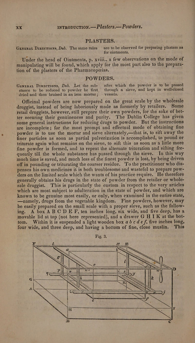 PLASTERS. . Grnerat Directions, Dub. The same rules are to be observed for preparing plasters as for ointments. Under the head of Ointments, p- xviil., a few observations on the mode of manipulating will be found, which apply for the most part also to the prepara- tion of the plasters of the Pharmacopqias. POWDERS. Genrnat Directions, Dub. Let the sub- after. which the powder is to be passed stance to be reduced to powder be first. through a sieve, and kept in well-closed dried and then bruised in an iron mortar; ~ vessels. : Officinal powders are now prepared on the great scale by the wholesale druggist, instead of being laboriously made as formerly by retailers. Some retail druggists, however, still prepare their own powders, for the sake of bet- ter securing their genuineness and purity. ‘The Dublin College has given some general instructions for reducing drugs to powder. But the instructions are incomplete; for the most prompt and effectual mode of obtaining fine powder is to use the mortar and sieve alternately,—that is, to sift away the finer particles as soon as partial pulverization is accomplished, to pound or triturate again what remains on the sieve, to sift. this as soon as a little more fine powder is formed, and to repeat the alternate trituration and sifting fre- quently till the whole substance has passed through the sieve. In this way much time is saved, and much less of the finest powder is lost, by being driven off in pounding or triturating the coarser residue. ‘T'o the practitioner who dis- penses his own medicines it is both troublesome and wasteful to prepare pow- ders on the limited scale which the wants of his practice require. He therefore generally obtains his drugs in the state of powder from the retailer or whole- sale druggist. This is particularly the custom in respect to the very articles which are most subject to adulteration in the state of powder, and which are known to be genuine most easily, or only, when examined in the entire state, —namely, drugs from the vegetable kingdom. Fine powders, however, may be easily prepared on the small scale with a proper sieve, such as the follow- ing. A box ABCD EF, ten inches long, six wide, and five deep, has a movable lid at top (not here represented), and a drawer G H I K at the bot- tom. Within it is suspended a light wooden box abcde f, five inches long, four wide, and three deep, and having a bottom of fine, close muslin. This