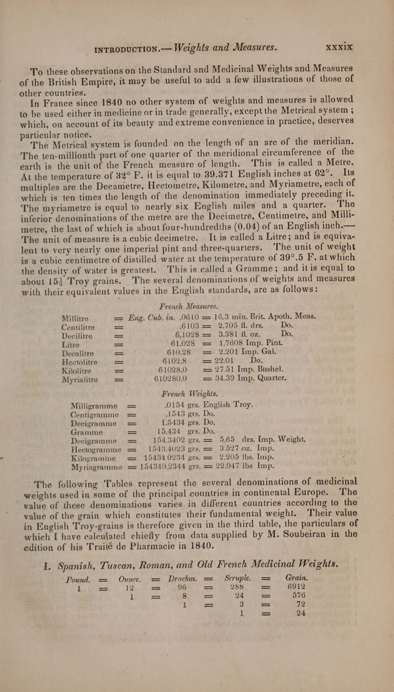 To these observations on the Standard and Medicinal Weights and Measures of the British Empire, it may be useful to add a few illustrations of those of other countries. i In France since 1840 no other system of weights and measures is allowed to be used either in medicine or in trade generally, except the Metrical system ; which, on account of its beauty and extreme convenience in practice, deserves particular notice. The Metrical system is founded on the length of an are of the meridian. The ten-millionth part of one quarter of the meridional circumference of the earth is the unit of the French measure of length. ‘This is called a Metre. At the temperature of 82° F. it is equal to 39.371 English inches at 62°. Its multiples are the Decametre, Hectometre, Kilometre, and Myriametre, each of which is ten times the length of the denomination immediately preceding it. The myriametre is equal to nearly six English miles and a quarter. The inferior denominations of the metre are the Decimetre, Centimetre, and Milli- metre, the last of which is about four-hundredths (0.04) of an English inch.— The unit of measure is a cubic decimetre. It is called a Litre; and is equiva- lent to very nearly one imperial pint and three-quarters. The unit of weight is a cubic centimetre of distilled water at the temperature of 39°.5 F. at which the density of water is greatest. This is called a Gramme ; and itis equal to about 154 Troy grains. The several denominations of weights and measures with their equivalent values in the English standards, are as follows: French Measures. Millitre == Eng. Cub. in. .0610 = 16.3 min, Brit. Apoth. Meas. Centilitre es 6103 == 2.705. fi. drs. Do. Decilitre = 6,1028.==. 3.381 fl. oz. Do. Litre sn 61.028 == 1.7608 Imp. Pint. Decalitre = 610.28 == 2,201 Imp. Gal. Hectolitre sos 6102.8 == 22:01 Do. Kilolitre et 6 1028.0 == 27.51 Imp. Bushel. Myrialitre — 610280.0 == 34.39 Imp. Quarter. French Weights. .0154 grs. English Troy. 1543 grs. Do. Milligramme Centigramme Decigramme = 1.5434 grs. Do. Gramme = 15.434 grs. Do. Decigramme | = 154.3402 grs. == 5,65 drs. Imp. Weight. Hectogramme == 1543.4023 grs. == 3.527 oz. Imp. Kilogramme == 15434.0234 grs. == 2.205 Ibs. Imp. ‘ Myriagramme 154340.2344 grs. == 22.047 lbs. Imp. The following ‘Tables represent the several denominations of medicinal weights used in some of the principal countries in continental Europe. The value of these denominations varies in different countries according to the walue of the grain which constitutes their fundamental weight. Their value in English Troy-grains is therefore given in the third table, the particulars of which I have calculated chiefly from data supplied by M. Soubeiran in the edition of his Traité de Pharmacie in 1840. I. Spanish, Tuscan, Roman, and Old French Medicinal Weights. Pound. == Ounce. == Drachma. == Scruple == — Grain. 1 mee he = 96 = 288 ae 6912 l =&lt; 8 = 24 = 576 1 | 24