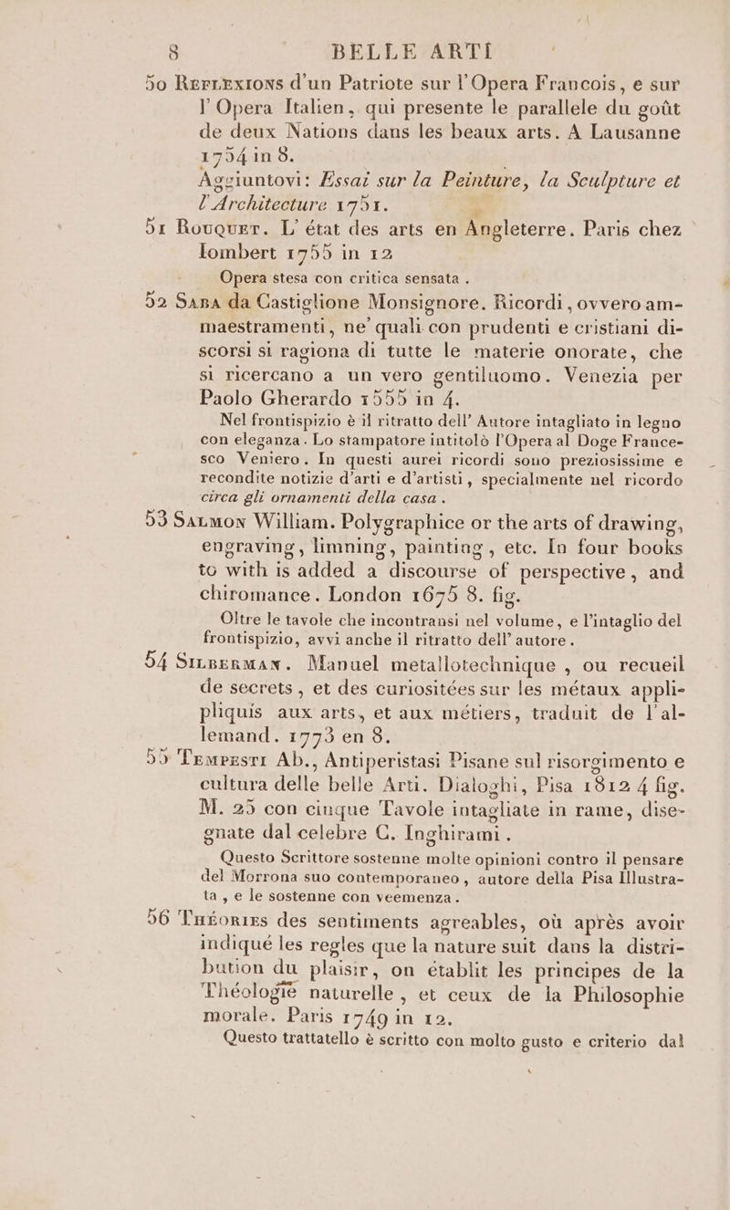 5o RerLExIoNs d'un Patriote sur l'Opera Francois, e sur l'Opera Italien, qui presente le parallele du goùt de deux Nations dans les beaux arts. A Lausanne 1754 in d. Aggiuntovi: Zssaz sur la Peinture, la Sculpture et l'Architecture 1751. ‘ 51 Rouquer. L'état des arts en Angleterre. Paris chez lombert 1755 in 12 Opera stesa con critica sensata . 52 Sana da Castiglione Monsignore. Ricordi, ovvero am- maestramenti, ne quali con prudenti e cristiani di- scorsi si ragiona di tutte le materie onorate, che sl ricercano a un vero gentiluomo. Venezia per Paolo Gherardo 1555 in 4. Nel frontispizio è il ritratto dell’ Autore intagliato in legno con eleganza . Lo stampatore intitolò l'Opera al Doge France- sco Veniero. In questi aurei ricordi sono preziosissime e recondite notizie d’arti e d’artisti, specialmente nel ricordo circa gli ornamenti della casa . 53 SaLmon William. Polygraphice or the arts of drawin 9, engravmg, limning, painting, ete. In four books to with is added a discourse of perspective, and chiromance. London 1675 8. fig. Oltre le tavole che incontransi nel volume, e l’intaglio del frontispizio, avvi anche il ritratto dell’ autore . 54 Siuserman. Manuel metallotechnique , ou recueil de secrets, et des curiositées sur les métaux appli» pliquis aux arts, et aux métiers, traduit de l’'al- lemand. 1773 en 8. 55 Temprsri Ab., Antiperistasi Pisane sul risorgimento e cultura delle belle Arti. Dialoghi, Pisa 1812 4 fig. M. 25 con cinque Tavole intagliate in rame, dise- gnate dal celebre GC. Inghirami. Questo Scrittore sostenne molte opinioni contro il pensare del Morrona suo contemporaneo, autore della Pisa Illustra- ta, e le sostenne con veemenza. 56 Tugories des sentiments agreables, où après avoir indiqué les regles que la nature suit dans la distri- bution du plaisir, on établit les principes de la Théologie naturelle, et ceux de la Philosophie morale. Paris 1749 in 12. Questo trattatello è scritto con molto gusto e criterio dal