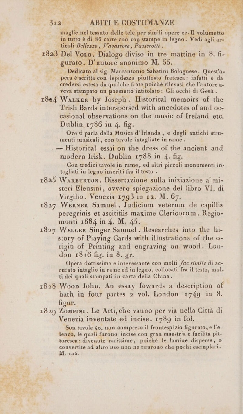 ù &lt; dig! ABITI E COSTUMANZE maglie nel tessuto delle tele per simili opere ec. Il volumetto in tutto è di 86 carte con 109 stampe in legno. Vedi agli ar- ticoli Bellezze , Vavassore, Passerotti , 1823 Del Voto. Dialogo diviso in tre mattine in 8. fi- gurato. D’autore anonimo M. 55. | Dedicato al sig. Marcantonio Sabatini Bolognese. Quest’o- pera è scritta con lepidezza piuttosto fratesca: infatti è da credersi estesa da qualche frate poichè rilevasi che l’autore a- veva stampato un poemetto intitolato: Gli occhi di Gesù. 1324 WaLker by Joseph. Historical memoirs of the Trish Bards interspersed with anecdotes of and oc- casional observations on the music of Ireland etc. Dublin 1786 iu 4. fig. Ove si parla della Musica d’ Irlanda , e degli antichi stru- menti musicali, con tavole intagliate in rame. . = Historical essai on the dress of the ancient and modern Irisk. Dublin 1733 in 4. fig. Con tredici tavole in rame, ed altri piccoli monumenti in- tagliati in legno inseriti fra il testo . 1825 Warsurton. Dissertazione sulla iniziazione a’ mi- steri Eleusini, ovvero spiegazione del libro VI. di Virgilio. Venezia 1793 in 12. M. 67. 1827 Werner Samuel. Judicium veterum de capillis peregrinis et ascititiis maxime Clericorum. Regio- monti 1684 in 4. M. 45. 1827 WELLER Singer Samuel. Researches into the hi. story of Playing Gards with illustrations of the o- ricin of Printing and engraving on wood. Lon- don 1816 fig. in $. gr. Opera ii e interessante con molti fac sizzile di ac- curato intaglio in rame ed in legno, collocati fra il testo, mol- ti dei quali stampati in carta della China. 1328 Woop John. An essay fowards a description of bath in four partes 2 vol. London 1749 in 8. ficur. 1829 Zompini. Le Arti, che vanno per via nella Città di Venezia inventate ed incise. 1789 in fol. Son tavole 40, non compreso il frontespizio figurato, e l’e - lenco, le quali furono incise con gran maestria e facilità pit- toresca: divenute rarissime, poichè le lamine disperse, o convertite ad altro uso non ne tirarowo che pochi esemplari.