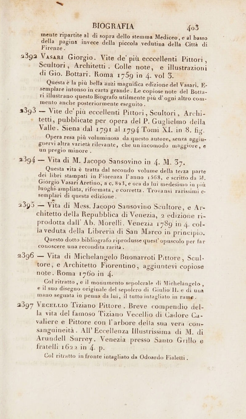 mente ripartite al di sopra dello stemma Mediceo, e al basso della pagina invece della piccola vedutina della Città di Firenze . 2393 2394 2399 2396 2397 Scultori; Architetti . Colle note, e illustrazioni di Gio. Bottari. Roma 1759 in 4. vol 3. Questa è la più bella anzi magnifica edizione del Vasari. E- semplare intonso in carta grande. Le copiose note del Botta- ri illustrano questo Biografo utilmente più d’ogni altro com- mento anche posteriormente eseguito . — Vite de’ più eccellenti Pittori, Scultori, Archi- tetti, pubblicate per opera del P. Guglielmo della Valle. Siena dal 1791 al 1794 Tomi XI. in 8. fig. Opera resa più voluminosa da questo autore, senza aggiu- gnervi altra varietà rilevante, che unincomodo maggiore, e un pregio minore . — Vita di M. Jacopo Sansovino in 4. M. dI Questa vita è tratta dal secondo volume della terza parte dei libri stampati in Fiorenza l’anno 1568, e scritto da M. Giorgio Vasari Aretino, a c. 823, e ora da lui medesimo in più luoghi ampliata, riformata, e corretta. Trovansi rarissimi e- semplari di questa edizione. * — Vita di Mess. Jacopo Sansovino Scultore, e Ar- chitetto della Repubblica di Venezia, 2 edizione ri- prodotta dall’ Ab. Morelli. Venezia 1789 in 4. col- la veduta della Libreria di San Marco in principio. Questo dotto bibliografo riprodusse quest’ opuscolo per far conoscere una recondita rarità . — Vita di Michelangelo Buonarroti Pittore, Scul- tore, e Architetto Fiorentino, aggiuntevi copiose note. Roma 1760 in 4. Col ritratto , e il monumento sepolcrale di Michelangelo, e il suo disegno originale del sepolcro di Giulio II. e di una mano segnata in penna da lui, il tutto intagliato in rame. VeceLLIO Tiziano Pittore . Breve compendio ciel- la vita del famoso Tiziano Vecellio di Cadore Ca- valiere e Pittore con l’arbore della sua vera con- sanguineità . All’ Eccellenza Illustrissima di M. di Arundell Surrey. Venezia presso Santo Grillo e fratelli 1622 in 4. p. Col ritratto in fronte intagliato da Odoardo Fialetti .